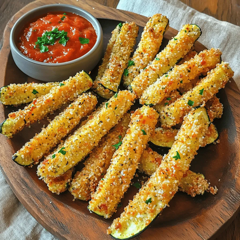 - 2 medium zucchini, cut into sticks - 1 cup breadcrumbs (preferably panko) - 1/2 cup grated Parmesan cheese - 1 teaspoon garlic powder - 1 teaspoon onion powder - 1 teaspoon dried oregano - 1/2 teaspoon salt - 1/4 teaspoon black pepper - 2 large eggs, beaten - Olive oil spray (or enough for drizzling) Zucchini is a great veggie for fries. It is low in calories and high in water. Each serving has about 120 calories. The macronutrients include carbs, protein, and fat. - Calories per serving: 120 - Macronutrients breakdown: - Carbohydrates: 15g - Protein: 6g - Fat: 4g Zucchini provides many health benefits. It is rich in vitamins A and C. It also has potassium and fiber. Eating zucchini can help with digestion and hydration. You will love how tasty these fries are and how good they are for you! For the full recipe, check the earlier section. 1. Preheat the oven and prepare the baking sheet: Set your oven to 425°F (220°C). This high heat helps the fries become crispy. Line a baking sheet with parchment paper. This will make cleanup easy. 2. Prepare the breadcrumb mixture: In a bowl, mix 1 cup of breadcrumbs, 1/2 cup of grated Parmesan cheese, 1 teaspoon of garlic powder, 1 teaspoon of onion powder, 1 teaspoon of dried oregano, 1/2 teaspoon of salt, and 1/4 teaspoon of black pepper. Stir well so all the flavors blend together. 3. Set up the egg wash station: Take 2 large beaten eggs and place them in a shallow bowl. This will help the breadcrumbs stick to the zucchini. 1. Dip zucchini in eggs and coat with breadcrumbs: Take each zucchini stick and dip it into the eggs. Let any extra egg drip off. Then, roll it in the breadcrumb mixture. Press gently to make sure the crumbs stick well. 2. Arrange zucchini fries on the baking sheet: Place the coated zucchini fries on the prepared baking sheet in a single layer. Leave space between each fry. This helps them get crispy all around. 3. Bake to perfection and serve: Lightly spray or drizzle the tops with olive oil. This step helps them brown nicely. Bake in the oven for 20 to 25 minutes. Flip them halfway through to ensure even cooking. Once golden brown and crispy, take them out. Let them cool for a few minutes before serving. Check out the Full Recipe for more details. To get crispy zucchini fries, do not overcrowd the baking sheet. If you place too many fries close together, they will steam instead of crisp. Keep space between each fry. Bake them at 425°F (220°C) for 20-25 minutes. Flip them halfway through for even cooking. This high heat helps achieve that golden brown color and crunch. If you want to switch things up, you can use crushed cornflakes or almond flour instead of breadcrumbs. Both add great texture. For a dairy-free option, try nutritional yeast or a dairy-free Parmesan substitute. These options still provide flavor without the dairy. Serve your crispy zucchini fries with tasty dips. Marinara is a classic choice, and garlic aioli adds a nice kick. You can also pair them with a light salad or grilled chicken for a full meal. Enjoying these fries with friends makes for a fun snack experience. Check out the Full Recipe for ideas on how to make the most of your crispy zucchini fries! {{image_2}} You can easily change the taste of your crispy zucchini fries. Start by adding spices and herbs. A pinch of cayenne pepper or smoked paprika adds heat and depth. Fresh herbs like basil or thyme can brighten up the dish. Mixing different cheese blends also brings a new twist. Try mozzarella or cheddar along with Parmesan. This makes each bite cheesy and flavorful. You can use a blend of cheeses to get that perfect melt. The air fryer is a fantastic way to make crispy zucchini fries. It uses hot air to cook, making the fries crunchy without much oil. Set the air fryer to 400°F and cook for about 15 minutes. Shake the basket halfway through for even crispiness. Pan-frying offers a different texture that some find delightful. Heat a skillet with oil over medium heat. Fry the coated zucchini sticks for about 3-4 minutes on each side. This method gives you a golden crust and a soft inside. Feel free to add seasonal vegetables to your fries. Sweet potatoes or carrots can work well. Cut them into sticks and follow the same steps in the recipe. You can also make zucchini fries with other veggies. Eggplant or bell peppers can be excellent choices. They cook similarly and add different flavors to your dish. Each variation keeps your snacks fresh and exciting! For the full recipe, check the section above. To keep your crispy Parmesan zucchini fries fresh, follow these tips: - Place them in an airtight container. This keeps moisture out. - Line the container with paper towels to absorb any excess moisture. - Store in the fridge for up to 3 days. Reheating your zucchini fries can be tricky. Here’s how to keep them crispy: - Use an oven or air fryer for the best results. - Preheat the oven to 375°F (190°C). - Bake for about 10-15 minutes. Flip halfway to ensure even crisping. Can you freeze them for later? Yes! Here’s how: - Place cooled fries in a single layer on a baking sheet. - Freeze until solid, then transfer to a freezer bag. - You can store them for up to 2 months. Reheat from frozen in the oven for best taste. For the full recipe and more tips, check out the [Full Recipe]. To make zucchini fries crispy, follow these tips: - Use panko breadcrumbs for a lighter crunch. - Make sure to coat the zucchini sticks evenly. - Don't overcrowd the baking sheet. Space helps them crisp. - Bake at 425°F for the best texture. - Drizzle with olive oil or spray before baking. These steps help the fries become golden and crunchy. The right technique makes all the difference. Yes, you can use other cheeses for flavor. Here are some great options: - Grated mozzarella for a milder taste. - Pecorino Romano for a sharper bite. - Cheddar for a rich, savory flavor. Experimenting with different cheeses adds fun twists to your fries. Each cheese brings its unique taste. Zucchini fries taste great with various dips. Here are some popular choices: - Marinara sauce for a classic Italian touch. - Garlic aioli for a creamy, flavorful dip. - Ranch dressing for a cool, tangy contrast. These dips enhance the flavor of the fries. They make the snack even more enjoyable. To make gluten-free zucchini fries, swap out the breadcrumbs. Here are some options: - Use gluten-free panko breadcrumbs. - Almond flour is a great low-carb choice. - Ground oats can also create a nice coating. These substitutes keep the fries tasty without gluten. You can still enjoy the crunch. Yes, you can bake without eggs. Here are some effective alternatives: - Use unsweetened applesauce as a binder. - Try a mixture of ground flaxseed and water. - Silken tofu can also work well. These substitutes provide a coating for the breadcrumbs. They maintain the crispiness of your zucchini fries. For the full recipe, check out [Full Recipe]. Zucchini fries are easy and fun to make. We covered ingredients, steps, and tips for the best results. You learned how to achieve a crispy texture, use different seasonings, and substitute ingredients to suit your needs. Enjoy these fries with your favorite dips for a tasty side or snack. Whether you bake, air fry, or pan-fry, you can customize this recipe to your taste. Remember, cooking is all about experimenting, so have fun with your zucchini fries!
