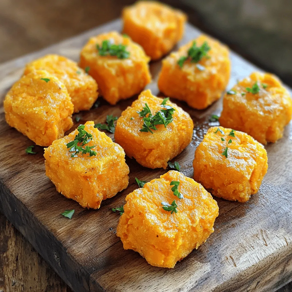 To make crispy sweet potato tots, gather these key ingredients: - 2 medium sweet potatoes, peeled and cubed - 1/2 cup all-purpose flour (or gluten-free flour) - 1/4 cup cornstarch - 1 teaspoon garlic powder - 1 teaspoon onion powder - 1/2 teaspoon paprika - 1/2 teaspoon salt - 1/4 teaspoon black pepper - 1 large egg, lightly beaten - 1 tablespoon olive oil - Optional: Chopped fresh herbs for garnish (e.g., parsley or chives) You can add fun twists to your sweet potato tots. Consider these options: - Cheese: Mix in shredded cheddar or mozzarella for a cheesy bite. - Spices: Add cayenne pepper for heat or cumin for a warm flavor. - Greens: Fold in finely chopped spinach or kale for added nutrition. Using the right tools makes cooking easier and more fun. Here’s what you’ll need: - A large pot for boiling sweet potatoes - A mixing bowl for combining ingredients - A potato masher or fork to mash the sweet potatoes - A baking sheet lined with parchment paper for easy cleanup - A spatula for flipping the tots in the oven For the full recipe, check the details above. Enjoy your cooking adventure! To start, you need two medium sweet potatoes. Peel and cube them into small pieces. This helps them cook evenly. Next, boil the sweet potato cubes in a pot of salted water. Cook them for about 15 minutes or until they are fork-tender. Drain the cubes and let them cool slightly. You want them cool enough to handle. Now, grab a large mixing bowl. Mash the boiled sweet potatoes until they are smooth. This step is key for a good texture. Add 1/2 cup of flour, 1/4 cup of cornstarch, 1 teaspoon of garlic powder, 1 teaspoon of onion powder, 1/2 teaspoon of paprika, 1/2 teaspoon of salt, and 1/4 teaspoon of black pepper to the bowl. Mix everything until well combined. The mixture should be thick but not too sticky. Then, stir in one large beaten egg and 1 tablespoon of olive oil. This will bind the mixture together. With clean hands, form the mixture into small tot shapes. Each should be about the size of a walnut. Place them on a lined baking sheet, making sure to space them out. This allows for even baking. Now, bake them in your preheated oven at 425°F for 25 to 30 minutes. Flip them halfway through to ensure both sides get crispy. Once they are golden brown, take them out and let them cool for a few minutes. If you like, you can garnish them with fresh herbs. Enjoy your crispy sweet potato tots! For the full recipe, check the details above. To get your sweet potato tots really crispy, follow these steps: - Boil, then cool: Boil the sweet potatoes until soft, but cool them down before mashing. This helps remove excess moisture. - Use cornstarch: Adding cornstarch helps absorb moisture and adds crunch. Don't skip this step! - Proper spacing: When placing tots on the baking sheet, make sure they have space. This allows air to circulate. - Flip halfway: Flip the tots halfway through baking. This ensures both sides get crispy and brown. While the basic recipe is tasty, you can add more flavor: - Cheese: Mix in shredded cheese like cheddar for a cheesy twist. - Spice it up: Add cayenne pepper for heat or chili powder for a smoky flavor. - Fresh herbs: Mix in fresh herbs like parsley or cilantro for a fresh taste. - Dipping sauce: Serve with your favorite sauce, like ranch or spicy mayo, for extra flavor. Avoid these common pitfalls to make perfect tots: - Overmixing: Don't overmix the dough. This can make the tots tough. - Too much moisture: Make sure the sweet potatoes are well-drained after boiling. - Ignoring oven temp: Always preheat your oven. Baking them at the right temp is key for crispiness. - Skipping the egg: The egg helps bind the ingredients. Missing it can lead to crumbly tots. You can find the full recipe for these crispy sweet potato tots to help you make them just right! {{image_2}} You can add cheese to your sweet potato tots for a creamy twist. Simply mix in 1/2 cup of shredded cheese, like cheddar or mozzarella, to the mashed sweet potatoes. This adds a rich flavor and gooey texture. Shape and bake as usual. The cheese creates a deliciously melty center that pairs well with the crispy outside. If you love heat, try adding some spice. Mix in 1 teaspoon of cayenne pepper or chili powder to the sweet potato mixture. You can also add minced jalapeños for an extra kick. This spicy version gives your tots a bold flavor that’s sure to impress. Serve them with sour cream or yogurt to cool down the heat. You can easily make these tots vegan. Replace the egg with 1/4 cup of unsweetened applesauce or a flax egg (1 tablespoon flaxseed meal mixed with 2.5 tablespoons water). Also, use a vegan cheese if you want a cheesy flavor. This way, everyone can enjoy crispy sweet potato tots, no matter their diet. Check the Full Recipe for all the needed steps. To keep leftover sweet potato tots fresh, let them cool first. Place them in an airtight container. You can store them in the fridge for up to three days. Make sure to keep them in a single layer to avoid sogginess. To reheat the tots, use an oven or an air fryer. Preheat your oven to 375°F (190°C). Place the tots on a baking sheet and warm them for about 10-12 minutes. If you use an air fryer, set it to 350°F (175°C) and heat for 5-7 minutes. This will help them regain their crispiness. You can freeze sweet potato tots before baking. Arrange the formed tots on a baking sheet and freeze until solid. Then, transfer them to a freezer bag for up to three months. When ready to cook, you can bake them straight from the freezer. Just add a few extra minutes to the cooking time. Yes, you can use purple sweet potatoes. They taste great and add fun color. The texture will be similar, but they have a slightly different flavor. They add a nice twist to your crispy sweet potato tots. If you like, try mixing purple and orange sweet potatoes for a colorful dish. To make sweet potato tots gluten-free, simply use gluten-free flour instead of regular flour. You can find many good brands in stores. Cornstarch is already gluten-free, so keep that in your recipe. This swap works perfectly, and you won’t lose any taste. You can find pre-made sweet potato tots in most grocery stores. Check the frozen food aisle. Brands often sell them in bags, making it easy to grab and cook. Just read the label to ensure they match your needs. You can serve crispy sweet potato tots in many fun ways. Here are a few ideas: - Pair them with a dipping sauce like ranch or ketchup. - Serve with a side of fresh veggies for a complete snack. - Top them with cheese or herbs for extra flavor. - Use them as a side dish with burgers or sandwiches. For the full recipe, check out the Crispy Sweet Potato Tots section. Enjoy your cooking! This blog post covered how to make sweet potato tots. You learned about the key ingredients and tools needed. We explored step-by-step instructions for prep, mixing, shaping, and baking. I shared tips for extra crispiness and flavor boosts, plus common mistakes to avoid. You saw fun variations like adding cheese or spice. Finally, I shared how to store, reheat, and freeze your tots. With this guide, you can make delicious sweet potato tots that everyone will love. Enjoy experimenting with flavors and sharing your creations!