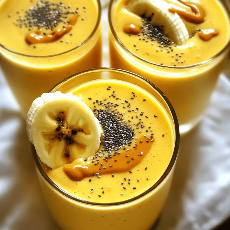 - 2 ripe bananas, frozen - 2 tablespoons creamy peanut butter - 1 cup almond milk (or any milk of choice) The key to a great Peanut Butter Banana Smoothie lies in the ingredients. Use ripe, frozen bananas for a creamy texture. The bananas add natural sweetness and a rich flavor. Creamy peanut butter gives a nutty taste and healthy fats. Almond milk keeps it light and smooth. You can also choose other milk types like oat or soy. - 1 tablespoon honey or maple syrup - 1 tablespoon chia seeds - A pinch of cinnamon For extra sweetness, add honey or maple syrup. Chia seeds boost nutrition and add fiber. A pinch of cinnamon adds warmth and depth to the flavor. These options are fun ways to change the smoothie to fit your taste. - Different types of milk alternatives (soy, oat, coconut) - Additional fruits (berries, spinach) for nutrient boost You can switch up the milk based on your preference. Soy, coconut, or oat milk all work well. If you want more nutrients, toss in some berries or spinach. These fruits add color and flavor while keeping it healthy. Enjoy experimenting with these variations to find your perfect mix. For the full recipe, check out the Peanut Butter Banana Bliss Smoothie. 1. Peel and break frozen bananas into chunks. This makes blending easier and smoother. Use ripe bananas for the best taste. 2. Gather all ingredients before blending. Having everything ready helps you blend faster and keeps you organized. 1. Combine ingredients in the blender. Add banana chunks, creamy peanut butter, almond milk, honey or maple syrup, chia seeds, vanilla extract, and cinnamon. 2. Tips on achieving the perfect blend. Start blending on low speed, then move to high speed. If it’s too thick, add more almond milk. For a colder drink, toss in some ice cubes. 1. Pour smoothie into chilled glasses. This keeps your drink cold and refreshing. 2. Optional garnishes for presentation. Sprinkle chia seeds on top, drizzle peanut butter, or add a slice of banana for a nice look. Enjoy your Peanut Butter Banana Bliss Smoothie with a smile! To get the right smoothie, adjust the consistency first. If your mix is too thick, add more milk. I like almond milk, but any milk works. For an extra chill, toss in some ice cubes. It makes the drink cool and refreshing. Sweetness can be tricky. You can use honey or maple syrup, but you don't need to. Try adding a ripe banana. It gives natural sweetness without the extra sugar. I often skip added sweeteners altogether. One mistake is over-blending. If you blend too long, your smoothie may get warm and lose its creamy texture. Blend just until smooth. On the flip side, under-blending leaves chunks. Find the right balance for a silky drink. Another common error is using fresh bananas instead of frozen. Frozen bananas make your smoothie thick and cold. I always keep some in my freezer for this recipe. Chia seeds are tiny but mighty. They add fiber, protein, and omega-3s to your smoothie. Just one tablespoon packs a punch. Peanut butter is also rich in protein and healthy fats. Together, they make your smoothie filling and nutritious. Want more protein? You can add Greek yogurt or protein powder. This boosts the protein level and keeps you full longer. It’s a great way to power through your day. {{image_2}} You can make a healthier peanut butter banana smoothie in a few ways. First, use unsweetened almond milk. This choice cuts calories while keeping it creamy. You can also skip the honey or maple syrup for a low-calorie option. If you want a vegan version, just stick to plant-based milk. Almond, soy, or oat milk works great. This way, you enjoy a tasty smoothie that meets your diet needs. Want to shake things up? Try adding cocoa powder for a rich chocolate flavor. Just a tablespoon can change the game. You can also spice things up with nutmeg or ginger. These spices add warmth and depth to your smoothie. Just a pinch or two will do the trick. Experimenting with flavors keeps your smoothie fun and exciting! If you love smoothie bowls, you can easily turn your drink into a bowl. Just make the smoothie a bit thicker by using less milk. After blending, pour it into a bowl. Then, top it with your favorite goodies! Sliced bananas, granola, or nuts make great toppings. This not only adds texture but also makes your meal more filling. Enjoy your peanut butter banana smoothie as a bowl for a new twist! After making your peanut butter banana smoothie, you may have some left. You can store it in the refrigerator for up to 24 hours. Just pour it into a clean glass jar or a container with a lid. This will help keep it fresh. If you want to save it for later, freezing is a great option. Pour the smoothie into ice cube trays or freezer bags. This way, you can blend a quick snack anytime. Choosing the right containers is key for keeping your smoothie fresh. Use airtight glass or plastic containers. Glass jars are great because they don't absorb odors. Make sure your container is clean and dry before adding the smoothie. This helps prevent any unwanted flavors. Label your containers with the date, so you know when to enjoy them. If you froze your smoothie, you’ll need to thaw it first. Leave it in the fridge overnight or set it out for a few hours. Once thawed, pour it back into the blender. If it looks thick, add a splash of almond milk. Blend until smooth again. This helps restore the creamy texture you love. Enjoy your delicious peanut butter banana smoothie just like the first time! If you have a nut allergy, don't worry! You can use sunflower seed butter or soy nut butter. Both options work well and taste great. You can also try tahini, which is made from sesame seeds. Just choose a spread you enjoy. These substitutes keep your smoothie creamy and tasty. A standard Peanut Butter Banana Smoothie has about 350-400 calories. This will vary based on your choices. For example, if you use almond milk and skip the honey, it will have fewer calories. Here’s a quick breakdown: - 2 ripe bananas: ~210 calories - 2 tablespoons peanut butter: ~190 calories - 1 cup almond milk: ~30 calories - 1 tablespoon honey (optional): ~60 calories Adjust your ingredients to fit your diet! Yes, you can make this smoothie ahead of time! Blend it up and store it in the fridge for up to 24 hours. Just give it a stir or shake before you drink it. For busy mornings, you can also prep the ingredients. Freeze the bananas and measure out the peanut butter and other items. In the morning, just blend them together! This smoothie is not just tasty; it is also healthy! Bananas give you potassium and fiber. They help with digestion and keep you full. Peanut butter adds protein and healthy fats. This helps build muscles and keeps you energized. Plus, chia seeds are packed with omega-3s and fiber. They boost your heart health and help you feel good! Enjoy this smoothie as a great start to your day or a midday snack. For the full recipe, check out the Peanut Butter Banana Bliss Smoothie. The Peanut Butter Banana Smoothie is easy to make and full of flavor. You learned about key ingredients, like bananas and peanut butter. Customization options, such as honey and chia seeds, can suit your taste. Tips helped you avoid common mistakes, ensuring the best blend. You can also try fun variations to keep it exciting. In the end, this smoothie is not just tasty; it's also nutritious. Enjoy experimenting and making it your own!