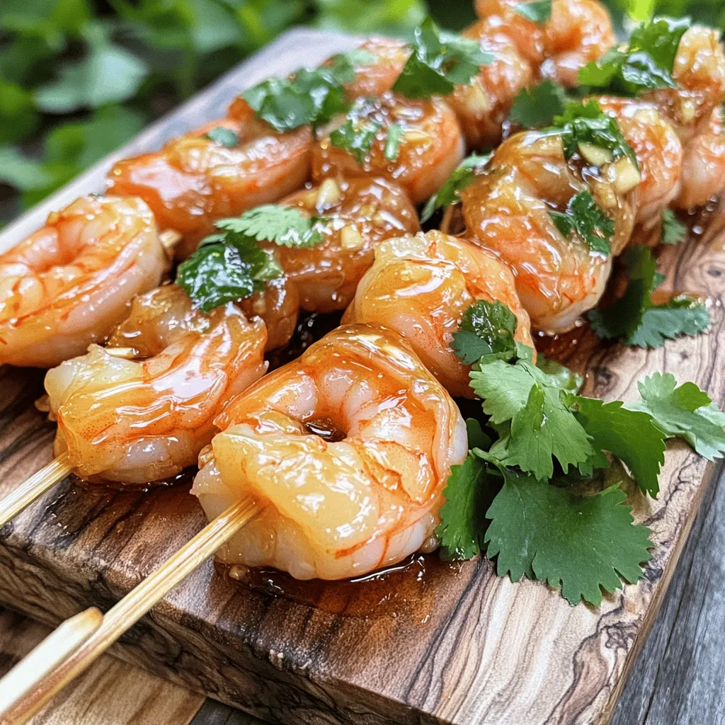 For Honey Garlic Shrimp Skewers, gather these simple ingredients: - 1 lb large shrimp, peeled and deveined - 1/4 cup honey - 3 tablespoons soy sauce - 3 cloves garlic, minced - 1 tablespoon fresh ginger, grated - 1 tablespoon olive oil - Juice of 1 lime - Salt and pepper to taste - Bamboo skewers (soaked in water for 30 minutes, if using) - Fresh cilantro, chopped (for garnish) When choosing shrimp, fresh is best. Fresh shrimp has a firm texture and sweet taste. However, frozen shrimp works well too. It is often frozen right after harvest, locking in flavor. If you buy frozen shrimp, thaw it overnight in the fridge. This ensures even cooking and keeps the shrimp juicy. The marinade gives the shrimp a burst of flavor. It includes honey, soy sauce, garlic, ginger, olive oil, lime juice, salt, and pepper. - Honey adds sweetness and helps caramelize the shrimp on the grill. - Soy sauce brings saltiness and umami. - Garlic and ginger add depth and warmth. - Olive oil keeps the shrimp moist. - Lime juice brightens the flavors and adds zest. Mix these ingredients well to create the perfect marinade. Adjust the amounts to your taste. Remember, the marinade makes this dish shine. For the full recipe, check the complete guide. To make the marinade, start with a bowl. Add 1/4 cup honey, 3 tablespoons soy sauce, and 3 minced garlic cloves. Next, grate 1 tablespoon of fresh ginger and include that too. Pour in 1 tablespoon of olive oil and the juice from 1 lime. Season with salt and pepper to taste. Whisk all the ingredients until they blend well. This marinade will give your shrimp a sweet and savory flavor. Now, take 1 pound of large shrimp, peeled and deveined. Place the shrimp into the bowl with your marinade. Toss the shrimp gently to coat them evenly. It is key to cover the bowl. Let the shrimp marinate in the fridge for at least 30 minutes. This allows the flavors to soak in. The longer you marinate, the better the taste. When you are ready to cook, preheat your grill or grill pan over medium-high heat. Take bamboo skewers, and if they are dry, soak them in water for 30 minutes to prevent burning. Once ready, thread 4-5 shrimp onto each skewer. Place the skewers on the hot grill. Cook for 2-3 minutes on each side. Look for the shrimp to turn pink and opaque. This shows they are fully cooked. When done, remove them from the grill and let them rest for a minute. Add fresh cilantro on top for a nice finish. For the full recipe, check the section above. To cook shrimp just right, watch the color. Cook until they turn pink and opaque. This usually takes about 2-3 minutes per side. If they curl tightly, they may be overcooked. For a tender bite, remove them from heat as soon as they are done. Remember, shrimp continue to cook after you take them off the grill. Soaking bamboo skewers is key to prevent burning. Place them in water for about 30 minutes before use. This helps them stay moist while grilling. If you skip this step, they may char or catch fire. It’s a simple trick that makes a big difference in your dish. Garnishing adds a nice touch to your dish. Fresh cilantro is a great choice. It adds color and a fresh flavor. You can also use lime wedges for a zesty kick. Serve these with the skewers to enhance the taste. A sprinkle of sesame seeds can add a fun crunch. Get creative with your garnishes to make your dish shine. For the full recipe, check our detailed guide. {{image_2}} You can switch up the marinade to change the flavor. Try adding sriracha for heat. A splash of orange juice adds brightness. For a tangy twist, use apple cider vinegar. You can also use fresh herbs like basil or parsley for extra flavor. Each change gives the dish a new life. You don’t have to use shrimp. Chicken works well too! Cut it into bite-sized pieces. For a vegetarian option, try tofu. Just press the tofu to remove water, then marinate it. Fish like salmon or scallops can also be great on skewers. Each protein cooks a bit differently, so adjust your grill time. Serve these skewers with rice or quinoa for a full meal. A fresh salad pairs nicely too. You can also add a dipping sauce like sweet chili or peanut sauce. For a fun twist, serve them in taco shells with slaw. These ideas keep your meals exciting and tasty. For the full recipe, refer to the earlier section that lists all the ingredients and steps. After you enjoy your honey garlic shrimp skewers, store any leftovers in an airtight container. Keep the container in the fridge. These shrimp stay fresh for about two days. Make sure they cool down before sealing them. This helps keep them tasty. When you're ready to eat your leftovers, there are a few easy ways to heat them up. You can use a microwave, which is quick. Place the skewers on a plate and cover them with a damp paper towel. Heat for about 30 seconds. Check to see if they are warm. If not, heat for another 15 seconds. You can also reheat them on a stovetop. Just place them in a skillet over medium heat for a few minutes. This method keeps them juicy. If you want to save the shrimp for later, freezing is a great option. First, let the skewers cool completely. Then, wrap them tightly in plastic wrap or foil. You can also place them in a freezer bag. Remove as much air as possible before sealing. They can stay in the freezer for up to two months. When you're ready to eat, thaw them in the fridge overnight. Then, reheat using your favorite method. Enjoy your honey garlic shrimp skewers whenever you like! For the full recipe, check the details above. You should marinate shrimp for at least 30 minutes. This time helps the shrimp soak up all the flavors. If you have more time, you can marinate them for up to 2 hours. But don't go longer than that, or the shrimp may turn mushy. Yes, you can use wooden skewers. Just make sure to soak them in water for 30 minutes before using. Soaking prevents the skewers from burning on the grill. If you skip this step, your skewers may catch fire and ruin your dish. Honey garlic shrimp skewers pair well with many sides. Here are some ideas: - Steamed rice - Grilled vegetables - A fresh salad - Quinoa - Noodles These sides add balance and flavor to your meal. You can find the full recipe for the honey garlic shrimp skewers to help you get started! In this blog post, we covered key ingredients for grilling shrimp and their marinades. I shared step-by-step instructions for preparing and grilling shrimp. You learned tips for cooking shrimp perfectly and how to add garnishes that impress. We explored variations with different proteins and serving ideas. Finally, I provided storage tips to keep leftovers fresh. Enjoy grilling shrimp with these simple, effective methods. The right ingredients and techniques make all the difference. Happy cooking!