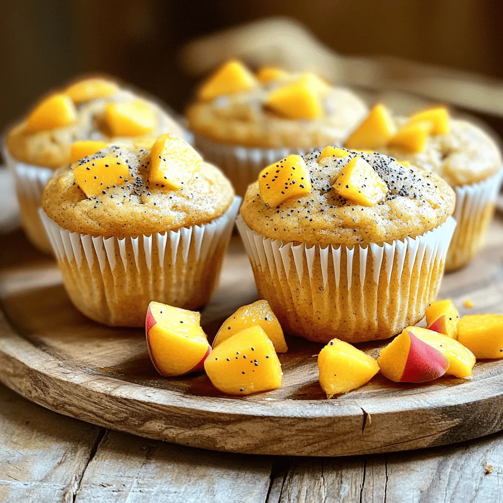 - 1 cup ripe peaches, diced - 1/2 cup granulated sugar - 1/3 cup unsalted butter, melted - 1 large egg - 1 teaspoon vanilla extract - 1/2 cup buttermilk - 1 1/2 cups all-purpose flour - 1 teaspoon baking powder - 1/2 teaspoon baking soda - 1/4 teaspoon salt - 2 tablespoons poppy seeds - Optional: 1/2 teaspoon cinnamon for extra flavor The star of this recipe is the ripe peaches. They add natural sweetness and moisture to the muffins. I recommend using fresh, juicy peaches for the best flavor. The poppy seeds provide a nice crunch and a subtle nutty taste. They also make the muffins look pretty! Buttermilk is another key ingredient. It makes the muffins soft and tender. It also adds a slight tang that balances the sweetness. If you can't find ripe peaches, you can use canned peaches or even other fruits like blueberries or chopped apples. Just make sure to drain any extra juice from the canned fruit. For buttermilk, mix 1/2 cup of milk with 1/2 tablespoon of vinegar or lemon juice. After five minutes, it will mimic buttermilk. If you need a dairy-free option, use almond milk or oat milk with the acid. Start by preheating your oven to 350°F (175°C). This sets the right heat for baking. Next, line a muffin tin with paper liners or lightly grease each cup. In a large bowl, whisk together the granulated sugar and melted butter until they blend well. Then, add one large egg, a teaspoon of vanilla extract, and half a cup of buttermilk. Whisk these together until smooth. Now, gently fold in one cup of diced peaches. You want to keep the peaches intact for texture. In another bowl, mix 1.5 cups of all-purpose flour, a teaspoon of baking powder, half a teaspoon of baking soda, a quarter teaspoon of salt, and two tablespoons of poppy seeds. If you like, add half a teaspoon of cinnamon for extra flavor. Gradually add the dry mixture to the wet ingredients. Stir gently until just combined. Be careful not to over mix; this keeps your muffins fluffy. Spoon the batter into the muffin tin, filling each cup about two-thirds full. Bake in the preheated oven for 18 to 22 minutes. You can check if they are done by inserting a toothpick in the center. If it comes out clean, they are ready. Once baked, remove the muffins from the oven. Let them cool in the tin for about 5 minutes. After that, transfer the muffins to a wire rack to cool completely. For a lovely touch, serve them warm on a pretty platter. You can garnish with extra diced peaches and a sprinkle of poppy seeds. Enjoy these fresh and fluffy delights! Baking can be tricky. Here are some common mistakes to watch for: - Overmixing the batter: This makes muffins dense. Mix just until combined. - Not measuring ingredients: Use measuring cups and spoons for accuracy. - Skipping the oven preheat: This can affect rise and texture. Always preheat first. - Opening the oven door too soon: This lets heat escape and can cause sinking. To make sure your muffins turn out great, follow these tips: - Use fresh ingredients: Fresh peaches and eggs make a big difference. - Check your oven temperature: Use an oven thermometer to avoid baking issues. - Fill muffin cups correctly: Fill them about two-thirds full for the best rise. - Let them cool: Cooling helps set the texture and flavor. To make your Peach Poppy Seed Muffins even better, try these ideas: - Add spices: A hint of cinnamon or nutmeg brings warmth. - Mix in citrus zest: Lemon or orange zest adds brightness. - Use flavored extracts: Almond or peach extract can elevate the taste. - Top with a glaze: A simple sugar glaze can make them extra special. For the full recipe, be sure to check out the complete instructions above! {{image_2}} You can switch out peaches for other fruits. Try diced apples, blueberries, or ripe bananas. Each fruit brings its own flavor. Apples add crunch, while bananas add moisture. Blueberries offer a burst of sweetness. Feel free to mix and match! Add-ins can boost flavor and texture. Consider nuts like walnuts or pecans for crunch. Chocolate chips make a sweet touch. You could also stir in shredded coconut for a tropical twist. Just keep the total add-ins to about 1 cup. Need a dairy-free option? Use almond or oat milk instead of buttermilk. You can also swap the butter for coconut oil or vegan butter. For a gluten-free version, replace all-purpose flour with a gluten-free blend. These tweaks keep the muffins delicious for everyone! For the full recipe, check back to the earlier section. To keep your Peach Poppy Seed Muffins fresh, store them in an airtight container. You can place them at room temperature for up to three days. If you want to keep them longer, the fridge is a great option. Just be sure to wrap them well to avoid drying out. Freezing is a smart way to save muffins for later. First, let the muffins cool completely. Then, wrap each muffin in plastic wrap. After that, place them in a freezer-safe bag. They will stay fresh for up to three months. When you’re ready to eat them, just take out the muffins and let them thaw at room temperature. To enjoy the muffins warm, you can reheat them easily. For the oven, preheat it to 350°F (175°C). Place the muffins on a baking sheet for about 10 minutes. If you prefer the microwave, heat each muffin for about 15 to 20 seconds. This way, they will be soft and tasty again. Enjoy your delightful Peach Poppy Seed Muffins fresh and warm! For more details, check out the Full Recipe. You can tell the muffins are done by using a toothpick. Insert it into the center of a muffin. If it comes out clean, they are ready. Another sign is that the muffins will be golden on top. They should spring back when you gently press them. This means they are light and fluffy. Yes, you can use frozen peaches. Just make sure to thaw them first. Drain any extra liquid before adding them to your batter. This will help keep your muffins from getting too soggy. Fresh peaches have great flavor, but frozen peaches work well too. Each bite will still taste delicious! These muffins are perfect for breakfast or a snack. Serve them warm with butter for extra flavor. You can also add cream cheese for a tasty twist. Pair them with a cup of tea or coffee. For a fun touch, garnish with extra diced peaches and poppy seeds. Enjoy them fresh from the oven for the best taste! Check out the Full Recipe for more details. This blog post covered everything you need for making delicious muffins. We explored key ingredients and offered smart substitutes. I detailed simple steps for preparation and baking. You learned how to avoid common mistakes for perfect muffins and tips to boost their flavor. We also shared variations and storage tips to keep them fresh. In summary, this guide equips you with all the tools you need to create tasty muffins at home. Enjoy your baking adventure!