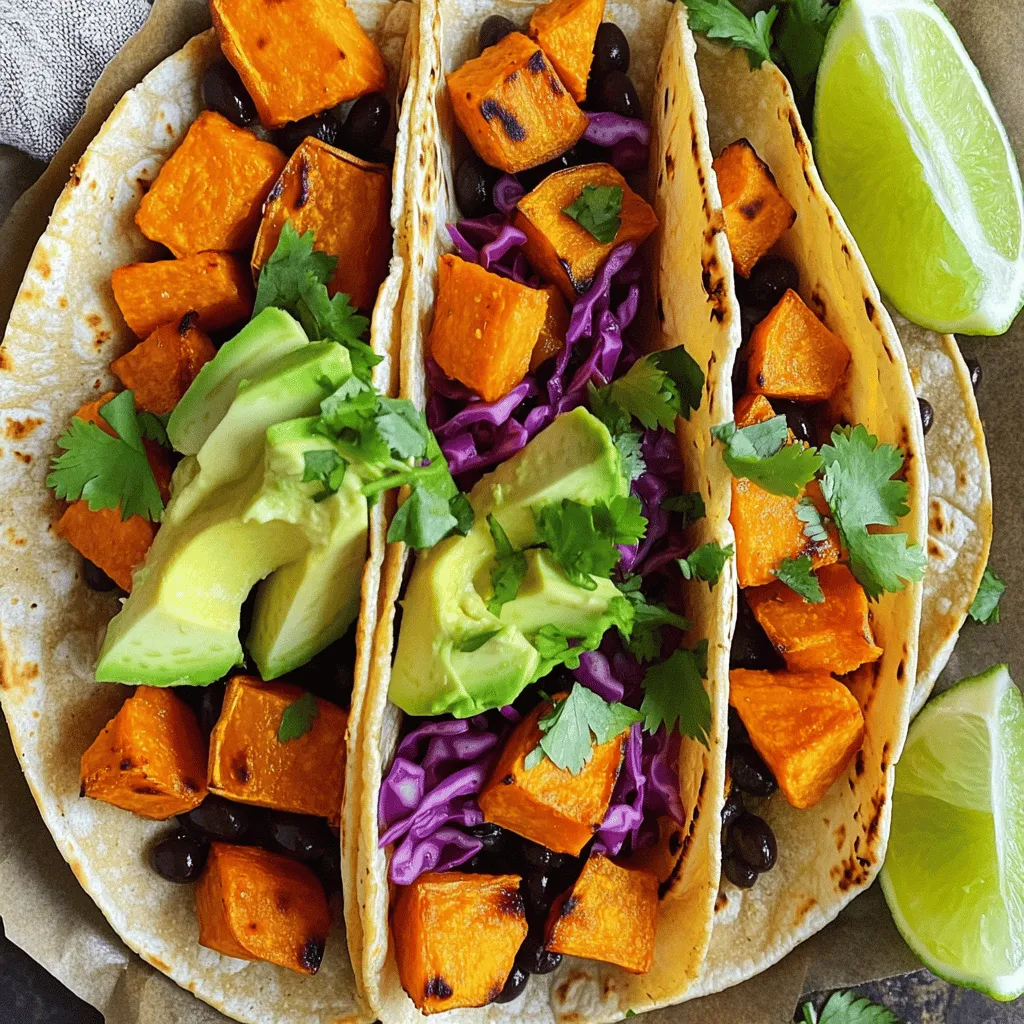 To make sweet potato black bean tacos, you need the following items: - 2 medium sweet potatoes, peeled and diced - 1 can (15 oz) black beans, drained and rinsed - 1 tablespoon olive oil - 1 teaspoon cumin - 1 teaspoon smoked paprika - ½ teaspoon garlic powder - ½ teaspoon salt - ¼ teaspoon black pepper - 8 small corn tortillas - 1 avocado, sliced - 1 cup red cabbage, shredded - Fresh cilantro for garnish - Lime wedges for serving To ensure your ingredients are fresh, check the following: - Choose sweet potatoes that are firm and smooth. Avoid any with soft spots or blemishes. - For black beans, look for cans with no dents or rust. Rinse them well to remove excess sodium. - Use ripe avocados for a creamy texture. You can gently squeeze them to check for ripeness. - Fresh cilantro should be vibrant green and free of wilting. Store it in water like fresh flowers. These tacos are a great choice for many diets: - They are vegetarian and high in fiber from sweet potatoes and black beans. - Easily made vegan by using plant-based toppings. - Gluten-free if you use corn tortillas. - The recipe is naturally low in fat, especially when you control the oil used. Enjoy crafting these delicious tacos with fresh ingredients! You can find the Full Recipe to guide you through each step. First, set your oven to 425°F (220°C). Preheating ensures even cooking. This step is key for roasting sweet potatoes perfectly. Next, take your diced sweet potatoes. In a bowl, mix them with olive oil, cumin, smoked paprika, garlic powder, salt, and black pepper. Toss until they are well coated. Spread the sweet potatoes in a single layer on a baking sheet with parchment paper. Roast them for 20-25 minutes. Stir them halfway through cooking. They should be tender and lightly caramelized when done. While the sweet potatoes roast, it’s time to warm the black beans. Drain and rinse them first. In a small pot over medium heat, add the black beans. Heat them for about 5-7 minutes until they are warm. Stir them occasionally and then set them aside. The next step is to warm the corn tortillas. You can do this in a dry skillet. Heat each tortilla for about 30 seconds on each side until they are warm and soft. If you prefer, wrap them in aluminum foil and warm them in the oven for about 10 minutes. Now comes the fun part—assembling your tacos! Take a warm tortilla and add a generous spoonful of roasted sweet potatoes. Next, layer on the black beans. Add some sliced avocado and shredded red cabbage on top. Finish with fresh cilantro for garnish. Serve with lime wedges on the side for extra flavor. You can find the full recipe for additional details. To cook sweet potatoes well, always start with fresh ones. Look for firm, smooth skin without any spots. Peel and dice them into even pieces. This helps them cook evenly. Roast them on a lined baking sheet. This keeps them from sticking and makes cleanup easy. Stir them halfway through to ensure they brown nicely. Sweet potatoes have a natural sweetness. To enhance this, use simple spices. I recommend cumin and smoked paprika for a warm flavor. Garlic powder adds depth without overpowering the dish. You can also try chili powder for some heat. Don't forget to season with salt and pepper. This balance brings out the best in your tacos. How you serve your tacos makes a big difference. Use colorful toppings to make them pop. I love adding bright red cabbage for crunch and color. Sliced avocado gives a nice creamy texture. Finish with fresh cilantro for an herbaceous kick. Serve lime wedges on the side for that zesty touch. A well-presented taco is sure to impress! For the full recipe, check out the Sweet Potato Black Bean Tacos ! {{image_2}} You can switch up your tacos with fun fillings. Try adding roasted bell peppers or corn for extra sweetness. You can also use quinoa instead of black beans for a different texture. If you like heat, jalapeños are a great choice. For crunch, add some crispy radishes or sliced cucumbers. This recipe is already vegan and gluten-free! To keep it that way, use corn tortillas, as they are gluten-free. Check labels on the black beans to ensure they are vegan. You could also add a plant-based cheese if you want a creamier taste. Salsa can change the whole flavor. A fresh tomato salsa pairs well with the sweet flavors. If you want a kick, try a spicy mango salsa. You can also drizzle lime crema or avocado sauce over the tacos for added creaminess. This will make them even more delicious! For the full recipe, check out the Sweet Potato Black Bean Tacos . After making sweet potato black bean tacos, you may have some leftovers. To store them, let the tacos cool first. Place them in an airtight container. Keep them in the fridge for up to three days. If you separate the fillings from the tortillas, they will stay fresh longer. This helps keep the tortillas from getting soggy. To reheat your tacos, you have a few options. The best way is to use a skillet. Heat it over medium heat. Add the tacos and warm them for about 2-3 minutes per side. If you prefer a microwave, place the tacos on a plate. Heat them for about 30 seconds to 1 minute. Check to see if they are warm enough. Be careful not to overheat, or the tortillas may get tough. If you want to save tacos for later, freezing is a great option. Start by letting the tacos cool completely. Wrap each taco in plastic wrap or foil. Place them in a freezer bag. You can freeze them for up to three months. When you are ready to eat, thaw them overnight in the fridge. Reheat them following the instructions above. Enjoy your delicious tacos even after freezing! For the full recipe, check out the instructions above. To add spice, you can use jalapeños or chili powder. Both options work well. You might also try a spicy salsa or hot sauce as a topping. Adjust the heat to your taste. Yes, you can use pinto beans, kidney beans, or even chickpeas. Each bean adds its own flavor. Just remember to drain and rinse them like the black beans. Top your tacos with fresh avocado, lime wedges, or a dollop of sour cream. You can also add fresh salsa or diced tomatoes for extra flavor. Shredded cheese or hot sauce can enhance the taste too. You can prepare the sweet potatoes and black beans ahead of time. Store them in the fridge for up to three days. Just warm them up before serving. Keep tortillas separate so they stay fresh. Sweet potatoes are rich in vitamins A and C. They are high in fiber too. Black beans provide protein and iron. Together, they make a healthy meal that keeps you full and satisfied. You now know how to make tasty Sweet Potato Black Bean Tacos. We covered all the key ingredients, cooking steps, and best practices. You learned to store leftovers and even to add your own twist. Remember, these tacos are great for any meal and can fit many diets. Try different toppings or sauces to find your favorite. Enjoy cooking these delicious tacos and share them with others!