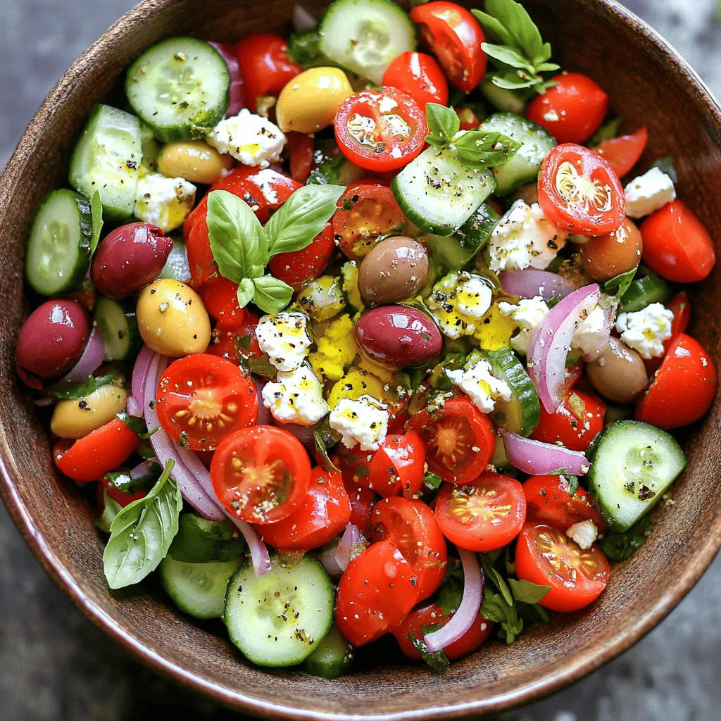 To make a Simple Greek Salad, you need some key ingredients: - 2 cups cherry tomatoes, halved - 1 cucumber, diced - 1 red bell pepper, diced - 1 small red onion, thinly sliced - 1 cup Kalamata olives, pitted - 1 cup feta cheese, crumbled - 3 tablespoons extra virgin olive oil - 2 tablespoons red wine vinegar (optional, use lemon juice if you prefer) - 1 teaspoon dried oregano - Salt and pepper to taste - Fresh basil leaves for garnish Each ingredient plays a big role. The tomatoes bring sweetness, while cucumbers add crunch. Feta cheese gives a creamy texture, and olives pack a salty punch. Using fresh ingredients is very important. Fresh veggies taste better and keep the salad vibrant. You can change things up a bit with optional ingredients. For dressings, you can use lemon juice instead of red wine vinegar. Lemon juice adds a bright, zesty flavor. If you want more protein, adding grilled chicken or chickpeas works well. They make the salad heartier and more filling. The flexibility of this salad lets you customize it to fit your tastes. Whether you choose to stick with the basics or mix in something new, your Simple Greek Salad will shine! For the full recipe, check out the Mediterranean Bliss Salad! Start by washing all your vegetables. This is key for a fresh taste. For the tomatoes, slice them in half. Use a sharp knife for clean cuts. Next, take the cucumber. Dice it into small pieces, about half an inch. A good tip is to peel the cucumber if the skin is tough. Now, move on to the red bell pepper. Slice it in half, remove the seeds, and dice it just like the cucumber. For the red onion, slice it thinly. The thinner the onion, the milder the bite. In a large salad bowl, add your chopped tomatoes, cucumber, red bell pepper, and onion. This order helps the flavors mix well. Now, toss in the Kalamata olives and crumble the feta cheese on top. To make the dressing, grab a small bowl. Add the extra virgin olive oil first. Then, pour in the red wine vinegar or lemon juice. Whisk these together until they blend. This creates a smooth dressing. Next, add the dried oregano, salt, and pepper. Whisk again to mix these flavors. If you want a stronger taste, add more herbs or a pinch of salt. Drizzle the dressing over your salad. Gently toss everything to coat well. Taste it! If needed, adjust the seasoning. You can add a little more oil or vinegar based on your liking. Enjoy your fresh Greek salad as a bright side or a light meal. For the complete recipe, check the Full Recipe section. Pair your Simple Greek Salad with grilled chicken, fish, or lamb for a complete meal. The fresh flavors of the salad balance well with these hearty proteins. You can also serve it alongside pita bread for a fun touch. For a beautiful presentation, use a large, clear bowl. Layer the ingredients to show off the vibrant colors. Add a sprinkle of oregano on top for a nice finish. Fresh basil leaves also make a great garnish. They add color and a lovely aroma. If you need a dairy-free option, try using dairy-free feta. It gives a similar taste without the dairy. For a lighter touch, you can skip the cheese entirely. Seasonal veggies are a great way to change things up. In summer, add fresh bell peppers or zucchini. In the fall, roasted butternut squash makes a tasty addition. Always look for local produce to keep your salad fresh and flavorful. For a twist, swap red wine vinegar with lemon juice. It brightens the salad and adds a zesty punch. {{image_2}} You can make your Simple Greek Salad heartier by adding protein. Grilled chicken or shrimp work well. Both add flavor and texture. Simply cook the protein until golden brown. Then slice it and toss it into the salad. If you prefer a vegetarian option, try adding beans. Chickpeas or white beans bring protein and fiber. Drain and rinse canned beans before adding. They mix nicely with the fresh veggies. To boost the flavor, consider adding roasted bell peppers or artichokes. These ingredients offer a sweet and smoky taste. Roasting enhances their natural sweetness. Just chop them up and mix them in! You can also experiment with different cheeses. Goat cheese brings a creamy texture and tangy flavor. Feta blends offer variety, too. Try a mix of feta and ricotta for a creamy twist. For the full recipe, check the Mediterranean Bliss Salad section. This way, you can create your perfect Greek Salad with these fun variations! To keep your Simple Greek Salad fresh, store leftovers in an airtight container. This method helps seal in flavors and moisture. Make sure to refrigerate it right away. The salad stays fresh for about 2 to 3 days. After that, the veggies may lose their crunch. I enjoy serving the salad cold. It tastes best when chilled, as it brings out the flavors. You can let it sit at room temperature for about 20 minutes before serving. This way, the salad warms slightly and becomes more aromatic. Just remember, it should not sit out for more than 2 hours to stay safe to eat. How long does Simple Greek Salad last in the fridge? Simple Greek Salad stays fresh in the fridge for about three days. After that, the veggies may get soggy. For the best taste, eat it within this time. Can I make this salad ahead of time? Yes, you can make this salad ahead of time. Just keep the dressing separate until you are ready to serve. This helps the salad stay crisp and fresh. What is the nutritional information for the salad? This salad is low in calories and rich in nutrients. It has healthy fats from the olives and olive oil. Each serving contains about 200 calories, 10 grams of fat, and plenty of vitamins. What can I serve with Simple Greek Salad? You can serve this salad with grilled chicken, fish, or pita bread. It pairs well with hummus and tzatziki for a full meal. Can I make a vegan version of this recipe? Yes, you can make a vegan version by omitting the feta cheese. You can also use a plant-based cheese alternative. This keeps the salad fresh and tasty for everyone. For the full recipe, check out the Mediterranean Bliss Salad 🥗. In this blog post, we explored how to create a Simple Greek Salad using fresh, flavorful ingredients. You learned about essential components like tomatoes and feta, along with optional dressings and protein add-ins. We covered step-by-step instructions for preparation, dressing, serving tips, and variations to suit your tastes. Fresh ingredients make a big difference. Don’t shy away from personalizing your salad. Enjoy experimenting with flavors and share your delicious results!