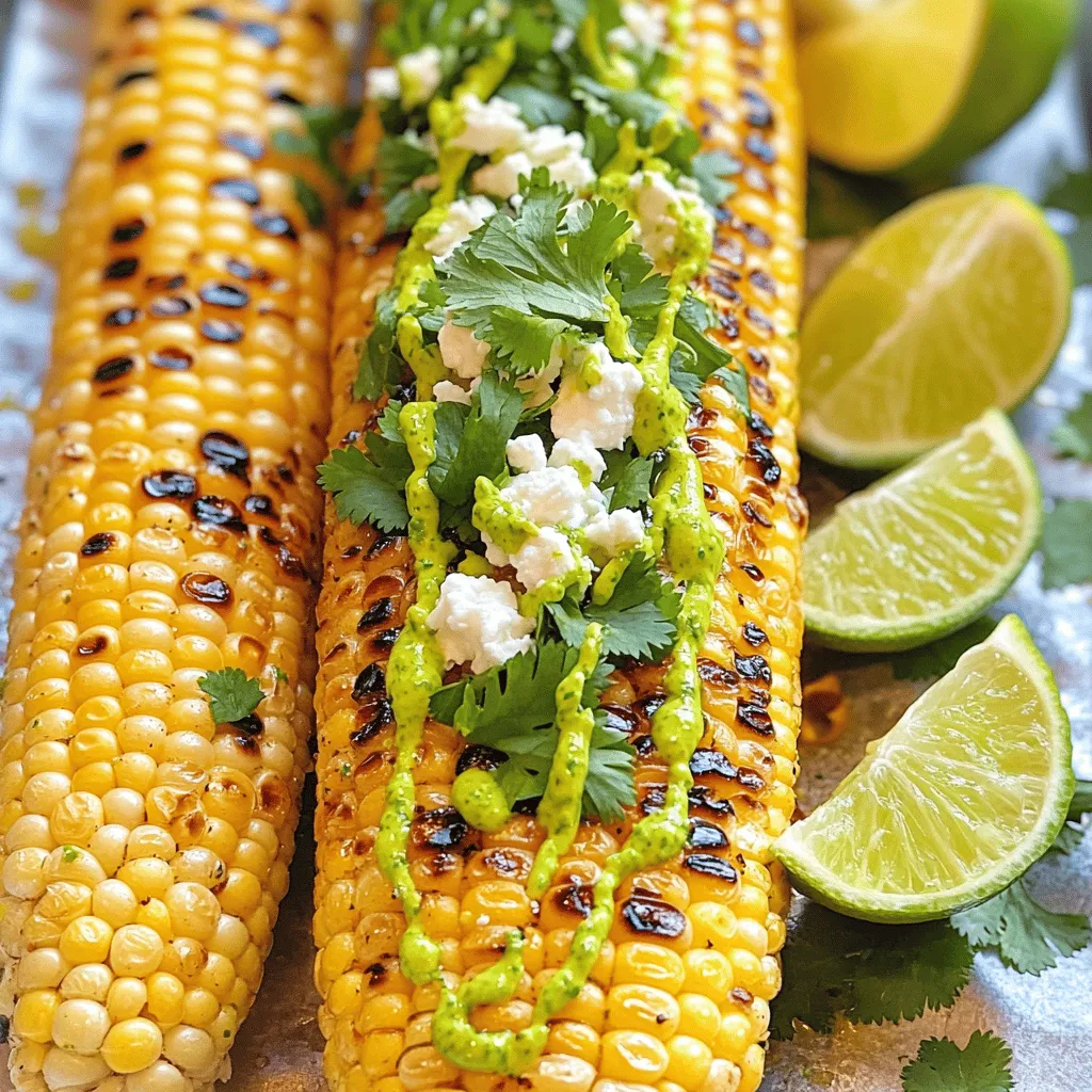 - Fresh Corn on the Cob - Fresh Cilantro - Lime Juice - Olive Oil - Garlic Powder - Chili Powder - Salt and Pepper - Optional: Feta Cheese The main star of this dish is fresh corn on the cob. You want it sweet and juicy. Look for ears with bright green husks. The kernels should feel firm and plump. Next, fresh cilantro adds a burst of flavor. Its bright green leaves give a lovely touch. Chop it finely to release its oils and flavors. Lime juice brings a tangy zest to the corn. Use fresh limes for the best taste. Three tablespoons should do the trick, which is about two limes. Olive oil helps to coat the corn. It keeps the kernels moist while grilling. Use two tablespoons for a nice balance. Garlic powder adds depth to the flavor. Just half a teaspoon is enough to enhance the taste. Chili powder gives a slight kick. A quarter teaspoon boosts the flavor without overpowering it. Salt and pepper are essential. They bring all the flavors together. Use them to taste. If you want, add feta cheese. This optional ingredient adds creaminess and a salty bite. A quarter cup of crumbled feta will elevate your dish. To make this Cilantro Lime Grilled Corn, gather these ingredients. You can find the full recipe to create this tasty treat. Enjoy! Preheating the Grill Start by preheating your grill to medium-high heat, about 400°F (200°C). This step is key for getting those nice grill marks. A hot grill will give the corn a great char and flavor. Preparing the Corn Next, husk the corn. Make sure to remove all the silk. Rinse the corn under cool water to clean it. Dry the corn with a towel. This will help the seasoning stick better. Mixing the Lime Mixture In a small bowl, mix together the lime juice, olive oil, garlic powder, chili powder, salt, and pepper. Whisk until well combined. This mixture adds a fresh and zesty flavor to the corn. Brushing the Corn Now, take your lime mixture and brush it all over the corn. Make sure each cob is well-coated. Don’t be shy! The more flavor you add, the better your grilled corn will taste. Cooking Time Place the corn directly on the grill. Cook it for about 10-15 minutes. Turn the corn every few minutes to ensure even cooking. You want it to be tender with nice grill marks. Checking for Doneness To check if the corn is done, look for bright yellow kernels and a soft texture. If the corn needs more time, just keep grilling. Once it's ready, take it off the grill carefully. Enjoy your delicious Cilantro Lime Grilled Corn with the full recipe! Freshness Indicators When picking corn, look for bright green husks. The silk should be golden and slightly sticky. Fresh kernels should look plump and moist. You can also press a kernel with your thumb. If it releases juice, it’s fresh! Organic vs. Conventional Organic corn is grown without harmful pesticides. It’s often sweeter and tastier. Conventional corn can be cheaper and still very good. Choose what fits your budget, but always prioritize freshness. Cooking Techniques Grill the corn directly on the grates for great marks. Rotate the corn every few minutes. This helps achieve even cooking and those lovely charred lines. Ideal Grill Temperature Set your grill to medium-high heat, around 400°F (200°C). This temperature caramelizes the sugars in the corn. It gives you a nice, smoky flavor without burning. Spice Adjustments Want more heat? Add more chili powder or even some cayenne. If you like it milder, reduce the spices. You can also mix in some cumin for a warm, earthy taste. Garnishing Suggestions Top your grilled corn with crumbled feta cheese for a salty kick. Fresh lime wedges add brightness. For extra flair, sprinkle on some chili flakes or smoked paprika. These add color and flavor! For the full recipe, check out the [Full Recipe]. {{image_2}} To spice up your grilled corn, you can add jalapeños. Chop fresh jalapeños and mix them into your lime mixture. This adds heat and a nice kick. If you prefer, you can also use hot sauce. Drizzle a bit of your favorite hot sauce over the corn after grilling. This will give it a fiery flavor. If you want a vegan version, skip the feta cheese. You can still enjoy a creamy taste using nutritional yeast. Sprinkle it on the corn after grilling. It adds a cheesy flavor without any dairy. This option is great for plant-based eaters. You can switch up the cheese for a different taste. Try using crumbled queso fresco or cotija cheese instead of feta. These cheeses melt nicely and enhance the dish. Another idea is to use herb-infused cheese. This adds extra flavor, like garlic or basil. It makes your corn even more special. For the full recipe, check out the complete guide. How do you store leftovers? After grilling, let the corn cool to room temperature. Then, wrap each ear in plastic wrap or aluminum foil. You can also place them in an airtight container. This keeps them fresh and ready to enjoy later. What is the shelf life? Storing your grilled corn this way, it can last about 3 to 5 days in the fridge. If you want to keep it longer, consider freezing it. Frozen grilled corn can last up to 6 months. What are the best methods for reheating grilled corn? The best way is to use your grill again. Preheat the grill to medium heat. Place the corn on the grill for about 5 minutes, turning occasionally. You can also use the oven. Wrap the corn in foil and bake at 350°F for 10-15 minutes. How do you avoid dryness? To prevent dryness, brush the corn with a little olive oil or melted butter before reheating. This adds moisture and enhances the flavor. You can also cover the corn with foil to keep it juicy while it warms up. Yes, you can use frozen corn. Just thaw it first. Frozen corn may not have the same flavor as fresh corn. For the best taste, fresh corn is ideal. It has a sweet crunch that frozen corn lacks. You will know the corn is done when it has soft kernels and nice grill marks. This usually takes about 10-15 minutes on medium-high heat. Turn the corn every few minutes for even cooking. Look for a tender bite and a bright yellow color. Cilantro Lime Grilled Corn pairs well with many dishes. Think grilled chicken, tacos, or fresh salads. It also makes a great side for summer barbecues. Add it to your cookout spread for a colorful touch. Yes, you can mix the lime mixture ahead of time. Just store it in the fridge until you need it. This saves time and makes grilling easier. The flavors will blend well if you let it sit a bit. To make this recipe kid-friendly, reduce the chili powder. You can also skip the feta cheese. Kids often enjoy more mild flavors. Consider adding a sprinkle of sugar to enhance sweetness. This can make it more appealing for young eaters. For a fun twist, serve the corn with lime wedges for dipping. For the complete recipe, check out the [Full Recipe]. This blog post showed how to make Cilantro Lime Grilled Corn. We covered key ingredients, steps for grilling, and tips for perfect results. You learned how to choose fresh corn and enhance its flavor with spices. We explored fun variations like adding spice or using vegan cheese. Proper storage ensures you enjoy leftovers without loss of taste. Remember, grilling corn can be easy and exciting! Try these tips, and you will enjoy fresh, tasty corn every time.