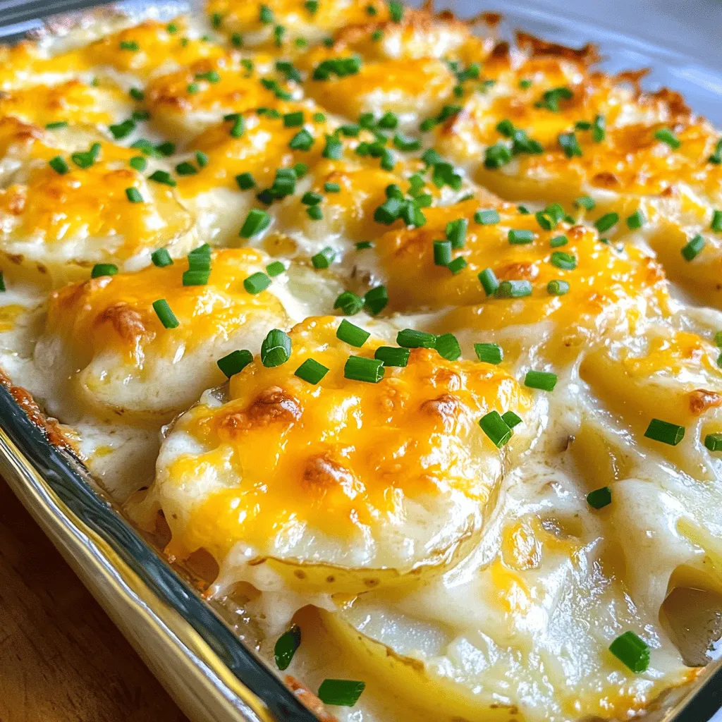 To make cheesy scalloped potatoes, you will need: - 4 medium Yukon Gold potatoes, thinly sliced - 1 cup shredded sharp cheddar cheese - 1 cup grated Gruyère cheese - 1 cup heavy cream - 1 cup whole milk - 3 cloves garlic, minced - 1 medium onion, finely chopped - 2 tablespoons unsalted butter - 1 teaspoon dried thyme - Salt and pepper to taste - Fresh chives, chopped (for garnish) Choosing the right ingredients makes a big difference. Yukon Gold potatoes are great because they are creamy and hold their shape. Sharp cheddar cheese gives a nice tang, while Gruyère adds depth. Heavy cream and whole milk make the dish rich and smooth. Fresh garlic and onion boost the flavor. Always use fresh herbs for the best taste. You can easily swap some ingredients. If you want a lighter version, use low-fat milk instead of whole milk. For a different flavor, try using mozzarella cheese or pepper jack. If you’re dairy-free, coconut milk can be a nice substitute for cream. For a twist, add spinach or mushrooms between the layers. These changes can make the dish your own while still keeping it delicious. Start by washing the Yukon Gold potatoes. Peel them if you like. Next, slice the potatoes thinly. Aim for about 1/8 inch thick. This size helps them cook evenly. Lay the slices on a clean towel to dry. This step keeps the dish from getting too watery. In a medium saucepan, melt the unsalted butter over medium heat. Add the chopped onion and minced garlic. Stir them until they become soft. This should take around five minutes. Next, pour in the heavy cream and whole milk. Stir gently as you heat the mixture. Add the dried thyme, salt, and pepper to taste. Bring it to a simmer and then remove it from the heat. Grease your 9x13-inch baking dish with butter. Start with half of the potato slices. Lay them evenly at the bottom of the dish. Pour half of the cream mixture over the potatoes. Next, sprinkle half of the cheddar and Gruyère cheeses on top. Repeat this layering with the rest of the potatoes, cream, and cheeses. Cover the dish with aluminum foil and bake it at 375°F for 40 minutes. After that, remove the foil and bake it for another 20 minutes. Watch for the top to turn golden brown and bubbly. Let it cool for 10 minutes before serving. Check the [Full Recipe] for more details. To get that smooth, creamy texture, use heavy cream and whole milk. These two ingredients blend well and create a rich sauce. Cook your cream mixture gently to avoid curdling. Stir often and keep the heat low. This step helps all the flavors come together nicely. One common mistake is using too many potatoes. Keep layers thin to ensure even cooking. Do not skip the resting time after baking. Letting the dish rest helps it set and makes serving easier. Lastly, don’t be shy with seasoning. Salt and pepper enhance the flavors of the cheese and cream. To boost flavor, try adding fresh herbs like thyme or rosemary. Garlic adds a nice taste as well. You can also mix different cheeses for depth. Gruyère and cheddar work beautifully together. A pinch of nutmeg can add warmth and a hint of spice. For a twist, sprinkle some paprika on top before baking. This adds color and flavor to your dish. For a complete guide on making this delicious dish, refer to the Full Recipe. {{image_2}} You can switch up the cheese in this recipe. Use mozzarella for a stretchy melt. Try blue cheese for a bold flavor. A mix of gouda and fontina adds a nice twist. Each cheese brings its own taste and texture. This makes your scalloped potatoes unique every time. Want to make your dish heartier? Add veggies like broccoli, spinach, or mushrooms. Sauté them first to soften their texture. You can also mix in cooked bacon or ham for extra flavor. Adding these ingredients makes the dish more filling and colorful. You can enjoy scalloped potatoes without gluten or dairy. Use gluten-free flour to thicken your cream mixture. For a dairy-free version, swap heavy cream with coconut milk. Use nut-based cheese instead of regular cheese. These options keep the dish tasty while fitting your diet needs. For the full recipe, check out the [Full Recipe]. To keep your cheesy scalloped potatoes fresh, let them cool first. Once cool, place them in an airtight container. Store in the fridge for up to four days. Make sure to cover the dish tightly to prevent drying out or picking up odors from other foods. When it's time to enjoy leftovers, preheat your oven to 350°F (175°C). Transfer the potatoes to an oven-safe dish if needed. Cover with foil to keep moisture in. Heat for about 20 minutes or until hot. You can also microwave portions. Use a microwave-safe dish and heat in 30-second intervals, stirring in between. You can freeze cheesy scalloped potatoes for later. First, let them cool completely. Then, place them in a freezer-safe container or wrap tightly in plastic wrap. They will last for up to three months in the freezer. When you're ready to eat, thaw overnight in the fridge. Reheat in the oven for the best texture. For a complete guide, check the Full Recipe. You can make cheesy scalloped potatoes ahead of time. Prepare the dish up to the baking stage. Cover it well and keep it in the fridge. When ready to bake, just add about 10 minutes to the cooking time. This lets the dish warm up and cook evenly. Making it in advance saves time and lets the flavors blend better. Yes, you can use other types of potatoes. Russet potatoes work well and add a nice texture. Red potatoes are also a good choice for their creamy taste. Just remember to slice them thinly for even cooking. Each type will give a slightly different flavor to the dish. To make cheesy scalloped potatoes vegan, swap the dairy for plant-based options. Use almond milk or coconut milk instead of regular milk. For cheese, try cashew cheese or vegan cheddar cheese. You can also use nutritional yeast for a cheesy flavor. This way, you still enjoy a rich taste without animal products. Cheesy scalloped potatoes pair well with many dishes. They match nicely with a simple green salad or steamed veggies. You can also serve them with roasted chicken or grilled steak. The creamy texture and cheesy flavor balance hearty meats well. For a lighter option, serve with a fresh tomato salad or sautéed greens. For the full recipe, check out the section above. Cheesy scalloped potatoes are easy and fun to make. We covered key ingredients, prep steps, and useful tips. You can mix flavors with cheeses and extra veggies. Remember to store leftovers properly and reheat them well. Making this dish can be a joy for everyone. I hope you feel ready to try it yourself! Enjoy creating a meal that warms the heart and pleases the taste buds. You’ll love how great it turns out.