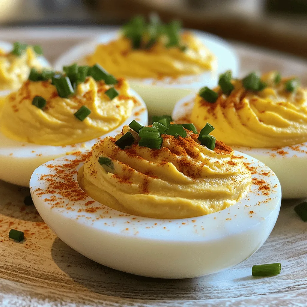 To make classic deviled eggs, you need a few key items: - 6 large eggs - 3 tablespoons mayonnaise - 1 teaspoon Dijon mustard - 1 teaspoon apple cider vinegar - 1/2 teaspoon garlic powder - 1/4 teaspoon smoked paprika - Salt and pepper to taste These ingredients create a rich, creamy filling that balances well with the egg whites. You can add your own twist to deviled eggs with these optional ingredients: - A few dashes of hot sauce (for heat) - Pickle relish (for sweetness) - Chopped olives (for a briny touch) - Crumbled bacon (for crunch) - Fresh herbs like dill or parsley Feel free to mix and match these ingredients. They help you create unique flavors. Garnishing your deviled eggs makes them look and taste even better. Here are some ideas: - Fresh chives, chopped - Additional smoked paprika - Paprika or cayenne for a spicy kick - Microgreens for a fresh touch These garnishes not only add color but also enhance the flavors. For the full recipe, check out Classic Deviled Eggs with a Twist. Start with six large eggs. Place them in a saucepan. Cover the eggs with cold water. Turn on the heat to medium-high. Wait for the water to boil. Once it boils, cover the pan and take it off the heat. Let the eggs sit for 12 minutes. This timing helps make them firm and easy to peel. After 12 minutes, put the eggs in an ice bath. This cools them quickly, making peeling easier. Let them sit for about 5 minutes to cool fully. Now that the eggs are cool, crack them gently. Peel the eggs under running water to remove the shells. This helps to avoid any bits of shell sticking. Cut each egg in half lengthwise. Carefully scoop the yolks into a mixing bowl. Add 3 tablespoons of mayonnaise, 1 teaspoon of Dijon mustard, and 1 teaspoon of apple cider vinegar to the yolks. Also, mix in 1/2 teaspoon of garlic powder and 1/4 teaspoon of smoked paprika. Season with salt and pepper to taste. Mash everything together until it is smooth and creamy. For a spicy kick, add a few dashes of hot sauce and mix it well. Spoon or pipe the yolk mixture back into the egg whites. Make sure to fill each half evenly. For a nice finish, sprinkle some smoked paprika on top. Garnish with chopped fresh chives for added color. Chill the deviled eggs in the fridge for at least 15 minutes. This helps the flavors meld together. Enjoy your classic deviled eggs that are simple and delicious! For the full recipe, check out the details above. To get the best hard-boiled eggs, start with fresh eggs. Place the eggs in a pot and cover them with cold water. Bring the water to a boil over medium-high heat. Once boiling, turn off the heat and cover the pot. Let the eggs sit for 12 minutes. This method ensures even cooking and prevents green yolks. After 12 minutes, move the eggs to an ice bath. This cools them quickly and makes peeling easier. Presentation is key for deviled eggs. You can use a simple white platter for a clean look. For a fun touch, try using a colorful plate. You can also arrange the eggs in a circle or in a line. Garnish with chopped chives or a sprinkle of smoked paprika. For a fancy touch, use a piping bag to fill the egg whites. This gives a nice, elegant look and makes each bite special. You can make deviled eggs ahead of time. After you fill the egg whites, cover them with plastic wrap. This keeps them fresh in the fridge. They taste best if eaten within two days. If you have leftover filling, store it in a sealed container. You can fill the eggs just before serving. This way, they stay fresh and look great. {{image_2}} To make spicy deviled eggs, add hot sauce to the yolk mix. Just a few dashes can bring a nice kick. You can use any hot sauce you like. Sriracha works well if you want a sweet heat. Mix the sauce thoroughly for even flavor. Your guests will love this zesty twist. For a creamy twist, swap out some mayonnaise for ripe avocado. Mash the avocado smoothly with the yolks. This gives your deviled eggs a rich, green color. It also adds healthy fats. You can add lime juice to brighten the flavor. A sprinkle of salt completes this fresh variation. Classic deviled eggs are simple and beloved. They use mayonnaise, mustard, and spices. Contemporary takes add fun flavors and textures. Think bacon bits, pickles, or even curry powder. Each variation brings a new taste twist. Experiment with what you enjoy for a unique dish. Check out the Full Recipe for classic methods; then feel free to explore your own creativity! To store leftover deviled eggs, wrap them tightly with plastic wrap. Place them in an airtight container to keep them fresh. If you don’t have a container, use a plate and cover it with another plate. This keeps the eggs from drying out. Store your deviled eggs in the fridge. They stay tasty for up to three days. Keep deviled eggs in the coldest part of your fridge. Avoid placing them in the door, as this area can be warmer. If you make the filling ahead, store it separately from the egg whites. This helps maintain texture and flavor. When ready to serve, fill the whites just before eating. This keeps everything fresh and delicious. You should discard deviled eggs if they smell bad or look off. If they have been in the fridge for more than three days, it’s best to throw them away. Always check for signs of spoilage, like discoloration. Trust your nose and eyes; they are good indicators of freshness. Keeping these tips in mind will help you enjoy your deviled eggs at their best. For the complete recipe, check out the Full Recipe section. The best way to boil eggs starts with cold water. Place the eggs in a saucepan and cover them with water. Bring the water to a boil over medium-high heat. Once boiling, cover the pan and take it off the heat. Let the eggs sit for 12 minutes. This method helps prevent overcooking and keeps the yolks bright yellow. After 12 minutes, put the eggs in an ice bath for about five minutes. This cools them quickly and makes them easier to peel. Yes, you can use Greek yogurt instead of mayonnaise. Greek yogurt adds a tangy flavor and cuts down on fat. It gives you a creamy texture, too. Many love this swap for a healthier twist. If you try this, use the same amount of yogurt as you would mayonnaise. Mix it well with the yolks and other ingredients for the best taste. Deviled eggs last about three to four days in the fridge. Keep them in an airtight container to maintain freshness. Make sure to store them right after serving to keep them safe to eat. If you notice any changes in smell or look, it’s best to toss them. Enjoy deviled eggs fresh for the best flavor! In this article, we explored how to make classic deviled eggs. We discussed the key ingredients, from essential ones to fun customizations. You learned step-by-step instructions to prepare, mix, and assemble them. Tips and tricks helped ensure your eggs are just right. We also covered tasty variations and smart storage methods. Deviled eggs are simple yet versatile. Enjoy making them your own for any event!