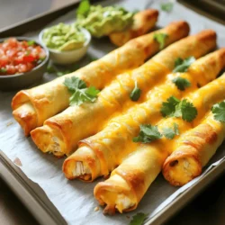- 2 cups shredded cooked chicken - 1 cup shredded cheddar cheese - 1/2 cup cream cheese, softened - 1 teaspoon garlic powder - 1 teaspoon onion powder - 1 teaspoon chili powder - 1/2 teaspoon smoked paprika - Salt and pepper to taste - 12 small corn tortillas - Cooking spray or olive oil for brushing - Fresh cilantro, chopped (for garnish) - Salsa or guacamole (for serving) In my kitchen, I love to use fresh, high-quality ingredients. For the main filling, start with shredded cooked chicken. You can use leftover chicken or a store-bought rotisserie chicken. Mix it with shredded cheddar cheese and softened cream cheese for a rich texture. Seasoning makes all the difference. I like to add garlic powder, onion powder, chili powder, and smoked paprika. These spices bring warmth and depth without being overwhelming. Adjust the salt and pepper to your taste. Next, we need tortillas. Small corn tortillas are my go-to. They hold up well and add great flavor. You’ll also want cooking spray or olive oil to brush on top. This helps the taquitos get crispy in the oven. For garnishing, fresh cilantro adds a burst of flavor. Serve your taquitos with salsa or guacamole for dipping. They are the perfect partners for these crunchy bites. For the full recipe, check out the details provided above. 1. First, preheat your oven to 400°F (200°C). This step is key for crispy taquitos. 2. Line a baking sheet with parchment paper. This helps with easy clean-up later. 3. In a large mixing bowl, combine the shredded chicken, cheddar cheese, cream cheese, garlic powder, onion powder, chili powder, smoked paprika, salt, and pepper. Mix until well combined. You want everything to blend smoothly. 1. Next, warm the corn tortillas in a microwave for about 20-30 seconds. This makes them soft and easy to roll. 2. Take about 2 tablespoons of the chicken mixture. Place it at the bottom third of each tortilla. 3. Roll each tortilla tightly. If needed, secure them with a toothpick. This keeps the filling inside. 1. Arrange the rolled taquitos seam-side down on the prepared baking sheet. This helps them stay closed during baking. 2. Spray or brush the taquitos with cooking spray or olive oil. This adds crispiness. 3. Bake in the oven for 20-25 minutes. Keep an eye on them and turn halfway through for even cooking. 4. Once golden brown and crispy, remove from the oven. Let them cool for a few minutes before serving. 5. Garnish with fresh cilantro and serve with salsa or guacamole on the side. For a full recipe, check the details provided earlier. Enjoy your crunchy and flavorful baked chicken taquitos! To make your taquitos crispy, you must brush them with oil or cooking spray. This step adds flavor and helps them brown nicely. I recommend using a light hand; too much oil can make them soggy. Set your oven to 400°F (200°C) for the best baking temperature. Bake for 20-25 minutes, turning them halfway through. This ensures even cooking and a perfect crunch. You can switch up the filling for variety. Try shredded beef, turkey, or even black beans for a plant-based option. Adding veggies like spinach, bell peppers, or corn boosts nutrition and flavor. Mix them into your filling for a colorful twist. Pair your taquitos with salsa or guacamole for a tasty dip. They also go well with sour cream. For a fun presentation, arrange them in a circle on a platter. Sprinkle fresh cilantro on top for extra flair. Try serving them with a side of rice or a fresh salad for a complete meal. For the full recipe, check out the detailed instructions above. {{image_2}} For a spicy kick, add diced jalapeños or crushed red pepper to the filling. This brings heat that spice lovers will enjoy. If you want a creamy touch, try using pepper jack cheese or a blend of cheeses. These options add rich flavors and make each bite exciting. If you need gluten-free options, use corn tortillas made specifically for this diet. These tortillas hold up well and taste great. For a dairy-free version, swap cream cheese with a plant-based cream cheese. You can also use dairy-free cheese in place of cheddar. Your taquitos will still be tasty and satisfying. To save time, make a big batch ahead of time. You can freeze taquitos before baking. Just lay them flat on a baking sheet, freeze until firm, then transfer them to a freezer bag. When you're ready to eat, bake them straight from the freezer. For reheating, use the oven to keep them crispy. Cook at 400°F for about 20-25 minutes. Enjoy your delicious Baked Chicken Taquitos whenever you want. For the complete recipe, check the Full Recipe section. To keep your baked chicken taquitos fresh, cool them first. Place them in an airtight container. You can also use plastic wrap for added protection. If you have a lot, separate layers with parchment paper. This prevents them from sticking together. For longer storage, freeze them. Use freezer-safe bags to save space. Baked chicken taquitos can last up to four days in the fridge. If frozen, they can stay good for about three months. Always check for signs of spoilage. Look for a sour smell or discoloration. If they seem off, it's best to toss them. To keep your taquitos crispy, reheating in the oven works best. Preheat your oven to 375°F (190°C). Place the taquitos on a baking sheet and heat for 10-15 minutes. This method helps maintain their crunch. If you're in a hurry, you can use the microwave. However, this may make them a bit soft. For a quick fix, try microwaving for 30 seconds and then placing them in a hot pan for a minute to crisp them up. Enjoy your crispy taquitos with some salsa or guacamole! To make your taquitos crispy, you should: - Preheat your oven to 400°F (200°C). - Use cooking spray or brush olive oil on the taquitos. - Place them seam-side down on the baking sheet. - Bake for 20-25 minutes, turning halfway for even browning. Baking at the right temperature helps achieve a golden, crunchy texture. The oil creates a crisp outer layer that keeps the inside moist. Always monitor them closely to avoid burning. Yes, you can use leftover chicken! Here are some tips to transform it into tasty taquitos: - Shred the leftover chicken into small pieces. - Mix with your favorite cheeses and spices from the recipe. - Ensure the chicken is still moist; if it’s dry, add a bit of cream cheese. Using leftovers is a great way to save time and reduce waste. Plus, it adds a personal touch to your meal. Freezing taquitos is easy. Follow these steps: 1. Prepare the taquitos as directed in the Full Recipe. 2. Arrange them in a single layer on a baking sheet. 3. Freeze until solid, about 1-2 hours. 4. Transfer to a freezer-safe bag or container. You can freeze them before or after baking. To bake from frozen, add an extra 5-10 minutes to the cooking time. Enjoy the convenience of having a quick meal ready! In this article, we explored how to make crispy chicken taquitos. We covered the main ingredients, including chicken, cheese, and seasonings, followed by step-by-step instructions for baking them. I also shared helpful tips for achieving the perfect crunch and several fun variations to try. These taquitos are not only simple to make but also can fit into various diets. With the right storage methods, you can enjoy them even later. Dive into this tasty recipe, and enjoy your homemade taquitos, knowing they’ll impress everyone!
