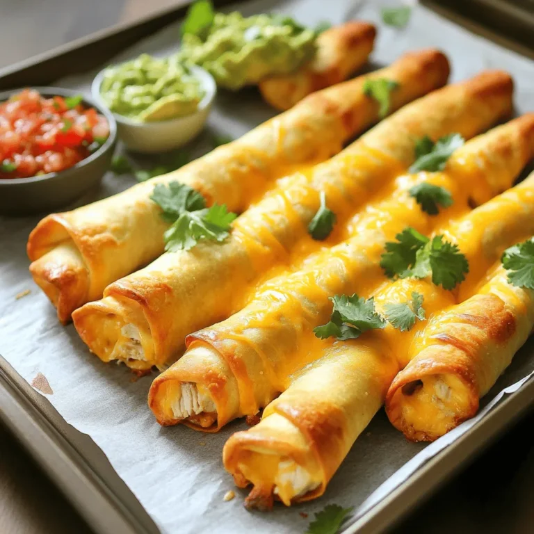 - 2 cups shredded cooked chicken - 1 cup shredded cheddar cheese - 1/2 cup cream cheese, softened - 1 teaspoon garlic powder - 1 teaspoon onion powder - 1 teaspoon chili powder - 1/2 teaspoon smoked paprika - Salt and pepper to taste - 12 small corn tortillas - Cooking spray or olive oil for brushing - Fresh cilantro, chopped (for garnish) - Salsa or guacamole (for serving) In my kitchen, I love to use fresh, high-quality ingredients. For the main filling, start with shredded cooked chicken. You can use leftover chicken or a store-bought rotisserie chicken. Mix it with shredded cheddar cheese and softened cream cheese for a rich texture. Seasoning makes all the difference. I like to add garlic powder, onion powder, chili powder, and smoked paprika. These spices bring warmth and depth without being overwhelming. Adjust the salt and pepper to your taste. Next, we need tortillas. Small corn tortillas are my go-to. They hold up well and add great flavor. You’ll also want cooking spray or olive oil to brush on top. This helps the taquitos get crispy in the oven. For garnishing, fresh cilantro adds a burst of flavor. Serve your taquitos with salsa or guacamole for dipping. They are the perfect partners for these crunchy bites. For the full recipe, check out the details provided above. 1. First, preheat your oven to 400°F (200°C). This step is key for crispy taquitos. 2. Line a baking sheet with parchment paper. This helps with easy clean-up later. 3. In a large mixing bowl, combine the shredded chicken, cheddar cheese, cream cheese, garlic powder, onion powder, chili powder, smoked paprika, salt, and pepper. Mix until well combined. You want everything to blend smoothly. 1. Next, warm the corn tortillas in a microwave for about 20-30 seconds. This makes them soft and easy to roll. 2. Take about 2 tablespoons of the chicken mixture. Place it at the bottom third of each tortilla. 3. Roll each tortilla tightly. If needed, secure them with a toothpick. This keeps the filling inside. 1. Arrange the rolled taquitos seam-side down on the prepared baking sheet. This helps them stay closed during baking. 2. Spray or brush the taquitos with cooking spray or olive oil. This adds crispiness. 3. Bake in the oven for 20-25 minutes. Keep an eye on them and turn halfway through for even cooking. 4. Once golden brown and crispy, remove from the oven. Let them cool for a few minutes before serving. 5. Garnish with fresh cilantro and serve with salsa or guacamole on the side. For a full recipe, check the details provided earlier. Enjoy your crunchy and flavorful baked chicken taquitos! To make your taquitos crispy, you must brush them with oil or cooking spray. This step adds flavor and helps them brown nicely. I recommend using a light hand; too much oil can make them soggy. Set your oven to 400°F (200°C) for the best baking temperature. Bake for 20-25 minutes, turning them halfway through. This ensures even cooking and a perfect crunch. You can switch up the filling for variety. Try shredded beef, turkey, or even black beans for a plant-based option. Adding veggies like spinach, bell peppers, or corn boosts nutrition and flavor. Mix them into your filling for a colorful twist. Pair your taquitos with salsa or guacamole for a tasty dip. They also go well with sour cream. For a fun presentation, arrange them in a circle on a platter. Sprinkle fresh cilantro on top for extra flair. Try serving them with a side of rice or a fresh salad for a complete meal. For the full recipe, check out the detailed instructions above. {{image_2}} For a spicy kick, add diced jalapeños or crushed red pepper to the filling. This brings heat that spice lovers will enjoy. If you want a creamy touch, try using pepper jack cheese or a blend of cheeses. These options add rich flavors and make each bite exciting. If you need gluten-free options, use corn tortillas made specifically for this diet. These tortillas hold up well and taste great. For a dairy-free version, swap cream cheese with a plant-based cream cheese. You can also use dairy-free cheese in place of cheddar. Your taquitos will still be tasty and satisfying. To save time, make a big batch ahead of time. You can freeze taquitos before baking. Just lay them flat on a baking sheet, freeze until firm, then transfer them to a freezer bag. When you're ready to eat, bake them straight from the freezer. For reheating, use the oven to keep them crispy. Cook at 400°F for about 20-25 minutes. Enjoy your delicious Baked Chicken Taquitos whenever you want. For the complete recipe, check the Full Recipe section. To keep your baked chicken taquitos fresh, cool them first. Place them in an airtight container. You can also use plastic wrap for added protection. If you have a lot, separate layers with parchment paper. This prevents them from sticking together. For longer storage, freeze them. Use freezer-safe bags to save space. Baked chicken taquitos can last up to four days in the fridge. If frozen, they can stay good for about three months. Always check for signs of spoilage. Look for a sour smell or discoloration. If they seem off, it's best to toss them. To keep your taquitos crispy, reheating in the oven works best. Preheat your oven to 375°F (190°C). Place the taquitos on a baking sheet and heat for 10-15 minutes. This method helps maintain their crunch. If you're in a hurry, you can use the microwave. However, this may make them a bit soft. For a quick fix, try microwaving for 30 seconds and then placing them in a hot pan for a minute to crisp them up. Enjoy your crispy taquitos with some salsa or guacamole! To make your taquitos crispy, you should: - Preheat your oven to 400°F (200°C). - Use cooking spray or brush olive oil on the taquitos. - Place them seam-side down on the baking sheet. - Bake for 20-25 minutes, turning halfway for even browning. Baking at the right temperature helps achieve a golden, crunchy texture. The oil creates a crisp outer layer that keeps the inside moist. Always monitor them closely to avoid burning. Yes, you can use leftover chicken! Here are some tips to transform it into tasty taquitos: - Shred the leftover chicken into small pieces. - Mix with your favorite cheeses and spices from the recipe. - Ensure the chicken is still moist; if it’s dry, add a bit of cream cheese. Using leftovers is a great way to save time and reduce waste. Plus, it adds a personal touch to your meal. Freezing taquitos is easy. Follow these steps: 1. Prepare the taquitos as directed in the Full Recipe. 2. Arrange them in a single layer on a baking sheet. 3. Freeze until solid, about 1-2 hours. 4. Transfer to a freezer-safe bag or container. You can freeze them before or after baking. To bake from frozen, add an extra 5-10 minutes to the cooking time. Enjoy the convenience of having a quick meal ready! In this article, we explored how to make crispy chicken taquitos. We covered the main ingredients, including chicken, cheese, and seasonings, followed by step-by-step instructions for baking them. I also shared helpful tips for achieving the perfect crunch and several fun variations to try. These taquitos are not only simple to make but also can fit into various diets. With the right storage methods, you can enjoy them even later. Dive into this tasty recipe, and enjoy your homemade taquitos, knowing they’ll impress everyone!