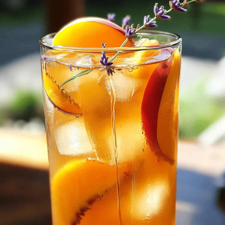 To make Peach Lavender Iced Tea, you need: - 4 cups water - 4 black tea bags - 1 large peach, pitted and sliced - 2 tablespoons dried culinary lavender These ingredients create a lovely blend of flavors. The black tea gives a strong base. The dried lavender adds a floral note. Fresh peaches bring sweetness and juiciness. For sweetness, you can use: - 1/3 cup honey (or to taste) - Alternative sweeteners Honey works well, but you can try other sweeteners too. Adjust the sweetness to your liking. If you want a lighter option, use stevia or agave. To make your drink look pretty, add: - Fresh peach slices - Lavender sprigs These garnishes not only look nice but also enhance the flavors. Fresh peach slices add a pop of color. Lavender sprigs bring a fragrant touch. You serve a drink that tastes as good as it looks! For the complete process, check the Full Recipe. 1. Start by bringing 4 cups of water to a boil in a medium saucepan. This step is key for extracting flavors. 2. Once the water boils, turn off the heat. Add 4 black tea bags and 2 tablespoons of dried culinary lavender to the pot. Let it steep for 5 to 7 minutes. This time gives the tea and lavender a chance to blend well. The longer you steep, the stronger the flavor. 3. After steeping, remove the tea bags. Use a fine mesh sieve to strain out the lavender. This helps you get a smooth drink without any floating bits. - While the tea is still warm, add 1/3 cup of honey. Stir well until the honey dissolves completely. This step is important as warm tea helps the honey mix better. - Taste the tea and adjust the sweetness. If you want it sweeter, just add more honey. - Let the tea cool down to room temperature. Once cooled, refrigerate it for at least 1 hour. This step makes the tea refreshingly cold. - When you’re ready to serve, fill glasses with ice cubes. Add a few slices of fresh peach to each glass. Pour the chilled tea over the ice. This makes a beautiful drink. - For garnish, add more fresh peach slices and lavender sprigs. This adds a nice touch and makes it look fancy. For the complete process, check out the Full Recipe. To make a great Peach Lavender Iced Tea, start with steeping time. I suggest steeping the tea for about 5-7 minutes. If you want a stronger flavor, steep it longer. If you prefer a lighter taste, steep for a shorter time. Next, think about sweetness. I use honey for its natural taste. You can adjust the amount to suit your taste. If you want it sweeter, add more honey. If you like it less sweet, add less. Presentation can make your drink even more special. For garnishes, fresh peach slices look lovely. You can also add lavender sprigs for a fragrant touch. This makes your drink eye-catching. When it comes to serving, opt for tall glasses. They show off the beautiful colors of the tea. Fill each glass with ice before pouring in the tea. This keeps it cool and refreshing. You can make this iced tea ahead of time. After you cool the tea, store it in the fridge. It stays fresh for up to 3 days. Just make sure to cover it well. Cooling the tea quickly helps. Place it in an ice bath for about 10 minutes. This speeds up the cooling process. You can enjoy your Peach Lavender Iced Tea anytime with these tips! For the complete recipe, check out the Full Recipe section. {{image_2}} You can make Peach Lavender Iced Tea even better by adding more fruits. Try mixing in berries, like blueberries or strawberries. They add sweetness and color to your drink. You can also infuse with apples for a fun twist. Citrus notes brighten the flavor too. Squeeze some lemon or lime juice into your tea. This adds a tasty zing. You can also add orange slices for a sweet kick. Experiment with different fruits to find your favorite mix! Cold brew is a great way to make this tea. Simply steep the tea bags and lavender in cold water overnight. This method creates a smooth taste. It’s perfect for hot days when you need a chill drink. You can enjoy Peach Lavender Iced Tea hot as well. Just skip the ice and serve it warm. It makes a lovely drink for cooler days. The flavors are just as delightful either way! If you're vegan, you can swap honey for maple syrup or agave nectar. These options still taste sweet. They fit into a plant-based diet perfectly. For a low-calorie option, use a sugar substitute. Stevia or erythritol works well. You can enjoy all the flavor without the extra calories. Adjust the sweetness to fit your taste. For the full recipe, check out the details above! Store your Peach Lavender Iced Tea in the fridge. Use a clean pitcher or jar to keep it fresh. It stays tasty for up to a week. After that, the flavor fades and it may not taste as good. You can freeze the tea for longer storage. Pour it into ice cube trays. This way, you can use it in drinks later. To serve, just thaw the cubes in the fridge or at room temperature. Avoid using a microwave, as it can change the taste. Keep an eye out for signs of spoilage. If the tea smells off or has a strange color, throw it away. Always store it in a sealed container to keep it fresh longer. This keeps out air and light, which can spoil the flavor. Peaches and lavender both offer great health perks. - Antioxidant properties: Peaches are rich in vitamins A and C. These vitamins help fight free radicals in your body. Lavender has antioxidants too, which can help keep your cells healthy. - Stress-relief benefits: Lavender is well-known for its calming effects. It can help reduce anxiety and improve sleep. Drinking peach lavender iced tea can be a nice way to relax after a long day. Yes, you can skip honey and still enjoy this tea. - Alternative sweeteners: You can use maple syrup, agave nectar, or stevia. These options let you control the sweetness without honey. - Unsweetened versions: If you prefer no sweetener, just leave it out. The peach flavor will still shine through! You can easily tweak this recipe to suit your taste. - Personal flavor preferences: Feel free to add more peaches for a sweeter tea. You can also use other fruits like raspberries or strawberries. - Ingredient substitutions: If you don't have black tea, try green tea or herbal tea. Each type adds its own twist to the flavor. Finding dried culinary lavender is easy. - Local markets: Check out farmers' markets or specialty stores. They often carry culinary herbs and spices. - Online sourcing options: You can buy dried culinary lavender online from various retailers. Just make sure it is safe for cooking. Serving this tea at a party is fun and easy. - Pitcher preparation: Make a big batch and serve it in a pitcher. This way, guests can help themselves. - Garnishing ideas for a crowd: Add fresh peach slices and lavender sprigs to each glass. It makes for a pretty presentation. Making this tea is quick and simple. - Prep time and total time overview: You need about 10 minutes to prepare. After that, let it chill for at least 1 hour. The total time is about 1 hour and 15 minutes. For the complete recipe, check out the [Full Recipe]. In this blog post, I shared how to make Peach Lavender Iced Tea. We covered all the main ingredients like tea, lavender, and peaches. Then, I explained how to steep and sweeten your drink. Tips on presentation and storage will help keep it fresh. Remember, you can adjust flavors and try new variations. Now, you can enjoy this refreshing drink any time. Get creative and make it your own!