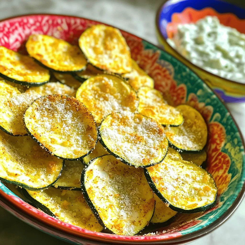 To make baked zucchini chips, start with fresh zucchinis. Choose medium-sized ones. Look for zucchinis that are firm and without blemishes. Fresh zucchinis have a light green color and feel heavy for their size. This ensures a good texture after baking. The key to tasty zucchini chips lies in the seasonings. Here is what you need: - 1 teaspoon olive oil - 1/2 teaspoon garlic powder - 1/2 teaspoon onion powder - 1/2 teaspoon smoked paprika - 1/2 teaspoon salt - 1/4 teaspoon black pepper These seasonings add great flavor and aroma to your chips. Olive oil helps to crisp them up. The garlic and onion powder give a savory touch. Smoked paprika adds a hint of smokiness. Salt and pepper enhance all the flavors. For extra flavor, you can include these add-ins: - 1/4 cup grated Parmesan cheese Adding Parmesan gives a rich, savory taste to the chips. It also enhances their crunch. Feel free to experiment with other cheese types or spices. You can use your favorites to create a unique flavor. For the full recipe, refer to the Crispy Baked Zucchini Chips section. This will guide you through the steps to make your snack delicious and healthy! Start by rinsing your zucchinis under cold water. This removes any dirt. Next, dry them well with a clean towel. Slice them into thin rounds, about 1/8 inch thick. Uniform slices help them bake evenly. If some pieces are thicker, they will cook slower. In a large bowl, add the zucchini slices. Pour in one teaspoon of olive oil. Toss them gently to coat each slice. This helps the seasonings stick. Now, sprinkle in the garlic powder, onion powder, smoked paprika, salt, and black pepper. If you love cheese, add 1/4 cup of grated Parmesan cheese. Toss everything again until the zucchini is well-coated with the seasoning mix. Preheat your oven to 225°F (110°C). Line a baking sheet with parchment paper. Place the seasoned zucchini slices in a single layer on the sheet. Make sure they do not overlap; this is key for crispiness. Bake them for 1.5 to 2 hours. Flip the chips halfway through to ensure even cooking. Watch them closely as they bake. You want them golden and crispy but not burnt. Once done, let them cool for a few minutes on the baking sheet. They will crisp up even more as they cool. Enjoy right away or store them in an airtight container for up to three days. For more details, check the Full Recipe. To make your zucchini chips extra crispy, slice them thin. Aim for about 1/8 inch thick. Uniform slices help them bake evenly. Make sure to dry the zucchini well before adding oil. Removing excess moisture is key. Coat the slices lightly with olive oil; too much oil makes them soggy. Spread the slices out on the baking sheet. Avoid overlapping. This ensures every chip gets crispy. One common mistake is not cutting the zucchinis evenly. Uneven slices cook at different rates. Another mistake is using too much oil or seasonings. This can weigh down the chips. Also, don’t crowd the baking sheet. If they touch, they won’t crisp up. Lastly, keep an eye on the oven. Baking time can vary. You want them golden, not burnt. Serve your zucchini chips with a tasty dip. Tzatziki or hummus pairs well and adds flavor. You can also sprinkle fresh herbs on top. Fresh parsley or dill adds a nice touch. For a fun twist, serve them in a colorful bowl. This makes the green chips pop. Enjoy them as a snack or a side dish. For the full recipe, check back to ensure you’ve got all the steps covered. {{image_2}} You can change the flavor of your zucchini chips easily. Try using different spices. For a kick, add cayenne pepper or chili powder. If you prefer herbs, use dried oregano or thyme for a fresh taste. You can also mix in some Italian seasoning for a classic touch. Each option gives your chips a unique flavor. If you want to add cheese, there are many choices. Parmesan cheese works well, but you can try cheddar or gouda too. For a twist, sprinkle nutritional yeast for a cheesy flavor without dairy. Or mix a bit of feta for a tangy taste. Each cheese enhances the chips differently. If you cannot find zucchini, other veggies work too. Eggplant makes a good substitute. Just slice it thin like zucchini. Sweet potatoes are great as well. They offer a sweeter flavor and a different texture. Even carrots can be baked into chips. Experiment and find your favorite! For the full recipe, check out the link above. To keep your baked zucchini chips fresh, store them in an airtight container. This helps maintain their crispiness. Avoid using plastic bags, as they can trap moisture and make the chips soggy. Place parchment paper between layers of chips if you stack them. This simple step can prevent sticking and keep them crunchy. When stored properly, these chips last up to three days. After that, they may lose their crispness. If you want to enjoy them longer, consider freezing them. However, frozen zucchini chips may not be as crispy when thawed. If your chips lose some crunch, you can reheat them in the oven. Set your oven to 300°F (150°C). Spread them out on a baking sheet. Heat for about 5-10 minutes. This helps bring back their crunch. Avoid microwaving, as it can make them soft. For the best taste, serve them warm. Enjoy your healthy snack! For the full recipe, check out the instructions above. Yes, you can use yellow squash instead of zucchini. Both have similar textures and tastes. Yellow squash will give your chips a slightly different color and flavor. Just slice it the same way you would zucchini. Follow the same baking steps for the best results. To make your zucchini chips spicier, add cayenne pepper or crushed red pepper flakes. Start with a small amount, like 1/8 teaspoon, and adjust to your taste. You can also use spicy seasoning blends to kick up the heat. Mix these spices with the other seasonings for an even coating. Yes, baked zucchini chips are a healthy snack option. They are low in calories and high in vitamins. Zucchini contains fiber, which aids digestion. Using olive oil adds healthy fats, making them better than fried snacks. If you skip the cheese, they remain a guilt-free treat. Enjoy them as a crunchy snack without worry. For the complete recipe, check out the Full Recipe section. You learned how to make delicious baked zucchini chips. We covered key ingredients, including fresh zucchini and essential seasonings. I shared step-by-step instructions for prepping and baking. You now have tips to achieve the perfect crispiness and avoid common mistakes. Finally, remember to experiment with flavors and store your chips properly for the best taste. Enjoy your crunchy snack, and feel free to get creative!