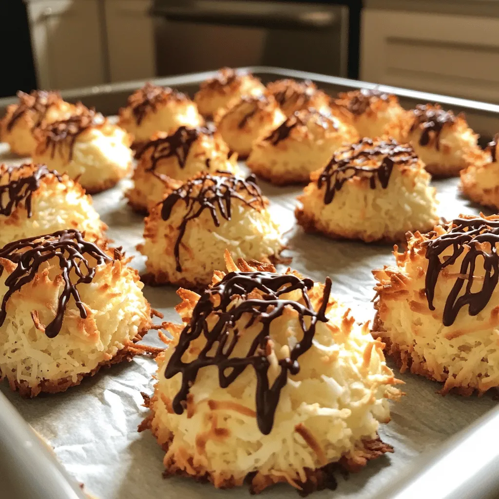 - 2 ½ cups shredded unsweetened coconut - 2/3 cup granulated sugar - 2 large egg whites - 1 teaspoon vanilla extract - 1/4 teaspoon salt - 1/2 cup semi-sweet chocolate chips (optional) When I make coconut macaroons, I love the simple mix of flavors. The shredded coconut gives a chewy texture. The sugar adds sweetness, while the egg whites bind everything together. Vanilla extract adds a lovely aroma, and salt balances the taste. If you want, add chocolate chips for a rich touch. - Mixing bowls - Whisk or electric mixer - Baking sheet - Parchment paper To make these macaroons, you need a few tools. Mixing bowls help combine the ingredients well. A whisk or electric mixer is great for whipping the egg whites. A baking sheet is where the macaroons bake. Parchment paper prevents sticking and makes cleanup easy. For the full recipe, refer to the section above. Enjoy your baking! - Preheat your oven to 325°F (165°C). - Line a baking sheet with parchment paper. This helps prevent sticking. - In a large bowl, mix the shredded coconut, sugar, salt, and vanilla extract. - Stir well to make sure everything is even. This step is key for flavor. - In a separate bowl, whip the egg whites with a whisk or mixer. - Beat them until they become frothy but not stiff. Look for soft peaks. - Take the frothy egg whites and gently fold them into the coconut mix. - Use a spatula and be careful not to deflate the egg whites. You want a light mixture. - Use a tablespoon or small cookie scoop to portion out the mix. - Space the mounds about 1 inch apart on the baking sheet. They will spread a bit. - Bake in the preheated oven for 20-25 minutes. Watch for golden edges. - Once baked, let them cool for a few minutes. Then transfer to a wire rack. - If you want to drizzle chocolate, melt the chocolate chips in the microwave. - Use a fork to drizzle the melted chocolate over the cooled macaroons. For the full recipe, check out the detailed instructions above. Enjoy making these tasty treats! To get the best texture for your macaroons, stick to the right ratios. Use 2 ½ cups of shredded coconut. The unsweetened kind helps balance the sweetness. Add 2/3 cup of granulated sugar. This will make them sweet but not too sweet. Mix dry ingredients well before adding egg whites. This ensures even flavor. You can switch up the taste with fun flavors. Try adding 1 teaspoon of almond extract for a nutty twist. You can also add citrus zest, like lemon or orange, for a fresh kick. These small changes can make your macaroons unique and exciting. Baking evenly is key to great macaroons. Space each mound about 1 inch apart on the baking sheet. This allows them to spread without touching. Keep an eye on them while they bake. Look for golden brown edges, which usually takes 20 to 25 minutes. If they look too pale, give them a few extra minutes. Always let them cool before serving. This helps them set and makes them easier to handle. {{image_2}} To make chocolate coconut macaroons, add cocoa powder to the mix. Use 1/3 cup of unsweetened cocoa powder. Mix it in with the shredded coconut, sugar, and vanilla extract. This will give a rich chocolate flavor. You can also melt 1/2 cup of semi-sweet chocolate chips and drizzle it on top after baking. This extra touch makes the macaroons look fancy and taste amazing. If you love nuts, try adding them to your macaroons. Chopped almonds or walnuts work well. Just use 1/2 cup of nuts, and mix them in with the coconut mixture. This adds a crunchy texture and nutty flavor. Be sure to chop the nuts finely so they blend well. You can even toast the nuts lightly for extra flavor before mixing them in. For a tropical twist, enhance your macaroons with dried fruits or lime zest. Adding 1/2 cup of chopped dried pineapple or mango will bring a fruity flavor. Lime zest will add a fresh and zesty taste. Just mix in the dried fruits or zest with the coconut mixture. This variation makes the macaroons feel like a summer treat. To keep your macaroons fresh, store them in an airtight container. This helps retain their moisture and flavor. Place a piece of parchment paper between layers if you stack them. For best results, store the container in a cool, dry place. Avoid areas near heat or sunlight. Homemade coconut macaroons can last about a week when stored properly. If you want them to stay fresh longer, consider freezing them. Keep an eye on them; if they start to lose their taste or texture, it’s time to enjoy or toss them. To freeze your macaroons, place them in a single layer on a baking sheet. Freeze them until firm, about 1-2 hours. Then, transfer them to a freezer-safe bag or container. Label the bag with the date. When you want to eat them, thaw them in the fridge overnight or at room temperature for a few hours. Enjoy your tasty treat! Yes, you can use sweetened coconut. It makes your macaroons sweeter. You may want to reduce sugar in the recipe. Sweetened coconut adds more flavor, but keep in mind it changes the texture. Your macaroons might be a bit chewier and stickier. If you want a vegan option, use aquafaba. Aquafaba is the liquid from canned chickpeas. Use three tablespoons of aquafaba for each egg white. You can also try flaxseed meal mixed with water. Mix one tablespoon of flaxseed with three tablespoons of water and let it sit for a few minutes. Look for a golden brown edge. The tops should have a light brown color too. If they are still too pale, give them a few more minutes. Watch them closely to avoid burning. I usually bake them for 20 to 25 minutes. Using parchment paper works great. It keeps the macaroons from sticking. You can also grease the baking sheet with a little oil or butter. Just make sure to spread it evenly. This helps the macaroons slide off easily after baking. These steps show how to make delicious coconut macaroons at home. You gather simple ingredients and tools, then follow easy steps to bake them. You can even customize flavors and store them right. Coconut macaroons are fun to make and enjoy. Try adding your twist, such as nuts. With these tips and tricks, you'll impress your friends and family. Enjoy your sweet treats!
