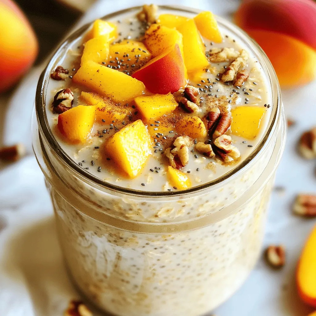 To make Cinnamon Peach Overnight Oats, gather these simple ingredients: - 1 cup rolled oats - 1 cup almond milk (or any milk of choice) - 1 ripe peach, diced - 1 tablespoon chia seeds - 1 teaspoon ground cinnamon - 1 tablespoon maple syrup (or honey) - 1/4 teaspoon vanilla extract - Pinch of salt - Chopped pecans or walnuts (for topping) - Extra peach slices (for garnish) These ingredients work together to create a creamy, tasty meal. Rolled oats bring fiber and texture. Almond milk adds a nice creaminess without dairy. The ripe peach gives natural sweetness and flavor. Chia seeds help thicken the oats and add nutrition. Ground cinnamon brings warmth and spice. Maple syrup offers a touch of sweetness, while vanilla extract enhances the taste. A pinch of salt balances all the flavors. Finally, nuts and extra peach slices add a delightful crunch and charm. You can find the full recipe for these oats [here](#). - First, combine the oats, almond milk, chia seeds, cinnamon, maple syrup, vanilla, and salt in a mixing bowl. - Mix well until everything is smooth and blended. - Gently fold in the diced peach. Remember to save some peach pieces for later. - Divide this mixture into two airtight containers. - Cover the containers and refrigerate overnight or for at least 4-6 hours. This helps the oats soften. - In the morning, take out the containers and stir the oats. - If the mixture is too thick, add a splash of almond milk to adjust. - Serve the oats in bowls or jars. - Top with chopped nuts and extra peach slices for a nice crunch. This method makes each bite tasty and fun. Check out the full recipe for more details! - Mix the ingredients well to get a smooth texture. - Pick ripe peaches; they taste much better in the oats. - Add seasonal fruits or nuts for a fun twist. - Drizzle more maple syrup if you want extra sweetness. {{image_2}} You can easily swap out peaches for other fruits. Berries, such as strawberries or blueberries, work great. Bananas also add a nice creaminess. If you want to change the yogurt, try flavored kinds like vanilla or coconut. This adds a fun twist to the oats. Want to boost nutrition? Add a scoop of protein powder to your oats. It blends well and makes your meal heartier. You can also mix in spices like nutmeg or ginger. These spices add warmth and different flavors. Get creative with what you have and enjoy the process. You will find many flavor combinations you love. For the complete recipe, check out the Full Recipe. To keep your Cinnamon Peach Overnight Oats fresh, store them in airtight containers in the refrigerator. This helps prevent spoilage and keeps the oats tasty. Enjoy them within 2-3 days for the best flavor and texture. If you want to save some for later, you can freeze your oats. Just remember that the texture might change after thawing. To enjoy your frozen oats, thaw them overnight in the refrigerator before you eat. This makes them ready to serve without losing too much quality. Cinnamon Peach Overnight Oats last up to 3 days in the refrigerator when stored properly. Keep them in airtight containers. This helps keep them fresh and tasty. Yes, you can make these oats vegan! Just use plant-based milk and maple syrup instead of honey. This keeps the recipe light and full of flavor. You can use flaxseeds or omit chia seeds entirely. However, this changes the texture a bit. If you want a thicker mix, keep the chia seeds. You can adjust sweetness with more maple syrup or a sugar substitute. Taste as you go to find what you like best. Yes, you can enjoy your oats warm! Just microwave them for a short time if you prefer them warm. This makes a cozy breakfast option. For the full recipe, check out the ingredients and instructions above! Cinnamon Peach Overnight Oats are easy to make and delicious. We combined oats, milk, peaches, and chia seeds for a tasty breakfast. You can store them for a few days or freeze them for later. Feel free to switch up the fruits or add spices for extra flavor. This recipe is great for busy mornings. Enjoy the yummy flavors and simplicity of meal prep!