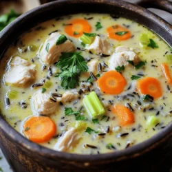 - 1 lb boneless, skinless chicken thighs, cubed - 1 cup wild rice, rinsed - 6 cups chicken broth - 1 cup heavy cream or coconut cream - 1 medium onion, diced - 2 carrots, sliced - 2 celery stalks, sliced - 3 garlic cloves, minced - 1 teaspoon dried thyme - 1 teaspoon dried rosemary - Salt and pepper to taste - Fresh parsley, chopped (for garnish) - 2 tablespoons olive oil When I create Chicken and Wild Rice Soup, I focus on fresh, quality ingredients. The chicken thighs add flavor, while wild rice gives a hearty texture. The broth is the base, bringing everything together. Heavy cream or coconut cream makes it rich and creamy. Next, I choose aromatic veggies. Onions, carrots, and celery add sweetness and depth. Garlic brings a wonderful aroma that fills the kitchen. Seasonings are key for that comforting taste. Thyme and rosemary add warmth. I always season with salt and pepper to bring out the flavors. Fresh parsley on top gives a nice pop of color and freshness. For the full recipe, follow along as I guide you through each step of this easy comfort meal. - Heat 2 tablespoons of olive oil in a large pot over medium heat. - Add 1 diced medium onion and sauté until it turns translucent. This usually takes about 5 minutes. - Next, add 3 minced garlic cloves, 2 sliced carrots, and 2 sliced celery stalks. Cook them for about 4-5 minutes until they soften. - Add 1 lb of cubed boneless, skinless chicken thighs to the pot. Brown the chicken for about 5 minutes, making sure all sides cook well. - Stir in 1 cup of rinsed wild rice along with 1 teaspoon of dried thyme and 1 teaspoon of dried rosemary. Season with salt and pepper to taste. - Pour in 6 cups of chicken broth and bring the mixture to a boil. - Once boiling, reduce the heat to low. Cover the pot and let it simmer for about 45 minutes. This allows the rice to become tender and fluffy. - After simmering, stir in 1 cup of heavy cream or coconut cream for a dairy-free option. - Taste the soup and adjust the seasoning with more salt and pepper if needed. To ensure your chicken is tender, use boneless, skinless chicken thighs. They stay juicy and cook evenly. Brown them lightly in olive oil before adding other ingredients. This step adds great flavor. If you cook them too long, they can dry out. So, keep an eye on them. Wild rice needs special care. Rinse it well under cold water before cooking. This removes any dirt or debris. Add it to the pot with your broth and let it boil. Then, reduce the heat. Cover the pot and let it simmer for about 45 minutes. This method helps the rice become fluffy and tender. For extra flavor, try adding fresh herbs like thyme or parsley. These herbs brighten the soup. You can also add spices like paprika or cayenne for a little kick. If you want some crunch, consider adding chopped nuts or seeds. They add texture and nutrition. To boost nutrition, toss in some leafy greens like spinach or kale. They cook quickly and add color. You can also add peas or corn for sweetness. These additions make the soup more filling and fun. Serving is as important as cooking. Use a deep bowl to hold the soup. Garnish with a sprinkle of fresh parsley on top. This adds a pop of color. You can also drizzle a bit of cream for a touch of luxury. Pair your soup with some crusty bread or a simple salad. A fresh green salad complements the soup's warmth. This combo makes a satisfying meal. Enjoy each spoonful of this comforting dish that warms both body and soul. For more details, check the Full Recipe. {{image_2}} If you want to switch up the protein, turkey works great. You can use leftover turkey or rotisserie chicken. Both options save time and add fun flavors. For a vegetarian twist, try using mushrooms or jackfruit. These choices add texture and heartiness. Plus, they soak up the soup's flavors nicely. Don’t have wild rice? No problem! Brown rice or quinoa are good alternatives. They both cook well and provide a nice taste. You can also find packaged wild rice blends. These blends often combine different grains for added flavor and nutrition. You can decide how creamy you want your soup. If you prefer a lighter version, skip the cream. Use vegetable broth instead of chicken broth for a fresh taste. You can also add coconut milk for a creamy feel without dairy. This keeps it rich, yet light. To keep Chicken and Wild Rice Soup fresh, store it in an airtight container. You can refrigerate the soup for up to three days. For longer storage, freeze the soup in portions. Use freezer-safe bags or containers. When reheating, thaw in the fridge overnight. Gently heat on the stove or in the microwave until hot. Stir often to avoid hot spots. In the fridge, Chicken and Wild Rice Soup lasts about three days. If you freeze it, it can last for up to three months. Check for signs of spoilage, like a sour smell or off-color. If it smells bad or looks strange, throw it away. You can prepare the soup ahead of time for easy meals later. Make a big batch, then store it in the fridge or freezer. Portion the soup into serving sizes for quick meals. Just reheat when you’re ready to enjoy! For the best taste, freeze without the cream. Stir in cream after reheating for a rich texture. Check out the Full Recipe for all the details! The best wild rice for this soup is traditional wild rice. It is nutty and chewy. You can also use blends that mix wild rice with white or brown rice. These blends are often easier to find and cook faster. Just make sure to rinse the rice before cooking. This removes any dust and helps it cook evenly. Yes, you can use cooked chicken. If you do, cut it into bite-sized pieces. Reduce the cooking time to about 20 minutes. Add the chicken after the rice is tender. This keeps the chicken moist and tasty without overcooking it. Yes, this Chicken and Wild Rice Soup is gluten-free. Wild rice is a grain that does not contain gluten. The other ingredients, like chicken and vegetables, are also gluten-free. Always check labels on chicken broth, as some brands may add gluten. Yes, you can adapt this recipe for a slow cooker. Start by sautéing the onions and garlic on the stove. Then, add all the ingredients to the slow cooker. Cook on low for 6-8 hours or high for 3-4 hours. Add the cream in the last 30 minutes for best results. To make this soup healthier, you can reduce the cream or use coconut cream. You can also add more vegetables like spinach or kale for extra nutrients. Use low-sodium chicken broth to cut back on salt. You can even add lentils for extra protein and fiber. In this blog post, we explored making delicious Chicken and Wild Rice Soup. We covered essential ingredients, cooking steps, tips for flavor, and various options to customize the recipe. You can use different proteins or grains based on what you have. I hope these ideas inspire you to create a warm, tasty soup. Enjoy every comforting spoonful, and don’t forget to share your creations!