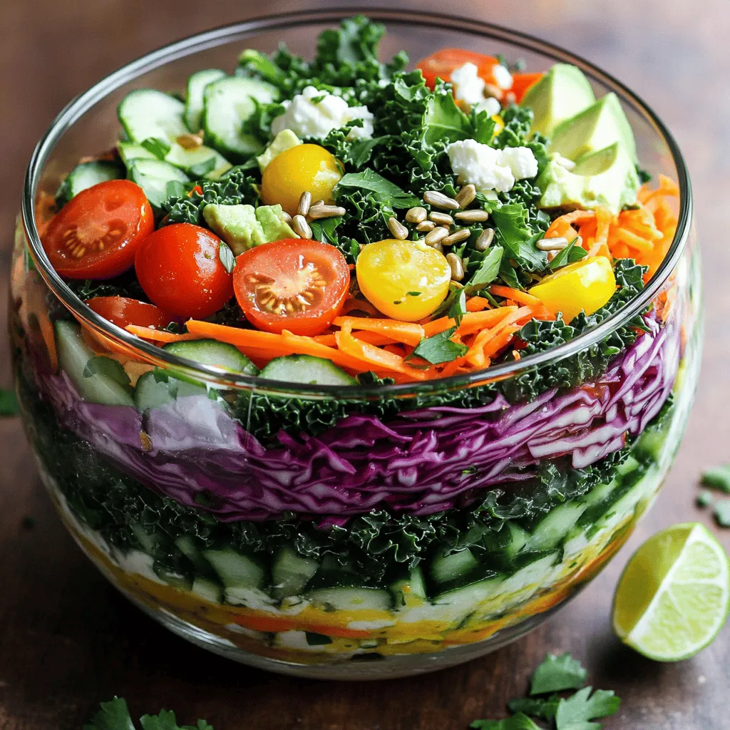 To make a vibrant Rainbow Chopped Salad, you need a mix of fresh vegetables. Here’s what you will need: - 1 cup red cabbage, finely shredded - 1 cup carrots, grated - 1 cup yellow bell pepper, diced - 1 cup cucumber, diced - 1 cup cherry tomatoes, halved - 1 cup kale, chopped - 1 avocado, diced These ingredients add color and crunch to your salad. Each vegetable brings its unique flavor and texture. You can add more taste with optional ingredients: - 1/4 cup feta cheese - 1/4 cup sunflower seeds - 1/4 cup fresh parsley, chopped These extras make your salad even more delicious. Feta adds creaminess, while sunflower seeds give a nice crunch. The dressing makes the salad shine. For the dressing, gather these ingredients: - Juice of 2 limes - 3 tablespoons olive oil - 1 tablespoon honey (or agave syrup) - Salt and pepper to taste Mixing lime juice with olive oil creates a zesty flavor. Honey adds a touch of sweetness. Adjust salt and pepper for your taste. For the full recipe, check out the detailed steps to make this colorful delight. To start, you need to prepare the vegetables. Each type adds its own color and crunch. Here’s how to do it: - Red Cabbage: Use a sharp knife to finely shred it. Aim for thin strips. This helps it mix well with other veggies. - Carrots: Grate them using a box grater. This creates small, thin pieces. They will blend nicely in the salad. - Yellow Bell Pepper: Dice it into small cubes. Cut off the top, remove the seeds, and chop. The sweet flavor brightens the dish. - Cucumber: Dice it too, making sure to keep the pieces similar in size. This adds a refreshing crunch. - Cherry Tomatoes: Halve them for juicy bites. Their sweetness complements the other veggies. - Kale: Chop it into bite-sized pieces. This leafy green adds nutrition and texture. - Avocado: Dice it last to keep it fresh. Its creamy texture balances the crisp veggies. Now, grab a large bowl. Combine all the prepared vegetables in it. Start with the red cabbage, then add the carrots, yellow bell pepper, cucumber, cherry tomatoes, kale, and avocado. Make sure everything is mixed well. You want a rainbow of colors and flavors. This mix is both fun to make and eat! In a small bowl, whisk together the dressing. Start with the juice of two limes. This gives a bright, zesty flavor. Next, add three tablespoons of olive oil for richness. Then, mix in one tablespoon of honey or agave syrup for sweetness. Finally, season with salt and pepper to taste. Whisk until it’s smooth. This dressing will tie all the flavors together. Now it’s time to put it all together! Pour the dressing over your vegetable mix. Toss gently to coat everything evenly. Ensure all the veggies are covered in that bright dressing. Next, add the chopped parsley and sunflower seeds on top. If you like, sprinkle with feta cheese for extra flavor. Toss lightly again to mix in the toppings. Serve in a large clear bowl to show off those vibrant colors. Enjoy your healthy and colorful Rainbow Chopped Salad! To keep your Rainbow Chopped Salad fresh and crunchy, choose the best vegetables. Look for bright colors and firm textures. Wash them well and dry them thoroughly. This helps remove dirt and keeps the salad crisp. Cut the veggies just before serving to maintain their crunch. For leafy greens, like kale, remove tough stems and chop them finely. This makes them easier to eat. Serving your salad in a big clear glass bowl shows off its vibrant colors. Layer the veggies carefully to create a rainbow effect. You can garnish with fresh parsley and lime wedges for a pop of color. This makes the dish more inviting. For extra flair, drizzle some dressing on top right before serving. This adds shine and makes it even more appealing. Feel free to adjust the ingredients based on your taste. If you love spicy food, add jalapeños or radishes. For a sweeter touch, toss in some diced mango or apples. You can also swap out the feta cheese for a dairy-free option. If you want protein, add grilled chicken or chickpeas. Remember, this salad is all about your personal touch. You can find the [Full Recipe](#) to explore more ideas. {{image_2}} You can change this salad by using seasonal veggies. Try adding fresh corn in summer or roasted butternut squash in fall. You can also swap dressings. A tahini-based dressing adds a nutty flavor. A balsamic vinaigrette gives a sweet twist. Making the salad vegan is simple. Just skip the feta cheese. You can replace honey with maple syrup for a vegan-friendly option. For gluten-free diets, this salad is already safe. Just ensure your dressing is gluten-free. To make the salad heartier, add proteins. Grilled chicken works well for a classic touch. Chickpeas or black beans are great plant-based options. They add texture and boost nutrition. You can even toss in cooked quinoa for more protein and fiber. Feel free to experiment with these ideas. They can help you create a unique dish every time. Check out the Full Recipe to get started! To keep your Rainbow Chopped Salad fresh for up to 3 days, cover it tightly. Use plastic wrap or a lid to seal the bowl. This helps keep air out and prevents wilting. If you notice any extra moisture, drain it before storing. A little moisture can make the salad soggy. When prepping ingredients ahead of time, chop them in a way that keeps them crisp. Store veggies separately to maintain their crunch. You can mix the dressing and store it in a jar. This way, you can add it just before serving. By doing this, you ensure each bite stays fresh and tasty. Use airtight containers for the best results. Glass containers work well and help you see the colorful layers. If you prefer plastic, choose BPA-free options. Make sure the container is big enough to hold all your salad without squishing it. This will keep your salad looking and tasting great. For the full recipe, check out the detailed instructions above. To keep your chopped salad fresh, store it in an airtight container. Remove any excess air and seal it tight. Keep it in the fridge to maintain crispness. You can also separate the dressing from the salad until you're ready to eat. This helps prevent sogginess. Yes, you can make Rainbow Chopped Salad in advance. Just chop all the veggies and store them in the fridge. Be sure to add the avocado and dressing right before serving. This keeps the salad looking bright and fresh. You can enjoy it for lunch or dinner later. To lower the calories in your Rainbow Chopped Salad, try these tips: - Use less olive oil or substitute with a lighter dressing. - Skip the feta cheese or use a reduced-fat version. - Add more veggies and reduce the amount of avocado. - Opt for fewer sunflower seeds or leave them out completely. Rainbow Chopped Salad pairs well with many dishes. Here are some tasty ideas: - Grilled chicken or shrimp for added protein. - Quinoa or brown rice as a hearty side. - Whole grain wraps or pita for a light meal. - A refreshing fruit salad for dessert. Find the full recipe for a delicious experience! This blog post covered how to make a vibrant Rainbow Chopped Salad. We explored the ingredients, fun preparation steps, and ways to enhance flavor. You can personalize the salad using various toppings and dressings. Remember, freshness is key to a great taste. If you follow these tips, your salad will shine on any plate. Enjoy making this colorful dish that delights both the eyes and the taste buds!