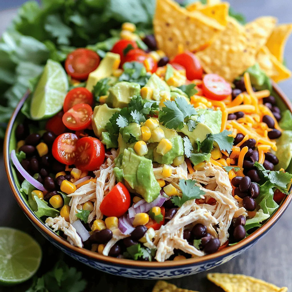 - 2 cups cooked chicken breast, shredded - 1 can (15 oz) black beans, rinsed and drained - 1 cup corn (frozen or canned) - 1 red bell pepper, diced - 1 avocado, diced These five ingredients form the base of your chicken taco salad. The cooked chicken gives you protein and flavor. Black beans add fiber and texture. Corn brings sweetness and crunch. The red bell pepper adds color and vitamins. The avocado offers creaminess and healthy fats. - 1 cup cherry tomatoes, halved - 1/2 cup red onion, finely chopped - 1 cup shredded lettuce (romaine or iceberg) - 1 cup shredded cheddar cheese - 1/2 cup cilantro, chopped These add-ins are great to customize your salad. Cherry tomatoes add a pop of color and sweetness. Red onion gives it a sharp bite. Shredded lettuce adds volume and crunch. Cheddar cheese brings richness. Fresh cilantro adds a bright flavor. - 1/4 cup lime juice - 1 tablespoon olive oil - 1 packet taco seasoning - Salt and pepper to taste The dressing ties everything together. Lime juice gives a zesty kick. Olive oil adds smoothness. Taco seasoning infuses bold flavors. Salt and pepper enhance all the tastes. This simple dressing is key to a tasty salad. Don't skip it! For the full recipe, check out the Easy Chicken Taco Salad section. - In a large bowl, combine the main ingredients. - Add 2 cups of shredded chicken. - Toss in 1 can of black beans, rinsed and drained. - Mix in 1 cup of corn. - Add 1 diced red bell pepper. - Put in 1 diced avocado. - Toss 1 cup of halved cherry tomatoes. - Include 1/2 cup of finely chopped red onion. - Finish with 1 cup of shredded lettuce. - Whisk the dressing. - In a small bowl, combine 1/4 cup of lime juice. - Add 1 tablespoon of olive oil. - Mix in 1 packet of taco seasoning. - Season with salt and pepper to taste. - Whisk until everything is well mixed. - Mix the salad with dressing. - Pour the dressing over the salad mixture. - Toss gently to coat all ingredients evenly. - Add 1 cup of shredded cheddar cheese and 1/2 cup of cilantro. - Give the salad one last toss to mix in the cheese and cilantro. - How to plate the salad. - Divide the salad into bowls or plates. - Ensure each serving looks colorful and fresh. - Recommended garnishes. - Top the salad with a handful of tortilla chips. - You can also add extra cilantro for garnish. - How to ensure chicken is tender. - Use cooked chicken that is juicy and warm. - Shred it just before adding to the salad for best flavor. - Tips for ripening avocados. - Store avocados at room temperature. - They will ripen in a few days. - Once soft, store them in the fridge to keep fresh. For the full details on making this dish, check out the Full Recipe. Using pre-cooked chicken saves time. You can buy it or make it yourself. Shredded chicken mixes well with other ingredients. It makes your salad quick and easy. To ensure flavor balance, mix your ingredients well. Each bite should have a taste of everything. Use fresh veggies for a bright flavor. Fresh lime juice also brightens the dish. You can add spices or herbs to boost flavor. Cumin or chili powder works great. Fresh cilantro adds freshness too. Don’t be afraid to try new herbs! For dressings, a simple lime vinaigrette shines here. You can mix lime juice with olive oil. If you like creaminess, add some Greek yogurt. A spicy dressing can add a kick. Serve your salad in colorful bowls. This makes it look appealing and fun. You can layer the ingredients for a nice view. Garnish with tortilla chips for crunch. Place them on top or serve on the side. This adds texture and makes it more exciting. Enjoy your beautiful salad! {{image_2}} You can easily swap ingredients in your chicken taco salad. If you want a different protein, try tofu or turkey instead of chicken. Both options taste great and are easy to prepare. For a veggie twist, add zucchini or spinach. These vegetables can boost the nutrition and add fresh flavors to your salad. Sometimes, you may want a change in your dressing. You can make it creamy by adding yogurt or sour cream. These options provide a rich taste and pair well with the salad. If you like heat, add a spicy sauce like sriracha. This will give your salad a nice kick. If you need gluten-free options, skip the tortilla chips and use corn tortillas instead. This keeps your meal safe for those with gluten issues. For a vegan version, swap chicken for chickpeas or black beans. Use a plant-based dressing and leave out the cheese. This way, you can enjoy a tasty salad that fits your diet. For the complete recipe, check out the [Full Recipe]. To keep your easy chicken taco salad fresh, store leftovers right away. Use airtight containers to prevent air from getting in. This helps maintain flavor and texture. Divide the salad into smaller portions for quick meals later. Remember to keep the tortilla chips separate to stay crunchy. Yes, you can freeze chicken taco salad, but not for long. Freezing may change the texture of fresh veggies. If you want to freeze it, skip adding the avocado and lettuce. Place the salad in a freezer-safe container. Let it thaw in the fridge overnight before eating. This keeps it safe and tasty. In the fridge, your chicken taco salad lasts about 3 to 4 days. If you notice any changes in smell or texture, it's best to toss it. Always check before you eat leftovers. Keeping storage tips in mind helps you enjoy your meal safely. The best chicken for taco salad is cooked chicken breast. You can grill, bake, or boil it. Shredded chicken works well because it mixes easily with other ingredients. You can use leftover chicken or rotisserie chicken for quick prep. Yes, you can make this salad ahead of time. Just keep the dressing separate until you are ready to serve. This helps keep the salad fresh and crunchy. It tastes even better after resting a bit, as flavors blend well. Healthy toppings include fresh veggies like tomatoes, bell peppers, and avocados. You can also add beans for protein and fiber. Use a light amount of cheese or skip it for fewer calories. Fresh herbs like cilantro add flavor without extra fat. To add heat, you can use spicy salsa or jalapeños. Adding diced chili peppers gives a nice kick too. You can also mix in a dash of hot sauce in the dressing for an extra bite. Start small and taste as you go. Yes, you can use canned chicken in this recipe. It is a quick and easy option when you're short on time. Drain and rinse the chicken to remove excess sodium. Shred it well before adding it to your salad. For the full recipe, check the section above. This blog post covered how to make a tasty chicken taco salad. We discussed essential ingredients like chicken, black beans, and avocado. Optional add-ins can enhance flavor and texture. The step-by-step instructions make preparation easy and fun. We explored tips for better flavor and presentation. Finally, I shared variations suitable for different diets and storage information for leftovers. Now you can create a salad that is both delicious and flexible to your taste. Enjoy making this meal!
