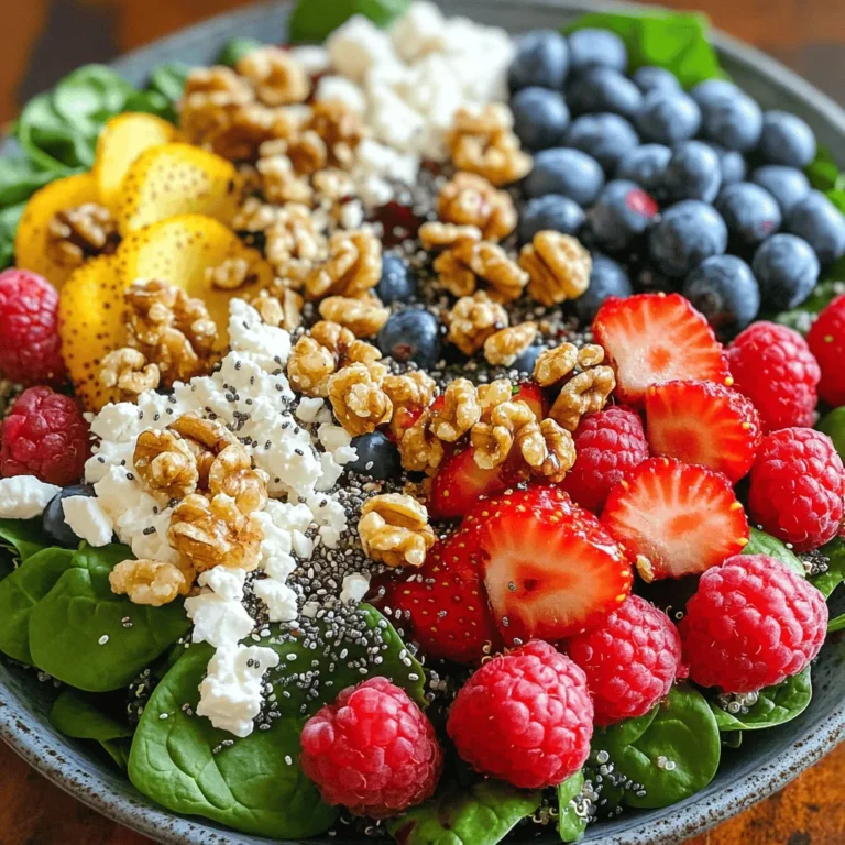 - Spinach - Mixed Berries - Quinoa - Feta Cheese - Walnuts - Balsamic Vinegar - Olive Oil - Honey - Salt and Pepper - Advantages of Spinach: Spinach is packed with vitamins A, C, and K. It helps improve eyesight and supports bone health. This leafy green also boosts your immune system. - Health Benefits of Berries: Berries are full of antioxidants. They help fight inflammation and are low in calories. Eating berries can improve heart health and brain function. - Nutritional Value of Quinoa: Quinoa is a great source of protein. It contains all nine essential amino acids. This grain is also high in fiber and helps keep you full longer. Berry Spinach Power Salad is not just a tasty dish; it’s loaded with nutrients. You’ll enjoy the freshness and health benefits in every bite. For the complete recipe, check out the [Full Recipe]. Cooking the Quinoa First, rinse 1/2 cup of quinoa in cold water. This will help remove any bitter taste. Next, cook the quinoa in a saucepan with 1 cup of water. Bring it to a boil, then cover and lower the heat. Let it simmer for about 15 minutes until the water is absorbed. Once done, remove it from heat and let it cool. The quinoa should be fluffy and tender. Preparing the Berries While the quinoa cooks, it’s time to prepare the berries. If you’re using strawberries, slice them into small pieces. Leave blueberries and raspberries whole. Use a mix of berries for vibrant color and flavor. Fresh berries add a sweet touch to the salad. Mixing the Salad Ingredients In a large mixing bowl, combine the fresh spinach, mixed berries, and cooked quinoa. Next, add roughly chopped walnuts and crumbled feta cheese. These ingredients create a tasty mix of textures and flavors. The spinach provides a fresh base, while the berries add sweetness. Combining Ingredients In a small bowl, gather your dressing ingredients: balsamic vinegar, olive oil, honey, salt, and pepper. Measure each ingredient carefully to get the best taste. Whisking for Texture Whisk the ingredients together until well combined. This will create a smooth dressing. The honey adds a hint of sweetness that balances the tang of the vinegar. Tossing the Salad Drizzle the dressing over the salad mixture. Gently toss everything together until the spinach and berries are lightly coated. Be careful not to crush the berries during the mixing. This step ensures every bite is flavorful. Adding Chia Seeds Finally, sprinkle chia seeds on top for an extra crunch and nutritional boost. Chia seeds are small but pack a big punch of health benefits. They add texture and help keep you full. Now you have a Berry Spinach Power Salad ready to enjoy! For the full recipe, check the earlier section. - Ensuring Quinoa is Fluffy To make fluffy quinoa, rinse it well before cooking. This removes bitterness. Use a ratio of 1 part quinoa to 2 parts water. Bring it to a boil, then cover and simmer until all water is absorbed. Let it sit for 5 minutes off heat. Fluff it with a fork before using. - Choosing the Right Berries Use fresh, ripe berries for the best taste. Strawberries should be bright red. Blueberries should be plump and firm. Raspberries need to be deep in color and slightly soft. Wash them gently to keep their shape and flavor. - Pairing with Proteins This salad pairs well with grilled chicken or shrimp. You can also add chickpeas for a plant-based option. These proteins will make the salad more filling and nutritious. - Ideal Times to Serve Serve this salad as a light lunch or a side dish at dinner. It’s great for picnics or potlucks, too. The fresh flavors make it perfect for warm days or any gathering. - Creative Serving Dishes For a fun twist, serve the salad in mason jars. This makes it portable and visually appealing. You can also use a large wooden bowl for a rustic touch. - Garnishing Tips Add a sprinkle of extra chia seeds or a few whole berries on top. A fresh mint leaf can add color and flavor. These small touches make your salad look even more inviting. For the full recipe, check the section above. {{image_2}} You can make the Berry Spinach Power Salad your own by adding other fruits. Try slices of ripe peaches or juicy oranges. Both will add sweetness and color. You can also mix in sliced apples for a crunchy texture. Each fruit brings its own unique flavor, making the salad fun to eat. Using different nuts gives you more options, too. Instead of walnuts, try pecans or almonds. Both add a nice crunch and a distinct taste. If you want a nut-free version, sunflower seeds work well. They add a bit of crunch and are great for those with nut allergies. Switching up the dressing can change the whole salad. If you want a different flavor, try a citrus vinaigrette. Mix fresh orange juice, lemon juice, and olive oil for a bright taste. You can also try a honey mustard dressing for a tangy twist. Just mix honey, mustard, balsamic vinegar, and olive oil together. For a creamy dressing, consider using plain yogurt or tahini. These options add richness without overpowering the salad. You can mix yogurt with a bit of lemon juice and herbs for a fresh taste. Tahini adds a nutty flavor that pairs well with the berries. If you need gluten-free options, quinoa is already a great choice. Just make sure to check that your other ingredients are gluten-free, too. Most fresh fruits and vegetables are safe. For a gluten-free dressing, use vinegar and oil, avoiding any with gluten. If you want a vegan alternative, skip the feta cheese. You can use avocado instead, which adds creaminess. Nutritional yeast can give a cheesy flavor without dairy. It’s a fantastic option that keeps the salad tasty. Try these simple swaps to suit your diet and enjoy this Berry Spinach Power Salad. For the full recipe, check the Berry Spinach Power Salad section. To keep your Berry Spinach Power Salad fresh, store it in the fridge right away. Use an airtight container to seal in flavor and moisture. This salad stays crisp for about three days. If you mix in the dressing, use it within a day for the best taste. You can prep ingredients ahead of time. Wash and dry the spinach, then store it in a damp paper towel inside a bag. This keeps it fresh for longer. Cook your quinoa and let it cool before storing it in the fridge. Keep the berries separate until you're ready to eat. They taste best fresh. If the salad loses its crunch, add a splash of balsamic vinegar or a drizzle of olive oil. This helps revive the flavor. If you want to reheat the quinoa, warm it gently in a microwave. Avoid reheating the entire salad; it’s best enjoyed cold. For the freshest taste, mix in new ingredients when serving leftovers. For the complete recipe, check out the Full Recipe section! You can easily make this salad vegan. Simply swap feta cheese for a plant-based cheese or leave it out. Instead of honey, use agave syrup or maple syrup. The rest of the ingredients are already vegan-friendly. This keeps the salad fresh and tasty without animal products. Yes, you can use frozen berries! Just make sure to thaw them before adding to the salad. Thawing helps enhance the flavor and makes them less icy. Keep in mind that frozen berries may be softer than fresh, but they still add great taste and nutrition. Spinach is rich in vitamins A, C, and K. It also has iron and calcium. Berries are full of antioxidants, which help fight free radicals. They also provide fiber and vitamins. Together, they make a great team for your health. Eating them can boost your immune system and overall wellness. You can store the salad in the fridge for up to three days. To keep it fresh, place it in an airtight container. The spinach may wilt over time, but it will still taste good. If you want, add the dressing right before serving to keep it crisp. Absolutely! Adding protein makes the salad filling. You can use grilled chicken, chickpeas, or tofu. These options add flavor and help keep you satisfied. Adding protein turns this salad into a full meal, perfect for lunch or dinner. For the full recipe, check out the details above. This blog post guides you through making a Berry Spinach Power Salad. You learned about fresh ingredients, key steps, and nutritional benefits. I shared tips to make your salad tasty and fun. Don't forget to try new variations and serve it with your favorite proteins. This salad is not just healthy; it's also simple to prepare and full of flavor. Enjoy making this dish and feel great about the nutrients packed inside!