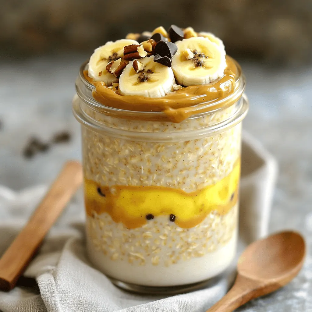 To make peanut butter banana overnight oats, gather these key ingredients: - 1 cup rolled oats - 2 cups almond milk (or any milk of choice) - 2 ripe bananas, one mashed and one sliced - 1/4 cup natural peanut butter - 2 tablespoons honey or maple syrup (optional for added sweetness) - 1 teaspoon vanilla extract - 1/2 teaspoon cinnamon - A pinch of salt These ingredients blend together to create a creamy, sweet, and satisfying breakfast. The rolled oats soak up the milk and flavors overnight, making them soft and ready to eat in the morning. You can customize your oats with these optional ingredients: - Chopped nuts or seeds for topping - Dark chocolate chips for garnish Feel free to add your favorite nuts or seeds for crunch. Chocolate chips can add a fun twist if you have a sweet tooth. Peanut butter banana overnight oats are not just tasty; they pack a nutritional punch. - Rolled oats provide fiber, which aids digestion and keeps you full. - Bananas give you potassium and natural sweetness. - Peanut butter adds healthy fats and protein, making this meal filling. This dish is a great way to start your day with energy and nutrients. For the full recipe, check out the details above! To start, gather your ingredients. In a large mixing bowl, combine: - 1 cup rolled oats - 2 cups almond milk (or any milk of choice) - 2 ripe bananas, one mashed and one sliced - 1/4 cup natural peanut butter - 2 tablespoons honey or maple syrup (optional for added sweetness) - 1 teaspoon vanilla extract - 1/2 teaspoon cinnamon - A pinch of salt Mix these well. Make sure the oats soak up the milk. The mashed banana adds creaminess. The peanut butter gives it a rich flavor. You can add honey or maple syrup for extra sweetness. Stir until everything is blended nicely. Now, take the oat mixture and divide it evenly. Use two jars or containers with lids. This helps with easy storage. Spoon the mixture into each jar. Make sure they are filled to the top. Then, add the sliced banana on top. This adds a nice look and flavor. If you like, sprinkle some chopped nuts or seeds for crunch. Seal the jars tightly. Place them in the fridge overnight. This allows the oats to soak up the flavors. If you’re short on time, you can let them sit for at least four hours. When you wake up, your oats will be ready. Just stir them up in the morning. If it's too thick, add a splash of milk. Enjoy this tasty, easy breakfast! For the full recipe, check the earlier section. To get the best texture for your overnight oats, use rolled oats. They soak up liquid well and stay chewy. Instant oats can turn mushy, so avoid them. Mix your oats with liquid and let them sit overnight. This helps the oats soften just right. If it’s too thick in the morning, add more milk. Stir it well to get a creamy mix. If you have allergies or special diets, there are many swaps you can make. For a dairy-free option, use almond milk, oat milk, or coconut milk. If you can't have gluten, choose certified gluten-free oats. For a nut-free version, try sun butter instead of peanut butter. You can also skip the honey or maple syrup if you want a low-sugar meal. You can change up the flavor to keep it fun. Add a scoop of cocoa powder for a chocolate twist. Try mixing in a spoonful of yogurt for creaminess. Fresh berries or chopped apples can add a fruity kick. Drizzle some honey or maple syrup for sweetness if you like. For a crunchy topping, sprinkle nuts, seeds, or dark chocolate chips. For the full recipe, check the details above. {{image_2}} You can easily add chocolate to your oats for a tasty twist. Just mix in a tablespoon of cocoa powder with your other ingredients. You can also add dark chocolate chips on top after chilling. This gives a rich flavor and a nice crunch. It’s a fun way to enjoy your breakfast! Want to boost your oats? Try adding superfoods! Chia seeds are a great choice. They pack in fiber and protein. Just add a tablespoon to your oat mix. You can also add flaxseeds or hemp seeds for more good stuff. They blend well and give a nice texture. You can easily make this recipe vegan. Just use maple syrup instead of honey. Also, pick gluten-free oats to keep it gluten-free. Both swaps keep the oats tasty and healthy. You won’t miss out on flavor, and it fits any diet! Check the [Full Recipe] to see how simple it is. To keep your peanut butter banana overnight oats fresh, store them in the fridge. Use airtight jars or containers. This stops air and moisture from spoiling your oats. Make sure to seal the lids tightly. It's best to eat them cold, so keep them chilled until you are ready to enjoy. You can store these overnight oats for up to five days. This makes them great for meal prep. However, the bananas on top may brown over time. If you want to keep them looking fresh, add the banana slices just before you eat. The oats will still taste good even after a few days. To save time, make a big batch of overnight oats. You can prepare four or five servings at once. Just double or triple the recipe. Store them in separate jars. This way, you have a healthy breakfast ready all week. Feel free to mix in different toppings each day to keep things exciting. Yes, you can use instant oats. Instant oats will absorb liquid faster than rolled oats. This means your oats may become softer and mushier. If you like a creamier texture, instant oats will work well. Just remember, they may not hold their shape as much as rolled oats. Yes, you can make it nut-free. Instead of peanut butter, use sunbutter or a seed butter. These options still give a great flavor and texture. Check labels to ensure they are nut-free. You can also skip the nut toppings for a pure oat dish. Peanut butter is a good source of protein and healthy fats. It keeps you full longer. Bananas provide potassium and vitamins, which help with energy. Together, they make a balanced meal full of nutrients. This combo can support your heart health and muscle function. Peanut butter banana overnight oats offer a quick, tasty breakfast. We explored key ingredients, easy steps, and fun tips. You can customize flavors and nutrition to fit your needs. Storing them well keeps your oats fresh and ready to grab. With simple variations, everyone can enjoy this meal. Now, it's time to make your own tasty mix and enjoy a healthy start to your day. Get creative and have fun!