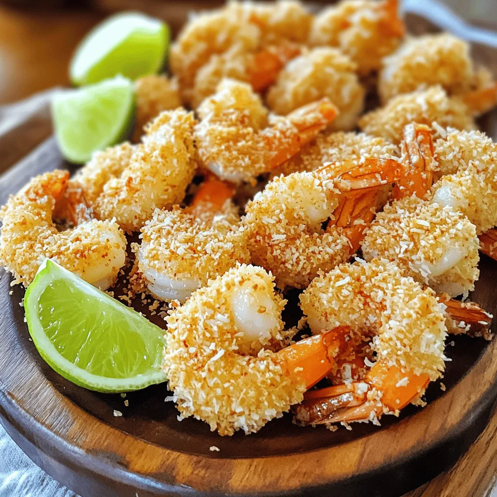 - 1 pound large shrimp, peeled and deveined - 1 cup shredded coconut (sweetened or unsweetened) - 1 cup panko breadcrumbs - 1/2 cup all-purpose flour - 2 large eggs - 1 teaspoon garlic powder - 1 teaspoon paprika - Salt and pepper to taste - 1/4 cup coconut oil (or vegetable oil) for frying - Lime wedges for serving Choosing the best shrimp for coconut crusted shrimp I like to use large shrimp for this dish. They cook evenly and hold up well. Look for shrimp that are firm with a nice color. Fresh shrimp should smell like the ocean, not fishy. If you buy frozen shrimp, make sure they are raw and peeled. Sweetened vs. unsweetened coconut: which to use? The choice depends on your taste. Sweetened coconut adds a hint of sweetness, making the dish more dessert-like. Unsweetened coconut gives a more traditional flavor. I often use unsweetened coconut for a balanced taste, but sweetened works too! Alternative frying oils for a healthier option Coconut oil is great, but you can use other oils too. Vegetable oil or avocado oil are good choices. They have high smoke points, making them safe for frying. If you want a lighter option, try air frying the shrimp instead. For the full recipe, visit the section above. To start, set up your breading station. This makes the process easy and fun. I use three bowls: one for flour, one for beaten eggs, and one for the coconut-panko mix. Now, let's season the flour. Mix in salt, pepper, garlic powder, and paprika. This adds flavor to the shrimp. Stir it well until everything is combined. Next, it's time for the breading. Take each shrimp and coat it in the flour first. Shake off any extra flour. This step helps the egg stick better. Then, dip the floured shrimp into the beaten eggs. Make sure it is fully coated. After that, roll the shrimp in the coconut-panko mixture. Press lightly to help it stick. Repeat these steps for all the shrimp. When you are ready to cook, heat the coconut oil in a large skillet over medium heat. It should shimmer when hot. You can test the heat by dropping in a small piece of coconut. If it sizzles, it’s ready to go! Fry the shrimp in batches. Don’t overcrowd the skillet or they won’t cook evenly. Cook each side for about 2-3 minutes. Look for a golden brown color and a firm texture. To finish, remove the shrimp and place them on paper towels. This helps absorb any extra oil. Serve them hot with lime wedges on the side for a bright flavor. For the complete experience, check the Full Recipe. To avoid soggy shrimp, make sure to dry your shrimp well. Pat them with paper towels before breading. This helps the coating stick better. Use a good amount of flour to coat the shrimp. This will absorb moisture and keep the outside crispy. The oil temperature is key for frying. If the oil isn't hot enough, the shrimp will soak up oil. Heat the coconut oil over medium heat until it shimmers. You can test this by placing a small piece of coconut in the oil. If it sizzles, you're ready to fry! For the best sauces, try sweet chili sauce or a tangy mango salsa. These pair nicely with the shrimp's coconut flavor. You can also serve it with a creamy dipping sauce like ranch or a spicy aioli. Side dishes that complement coconut crusted shrimp include jasmine rice and a simple green salad. You can also serve it with grilled veggies for a colorful plate. One common mistake is overcrowding the skillet. Fry the shrimp in batches to ensure even cooking. If you add too many at once, they will steam instead of fry. Another mistake is skipping the resting time on paper towels. After frying, place shrimp on paper towels for a minute. This helps remove excess oil and keeps the shrimp crispy. {{image_2}} You can add spices to make your coconut crusted shrimp more exciting. Try adding cayenne pepper or chili powder for a kick. If you love a sweet and spicy mix, combine honey or sriracha with lime juice. This blend gives the shrimp a unique taste. You can either bake or fry the shrimp. Baking is easier and uses less oil. Preheat your oven to 400°F (200°C). Place the shrimp on a baking sheet and spray them lightly with oil. Bake for 15-20 minutes, flipping halfway through for even cooking. Frying gives the shrimp a crispy, golden texture. Heat the oil in a skillet over medium heat. Fry the shrimp in small batches for about 2-3 minutes on each side. For a healthier option, air frying works well too. Preheat your air fryer to 400°F (200°C). Arrange the shrimp in a single layer and cook for about 8-10 minutes. Check for crispiness and cook a bit longer if needed. If you're gluten-free, swap all-purpose flour with almond flour. For the breading, use gluten-free panko or crushed rice cereal. This keeps the crunch without gluten. For a keto-friendly dish, use coconut flour instead of regular flour. You can also skip the panko and just use shredded coconut. These swaps help keep your shrimp low in carbs while still tasty. Check the full recipe for details on preparation. To store leftover coconut crusted shrimp, let them cool completely. Then, place them in an airtight container. You can keep them in the fridge for up to three days. If you want to save them for longer, freeze them. They will last about two months in the freezer. Make sure to wrap them tightly in plastic wrap before putting them in a freezer bag. The best way to reheat coconut crusted shrimp is in the oven. Preheat the oven to 350°F (175°C). Place the shrimp on a baking sheet and heat for about 10 minutes. This method helps keep the shrimp crispy. You can also use an air fryer. Set it to 350°F and cook for 5-7 minutes. Avoid microwaving, as it can make the shrimp soggy. Coconut crusted shrimp can last three days in the fridge. If you freeze them, they can last for up to two months. To check if the shrimp have gone bad, look for signs like an off smell or a slimy texture. If you notice either, it’s best to discard them. Always trust your senses when it comes to food safety. Yes, you can use frozen shrimp. Just thaw them before cooking. Place the shrimp in the fridge overnight or run them under cold water for quicker thawing. Pat them dry with paper towels. This helps the coating stick better. Shrimp cook quickly. They turn pink and curl up when done. They should have an opaque look. Cook them for about 2-3 minutes on each side. Use a meat thermometer if you want to check. The internal temperature should be 120°F. I love pairing coconut crusted shrimp with sweet chili sauce. It adds a nice kick. You can also try a tangy mango salsa. A simple lime aioli works too. Just mix mayo, lime juice, and garlic for a quick dip. You can prep the shrimp ahead of time. Bread them and keep them in the fridge for up to two hours. Just fry them right before serving for the best taste. This keeps them crispy and fresh. Leftover coconut is a treat! You can use it in smoothies for added flavor. Sprinkle it on oatmeal or yogurt for a crunchy topping. It works well in baked goods like muffins or cakes too. Try adding it to granola for a tropical twist. For more ideas, check the Full Recipe. Coconut crusted shrimp is a tasty dish that’s easy to make. We covered the best ingredients, how to prepare and cook the shrimp, and tips to help you avoid mistakes. You also learned about fun variations and storage methods. Remember, the key to success is in the details. Keep practicing, and you'll impress family and friends with this dish. Enjoy the cooking journey and savor every bite!