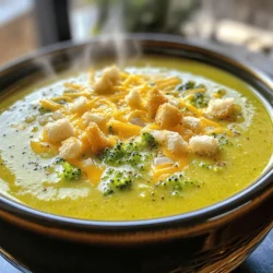 To make Cheddar Broccoli Soup, gather these items: - 4 cups fresh broccoli florets - 1 cup diced potatoes (Yukon Gold or Russets work well) - 1 medium onion, chopped - 2 cloves garlic, minced - 4 cups vegetable broth - 1 cup shredded sharp cheddar cheese - 1 cup heavy cream - 2 tablespoons olive oil - 1 teaspoon Dijon mustard - Salt and pepper to taste - Croutons and extra cheese for garnish This soup is not just tasty; it's also good for you! Here's what you'll find in a serving: - Calories: 400 - Protein: 12g - Carbohydrates: 30g - Fat: 28g - Fiber: 3g This soup is rich in vitamins A and C, thanks to the broccoli. It also has calcium from the cheese and cream. Fresh ingredients make your soup even better! Here are my top tips: - Broccoli: Look for bright green florets. Avoid yellowing ones. - Potatoes: Choose firm potatoes without spots or blemishes. - Onions: Pick onions that feel heavy for their size. They should be firm, not soft. - Garlic: Choose bulbs that are plump and tight. Avoid any that are sprouting. Using fresh ingredients helps your Cheddar Broccoli Soup taste amazing! For the full recipe, check out the detailed instructions I shared earlier. To make this Cheddar Broccoli Soup, start with fresh ingredients. You need broccoli, potatoes, onion, garlic, and more. Gather everything before you cook. It saves time and helps you stay organized. 1. In a large pot, heat 2 tablespoons of olive oil over medium heat. 2. Add 1 chopped onion and sauté for about 5 minutes. 3. Next, stir in 2 minced garlic cloves and cook for 1 minute. 4. Add 1 cup of diced potatoes and 4 cups of broccoli florets. Mix well and cook for 3-4 minutes. 5. Pour in 4 cups of vegetable broth and bring it to a boil. 6. Reduce the heat and let it simmer for 15-20 minutes. The potatoes and broccoli should be tender. 7. Use an immersion blender to puree the soup until smooth. If you don’t have one, transfer it to a blender in batches. 8. Return the soup to the pot over low heat. Stir in 1 cup of heavy cream and 1 teaspoon of Dijon mustard. 9. Add 1 cup of shredded sharp cheddar cheese and mix until melted. 10. Season with salt and pepper to taste. Adjust as needed. 11. Serve hot, garnished with croutons and extra cheese if you like. To get a smooth texture, blend the soup well. If you prefer a chunkier soup, blend only half. Use fresh broccoli for the best flavor. Overcooking can make broccoli mushy. Keep an eye on your veggies while they cook. Enjoy this rich and creamy soup! For the complete recipe, check out the Full Recipe section. To take your cheddar broccoli soup to the next level, add a few extras. Try adding a squeeze of lemon juice; it gives a nice brightness. You can also toss in a pinch of nutmeg for warmth. If you love spice, add a dash of cayenne pepper. For a heartier soup, include cooked chicken or bacon bits. Each of these ingredients brings a unique taste, making your soup even more delightful. Many people rush the cooking process. Avoid cooking the onions too fast; they should be soft and sweet. Don't skip the simmering time. This step lets the flavors blend well. If you blend too soon, your soup may not be smooth. Lastly, remember to taste as you go. Adjust the salt and pepper to suit your preference. These small steps can greatly improve your soup. Using the right tools makes cooking easier. A large pot is essential for this recipe. I recommend an immersion blender for a smooth texture. It’s quick and easy to use. If you don’t have one, a regular blender works too, but blend in small batches. A sturdy wooden spoon is perfect for stirring and scraping the bottom. Finally, a ladle ensures you serve the soup without spills. These tools make the process enjoyable and efficient. For the full recipe, check out the Cheddar Broccoli Bliss Soup. {{image_2}} You can make Cheddar Broccoli Soup in a slow cooker. This method lets the flavors mix well. Start by heating olive oil in a pan. Sauté the onion and garlic until soft. Then, add the broccoli, potatoes, and broth to the slow cooker. Cook on low for 6 hours or high for 3 hours. When done, blend the soup until smooth. Stir in the cream and cheese, then season to taste. This version is easy and perfect for busy days. The Instant Pot makes this soup quick and easy. First, sauté the onion and garlic directly in the pot. After that, add the potatoes, broccoli, and broth. Close the lid and cook on high for 10 minutes. Once done, carefully release the pressure. Blend the soup until smooth, then stir in the cream and cheese. This method keeps the soup rich and warm in no time. You can enjoy this soup without dairy as well. Use plant-based milk like almond or coconut instead of cream. For cheese, try nutritional yeast or vegan cheese. Make sure to check the labels for hidden dairy. The taste still shines through, and you keep the comfort. This version is great for those with dietary needs. For the full recipe, check out Cheddar Broccoli Bliss Soup. After making Cheddar Broccoli Soup, let it cool to room temp. Then, pour it into an airtight container. This keeps the soup fresh and tasty. Store it in the fridge for up to three days. Always label your container with the date. This way, you know when to eat it by. When you are ready to eat, pour the soup into a pot. Heat it over medium-low heat. Stir often to prevent sticking. If the soup is too thick, add a splash of vegetable broth or water. Heat until it is warm throughout. You can also use a microwave. Just place the soup in a microwave-safe bowl. Heat in 30-second bursts, stirring in between. If you want to save soup for later, freezing is a great option. First, let the soup cool completely. Then, pour it into freezer-safe bags or containers. Make sure to leave some space at the top since soup expands when frozen. You can freeze it for up to three months. When you are ready to eat, thaw it in the fridge overnight. Reheat as mentioned before. For the best taste, enjoy the soup within a month. You can find the full recipe for Cheddar Broccoli Soup to make again whenever you like! Cheddar Broccoli Soup will last about 3 to 5 days in the fridge. Store it in a sealed container. This keeps it fresh and tasty for a few days. If you want to save it longer, consider freezing it. Yes, you can use frozen broccoli. It’s a great time-saver. Just make sure to thaw it before adding it to the soup. Frozen broccoli cooks faster, so watch how long you simmer it. You can use milk or a plant-based cream. Coconut milk works well and adds a nice flavor. Sour cream or Greek yogurt can also add creaminess. Just stir it in after cooking to keep it smooth. Absolutely! Carrots, cauliflower, or even spinach can enhance the flavor. Feel free to mix and match based on what you have on hand. Just chop them small so they cook evenly. To add some heat, include red pepper flakes or diced jalapeños. You can also sprinkle some hot sauce in each bowl before serving. Adjust the spice level to your taste. This soup pairs well with crusty bread or a light salad. You can also serve it with grilled cheese sandwiches for a cozy meal. The combinations are endless! Yes, Cheddar Broccoli Soup can be healthy! It’s rich in vitamins from broccoli. You can make it lighter by using less cheese or cream. Balance is key for a nutritious meal. Yes, making it ahead is a great idea! The flavors deepen as it sits. Just reheat on the stove when you’re ready to serve. Enjoy the ease of having a meal ready to go. The best way to reheat is on the stove over low heat. Stir often to keep it from sticking. If it thickens too much, add a splash of broth or milk to reach your desired consistency. This post covered all the key points for making Cheddar Broccoli Soup. We looked at the best ingredients and how to pick fresh ones. I gave you a clear guide on making it right, with cooking tips to ensure perfect texture. Remember, you can customize your soup with variations, like vegan options. Storing and reheating are simple, so enjoy your meal later. I hope you feel ready to make this soup. It’s easy and tasty!