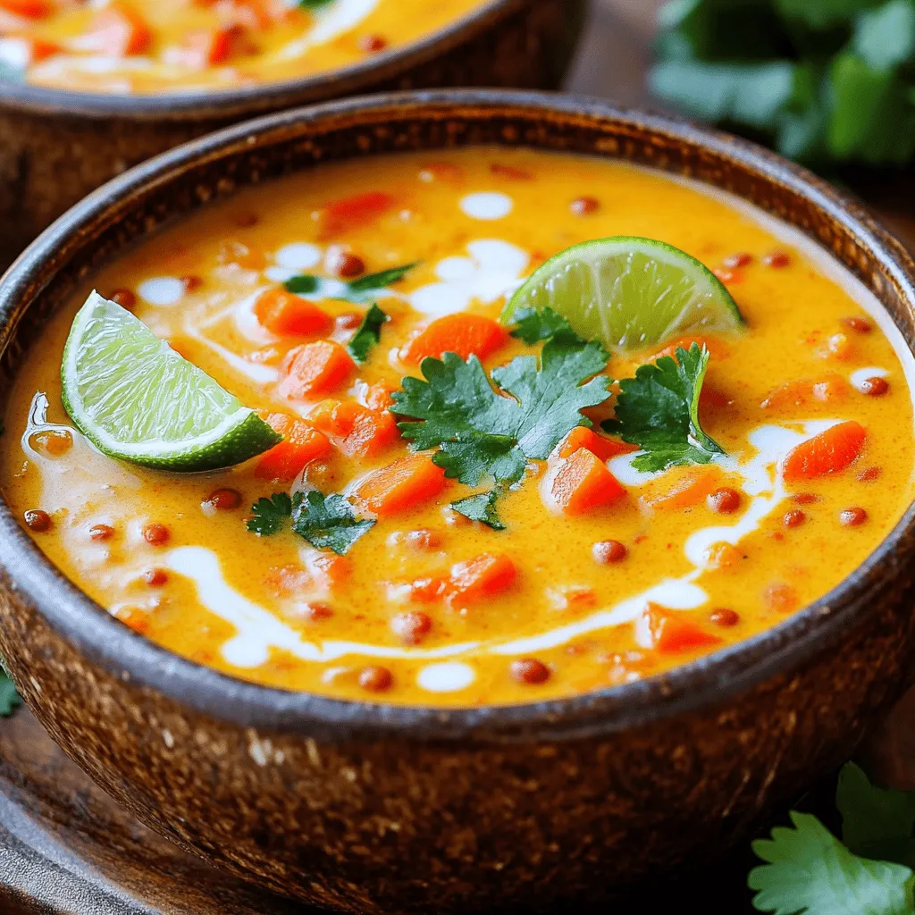 - 1 cup red lentils, rinsed - 1 can (14 oz) coconut milk - 1 medium onion, diced - 2 cloves garlic, minced - 1 tablespoon fresh ginger, grated - 2 tablespoons red curry paste - 4 cups vegetable broth - 1 medium carrot, diced - 1 red bell pepper, diced - 1 tablespoon olive oil - Salt and pepper to taste - 1 tablespoon lime juice - Fresh cilantro for garnish Red lentils are the star of this dish. They cook quickly and break down nicely, giving the soup a creamy texture. Coconut milk adds richness and a hint of sweetness. The fresh vegetables, like onion, garlic, and ginger, provide depth of flavor. You can add other vegetables to boost nutrition. Try using spinach, sweet potatoes, or peas for extra color and taste. Adding spices like cumin or turmeric can elevate the soup’s flavor profile. Experiment with these options to find your favorite combination. - Pot for cooking - Measuring cups and spoons A large pot is best for this recipe. It allows enough space for the soup to simmer and develop flavors. Use measuring cups and spoons to ensure you add the right amounts of ingredients. Following the Full Recipe will guide you through each step. First, grab a large pot and heat the olive oil over medium heat. Once the oil is hot, add the diced onion. Sauté the onion until it turns soft and translucent, which should take about 5 minutes. The onion will add a sweet flavor to the soup. Next, stir in the minced garlic and grated ginger. Cook these for another minute. This step is key because garlic and ginger bring a warm, inviting aroma. Now it's time to add the red curry paste to the pot. Mix it well with the onions and let it cook for about 2 minutes. This helps the flavors to meld together. Pour in 4 cups of vegetable broth, bringing the mixture to a gentle simmer. Once simmering, add 1 cup of rinsed red lentils, along with the diced carrot and red bell pepper. Stir everything together to combine the ingredients well. Cover the pot and let it cook for about 20 to 25 minutes. This will soften the lentils and vegetables. You want the lentils to be tender but not mushy. After cooking, it’s time to make the soup creamy! Stir in the can of coconut milk and add 1 tablespoon of lime juice. This will give the soup a rich texture and a zesty kick. Taste the soup and adjust the seasoning with salt and pepper. If you want to elevate the dish further, feel free to add more lime juice for brightness. Serve the soup hot, garnished with fresh cilantro for a pop of color. For the full recipe, check out the details provided above. To get the right consistency, aim for a smooth and creamy texture. Start by adding the coconut milk at the end. This keeps it rich and velvety. If your soup seems too thick, add a splash of vegetable broth until it reaches your desired thickness. You can adjust the spice levels to fit your taste. If you want more heat, add an extra tablespoon of red curry paste or a pinch of cayenne. For milder soup, use less curry paste. Always taste as you go to find your perfect balance. One common mistake is overcooking the lentils. They can turn mushy and lose their shape. Keep an eye on the timer. Red lentils usually cook in about 20-25 minutes. Another mistake is not seasoning properly. Salt is key to bringing out all the flavors. Don't forget to taste your soup before serving and adjust the salt and pepper to your liking. Pair your soup with crusty bread or rice for a filling meal. A fresh salad can also complement the dish well. For a creative presentation, serve the soup in deep bowls. Top each bowl with fresh cilantro and a lime wedge for a pop of color. This adds visual appeal and a zesty kick to every bite. For the complete recipe, see the [Full Recipe]. {{image_2}} You can switch up the lentils for different textures. While red lentils are quick to cook, try green or brown lentils for a heartier bite. These lentils hold their shape better and add depth to your soup. You can also play with veggies based on what is in season. For instance, add squash in the fall or spinach in the spring. These changes bring freshness and new flavors to your dish. Making Coconut Curry Lentil Soup vegan is easy. The recipe is already vegan, as it uses coconut milk instead of dairy. If you need it gluten-free, ensure your curry paste is free from gluten. You can also swap the vegetable broth for homemade broth to control the ingredients. For those with allergies, avoid nuts by not using cashews or peanuts as a garnish. You can adjust other ingredients to fit personal preferences too. To boost flavor, consider adding spices like cumin, turmeric, or coriander. These spices add warmth and complexity to the dish. You can also add fresh herbs like basil or cilantro for freshness. They enhance the soup's aroma and taste. If you want more protein, try adding cooked chicken or tofu. This not only makes the soup more filling but also adds extra nutrition. For more details on the full recipe, check the [Full Recipe]. To keep your coconut curry lentil soup fresh, place it in the fridge. Use airtight containers to prevent any odors from mixing. Make sure the soup cools down before sealing the container. This helps to keep the flavors intact. Store it for up to five days. If you want to save the soup for later, freezing works great. Pour the cooled soup into freezer-safe bags or containers. Be sure to leave some space at the top, as the soup will expand when frozen. You can freeze it for up to three months. For thawing, place the soup in the fridge overnight. Reheat it on the stove over low heat, stirring often. The soup stays fresh for about five days in the fridge. If frozen, it can last up to three months. For creative uses of leftovers, you can turn the soup into a sauce for pasta. Or, you can use it as a base for a hearty grain bowl. You can even add some cooked chicken or tofu for extra protein. This way, you make the most of your meal! For the full recipe, check out the main article. Red lentils are my top choice for this soup. They cook quickly and turn soft. They blend well with the creamy coconut milk. Other lentils, like green or brown, take longer to cook. They also stay firmer, which can change the soup's texture. If you want a hearty bite, green lentils work. But for this dish, red lentils are best for a smooth, rich flavor. Yes, you can easily adjust the spice level. Start with a small amount of red curry paste. Taste as you go. If you want more heat, add more curry paste. You can also add fresh chili peppers or cayenne pepper. For a milder soup, skip the curry paste or use a mild version. Balancing spices is key. It allows the coconut flavor to shine through without being too hot. Cooking time varies by lentil type. Red lentils cook in just 20-25 minutes. Green and brown lentils take about 30-40 minutes. To check if they're done, look for a tender texture. You don't want them mushy, just soft enough to blend in the soup. If you’re using canned lentils, they need only a few minutes to warm up. This makes your cooking time shorter. Coconut curry lentil soup is a fantastic meal packed with flavor and nutrition. We explored key ingredients like red lentils and coconut milk. I shared tips for perfecting the soup and avoiding common mistakes. You can vary the recipe to suit your tastes and dietary needs. Store leftovers properly for future meals. Enjoy creating your own version of this warming dish! Cooking should be fun and easy. Now, grab your pot and start experimenting with the flavors you love best.