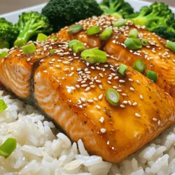 To make honey garlic glazed salmon, you need these main items: - 4 salmon fillets (6 oz each) - 1/4 cup honey - 3 tablespoons soy sauce - 3 cloves garlic, minced - 1 tablespoon fresh ginger, grated - 1 tablespoon rice vinegar - 1 tablespoon olive oil - Salt and pepper to taste These ingredients create a sweet and savory glaze that perfectly coats the salmon. The honey adds a rich sweetness, while the soy sauce and garlic give it depth. Fresh ginger adds a nice kick. Adding garnishes can make your dish pop. Here are a couple of ideas: - 1 tablespoon sesame seeds (optional, for garnish) - 2 green onions, sliced (for garnish) Sesame seeds add crunch and a nutty flavor. Green onions bring a fresh touch and color. You can mix and match them as you like! Using the right tools makes cooking easier. Here’s what I recommend: - Large skillet - Small mixing bowl - Whisk - Fish spatula A large skillet helps you cook the salmon evenly. A small mixing bowl and whisk make it easy to mix your sauce. A fish spatula is perfect for flipping the delicate salmon fillets without tearing them. For the full recipe, check out my Honey Garlic Glazed Salmon ! To make the marinade, start with a small bowl. Add 1/4 cup honey, 3 tablespoons soy sauce, 3 cloves minced garlic, and 1 tablespoon grated ginger. Mix it well. Then, add 1 tablespoon rice vinegar. Whisk until it is smooth. This sauce packs a punch of flavor and helps keep the salmon moist. Now, prepare the salmon fillets. Season them with salt and pepper to taste. Heat 1 tablespoon olive oil in a large skillet over medium-high heat. Place the salmon in the skillet skin-side down. Cook for 4-5 minutes until the skin is crispy. Carefully flip the salmon fillets. Pour the honey garlic sauce over the top. Lower the heat to medium. Cook for another 4-5 minutes. Spoon the sauce over the salmon often. It should flake easily when done. Once the salmon is cooked, you can make it even better. Move the salmon to a plate. Let the sauce in the skillet reduce for a minute or two. Stir it occasionally. Brush the thick glaze over the salmon fillets. For a pretty finish, garnish with sesame seeds and sliced green onions. Serve the salmon over rice or quinoa, with leftover sauce drizzled on top. This dish looks as good as it tastes! To make the glaze shine, you want balance. Mix equal parts honey and soy sauce. The honey adds sweetness, while soy sauce gives depth. Add minced garlic and grated ginger for spice. If you like a little tang, rice vinegar brings it all together. Whisk until smooth. When cooking, pour the glaze over the salmon at the right time. This helps it stick and thicken. For a thicker glaze, let it simmer longer. You can also brush the glaze on the salmon just before serving. Cooking salmon perfectly is key. Salmon is done when it reaches an internal temperature of 145°F. Use a meat thermometer for accuracy. If you don’t have one, look for the salmon to flake easily with a fork. Start cooking with the skin side down. This helps keep the fish moist. Flip it gently to avoid breaking it. Keep an eye on it as it cooks. You want it to stay juicy but firm. To make your meal shine, pair the salmon with tasty sides. Steamed rice or quinoa works well, soaking up the glaze. Add steamed veggies like broccoli or asparagus for color and crunch. A fresh salad with a light vinaigrette can add brightness. You can also serve it with a side of roasted potatoes for heartiness. These sides not only taste good but also balance the dish. For more ideas, check out the Full Recipe for inspiration. {{image_2}} You can switch up the honey garlic glazed salmon by using different ingredients. Try maple syrup instead of honey for a richer taste. If you want a spicy kick, add chili flakes or sriracha to the marinade. For a citrusy note, mix in some orange or lime juice. These options keep the dish fresh and exciting. You can cook your salmon in two ways: stovetop or oven. Stovetop cooking gives you a nice, crispy skin. Just follow the skillet method from the full recipe. If you prefer the oven, preheat it to 400°F. Place the salmon on a baking sheet and pour the marinade over it. Bake for about 12-15 minutes. Both methods yield tasty results, so choose what works best for you. Making this dish gluten-free is easy. Just use tamari instead of soy sauce. This keeps the flavor but removes gluten. If you're looking for a healthier option, reduce the honey and add more garlic and ginger for flavor. You can also serve it with a side of steamed veggies or a salad for a lighter meal. These small changes make the dish fit your dietary needs without losing taste. To store leftover salmon, let it cool first. Place it in an airtight container. Refrigerate it within two hours. It will stay fresh for up to three days. Make sure to separate any sauce from the fish. This keeps the salmon from getting soggy. When it's time to reheat, use the oven for best results. Preheat your oven to 350°F (175°C). Place the salmon on a baking sheet. Cover it with foil to keep it moist. Heat for about 10 to 15 minutes until warm. You can also reheat in the microwave. Use a microwave-safe dish and cover it. Heat it in 30-second intervals until warm. If you want to freeze the salmon, do so right after cooking. Let it cool down completely. Wrap each fillet tightly in plastic wrap. Then, place them in a freezer bag. Remove as much air as possible. This keeps the salmon fresh for about three months. When you're ready to eat it, thaw in the fridge overnight. Reheat it as mentioned above for the best taste. For detailed cooking steps, check the Full Recipe. Cooking salmon takes about 10 to 12 minutes. You want to cook it until it flakes easily with a fork. If you use thicker fillets, it may take a bit longer. On medium-high heat, cook skin-side down for 4 to 5 minutes. Then flip and add the sauce for another 4 to 5 minutes. This method gives you a tasty and juicy piece of salmon. Yes, you can use other fish. Try using trout, tilapia, or cod. Each fish has a different taste, but they all work well with honey garlic sauce. Using a firmer fish like cod helps hold the glaze better. Adjust the cooking time based on the thickness of the fish you choose. Serve honey garlic glazed salmon with steamed rice or quinoa. These sides soak up the sauce nicely. You can also add steamed veggies like broccoli or asparagus for color and nutrition. A fresh salad or roasted potatoes works too. For extra flavor, drizzle leftover sauce over the sides. This brings the whole meal together. Check out the Full Recipe for more ideas! In this article, we explored making honey garlic glazed salmon step by step. We covered essential ingredients, cooking tools, and tips to perfect your dish. Don't forget optional garnishes and side dishes to enhance your meal. There are many ways to enjoy salmon, whether you prefer the oven or stovetop. Lastly, proper storage will keep leftovers tasty. Now, you're ready to create a delightful, flavorful dish that everyone will love. Enjoy your cooking adventure!