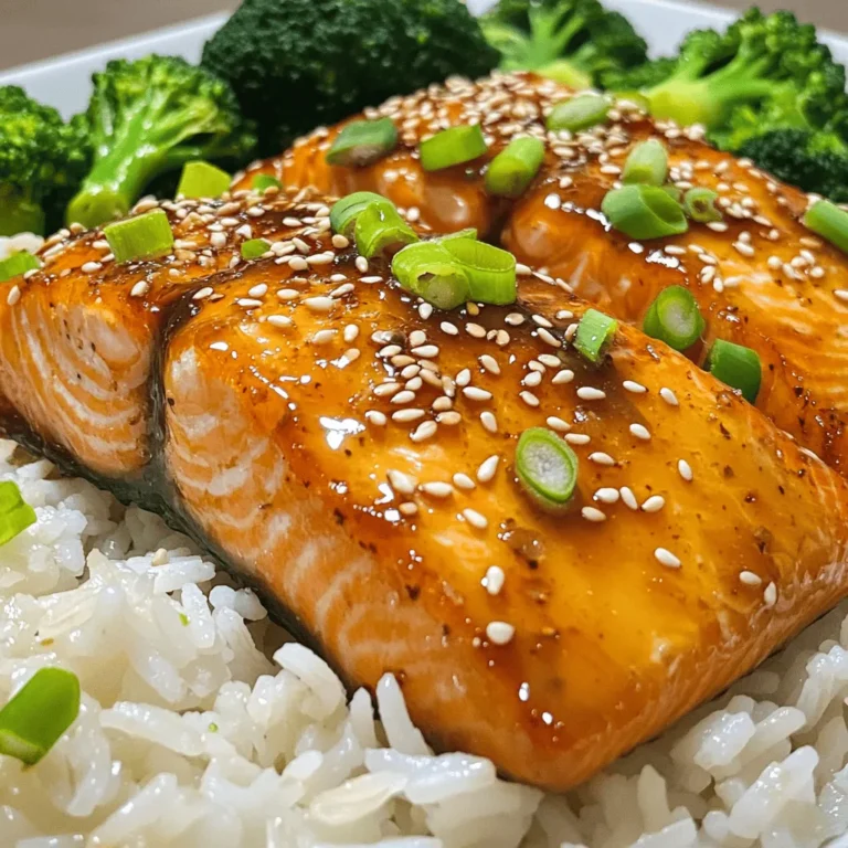 To make honey garlic glazed salmon, you need these main items: - 4 salmon fillets (6 oz each) - 1/4 cup honey - 3 tablespoons soy sauce - 3 cloves garlic, minced - 1 tablespoon fresh ginger, grated - 1 tablespoon rice vinegar - 1 tablespoon olive oil - Salt and pepper to taste These ingredients create a sweet and savory glaze that perfectly coats the salmon. The honey adds a rich sweetness, while the soy sauce and garlic give it depth. Fresh ginger adds a nice kick. Adding garnishes can make your dish pop. Here are a couple of ideas: - 1 tablespoon sesame seeds (optional, for garnish) - 2 green onions, sliced (for garnish) Sesame seeds add crunch and a nutty flavor. Green onions bring a fresh touch and color. You can mix and match them as you like! Using the right tools makes cooking easier. Here’s what I recommend: - Large skillet - Small mixing bowl - Whisk - Fish spatula A large skillet helps you cook the salmon evenly. A small mixing bowl and whisk make it easy to mix your sauce. A fish spatula is perfect for flipping the delicate salmon fillets without tearing them. For the full recipe, check out my Honey Garlic Glazed Salmon ! To make the marinade, start with a small bowl. Add 1/4 cup honey, 3 tablespoons soy sauce, 3 cloves minced garlic, and 1 tablespoon grated ginger. Mix it well. Then, add 1 tablespoon rice vinegar. Whisk until it is smooth. This sauce packs a punch of flavor and helps keep the salmon moist. Now, prepare the salmon fillets. Season them with salt and pepper to taste. Heat 1 tablespoon olive oil in a large skillet over medium-high heat. Place the salmon in the skillet skin-side down. Cook for 4-5 minutes until the skin is crispy. Carefully flip the salmon fillets. Pour the honey garlic sauce over the top. Lower the heat to medium. Cook for another 4-5 minutes. Spoon the sauce over the salmon often. It should flake easily when done. Once the salmon is cooked, you can make it even better. Move the salmon to a plate. Let the sauce in the skillet reduce for a minute or two. Stir it occasionally. Brush the thick glaze over the salmon fillets. For a pretty finish, garnish with sesame seeds and sliced green onions. Serve the salmon over rice or quinoa, with leftover sauce drizzled on top. This dish looks as good as it tastes! To make the glaze shine, you want balance. Mix equal parts honey and soy sauce. The honey adds sweetness, while soy sauce gives depth. Add minced garlic and grated ginger for spice. If you like a little tang, rice vinegar brings it all together. Whisk until smooth. When cooking, pour the glaze over the salmon at the right time. This helps it stick and thicken. For a thicker glaze, let it simmer longer. You can also brush the glaze on the salmon just before serving. Cooking salmon perfectly is key. Salmon is done when it reaches an internal temperature of 145°F. Use a meat thermometer for accuracy. If you don’t have one, look for the salmon to flake easily with a fork. Start cooking with the skin side down. This helps keep the fish moist. Flip it gently to avoid breaking it. Keep an eye on it as it cooks. You want it to stay juicy but firm. To make your meal shine, pair the salmon with tasty sides. Steamed rice or quinoa works well, soaking up the glaze. Add steamed veggies like broccoli or asparagus for color and crunch. A fresh salad with a light vinaigrette can add brightness. You can also serve it with a side of roasted potatoes for heartiness. These sides not only taste good but also balance the dish. For more ideas, check out the Full Recipe for inspiration. {{image_2}} You can switch up the honey garlic glazed salmon by using different ingredients. Try maple syrup instead of honey for a richer taste. If you want a spicy kick, add chili flakes or sriracha to the marinade. For a citrusy note, mix in some orange or lime juice. These options keep the dish fresh and exciting. You can cook your salmon in two ways: stovetop or oven. Stovetop cooking gives you a nice, crispy skin. Just follow the skillet method from the full recipe. If you prefer the oven, preheat it to 400°F. Place the salmon on a baking sheet and pour the marinade over it. Bake for about 12-15 minutes. Both methods yield tasty results, so choose what works best for you. Making this dish gluten-free is easy. Just use tamari instead of soy sauce. This keeps the flavor but removes gluten. If you're looking for a healthier option, reduce the honey and add more garlic and ginger for flavor. You can also serve it with a side of steamed veggies or a salad for a lighter meal. These small changes make the dish fit your dietary needs without losing taste. To store leftover salmon, let it cool first. Place it in an airtight container. Refrigerate it within two hours. It will stay fresh for up to three days. Make sure to separate any sauce from the fish. This keeps the salmon from getting soggy. When it's time to reheat, use the oven for best results. Preheat your oven to 350°F (175°C). Place the salmon on a baking sheet. Cover it with foil to keep it moist. Heat for about 10 to 15 minutes until warm. You can also reheat in the microwave. Use a microwave-safe dish and cover it. Heat it in 30-second intervals until warm. If you want to freeze the salmon, do so right after cooking. Let it cool down completely. Wrap each fillet tightly in plastic wrap. Then, place them in a freezer bag. Remove as much air as possible. This keeps the salmon fresh for about three months. When you're ready to eat it, thaw in the fridge overnight. Reheat it as mentioned above for the best taste. For detailed cooking steps, check the Full Recipe. Cooking salmon takes about 10 to 12 minutes. You want to cook it until it flakes easily with a fork. If you use thicker fillets, it may take a bit longer. On medium-high heat, cook skin-side down for 4 to 5 minutes. Then flip and add the sauce for another 4 to 5 minutes. This method gives you a tasty and juicy piece of salmon. Yes, you can use other fish. Try using trout, tilapia, or cod. Each fish has a different taste, but they all work well with honey garlic sauce. Using a firmer fish like cod helps hold the glaze better. Adjust the cooking time based on the thickness of the fish you choose. Serve honey garlic glazed salmon with steamed rice or quinoa. These sides soak up the sauce nicely. You can also add steamed veggies like broccoli or asparagus for color and nutrition. A fresh salad or roasted potatoes works too. For extra flavor, drizzle leftover sauce over the sides. This brings the whole meal together. Check out the Full Recipe for more ideas! In this article, we explored making honey garlic glazed salmon step by step. We covered essential ingredients, cooking tools, and tips to perfect your dish. Don't forget optional garnishes and side dishes to enhance your meal. There are many ways to enjoy salmon, whether you prefer the oven or stovetop. Lastly, proper storage will keep leftovers tasty. Now, you're ready to create a delightful, flavorful dish that everyone will love. Enjoy your cooking adventure!