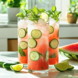 To make the Watermelon Cucumber Cooler, you need fresh and simple ingredients. Here’s what you’ll need: - Watermelon - Cucumber - Fresh Mint Leaves - Lime Juice - Honey or Agave Syrup - Sparkling Water - Ice Cubes These ingredients come together to create a drink that is light, sweet, and full of flavor. Watermelon gives it a juicy taste, while cucumber adds a cool crunch. Mint leaves offer a fresh aroma, and lime juice brings a nice zing. Sweeteners like honey or agave syrup balance the flavors. Sparkling water adds fizz, making this drink even more refreshing. When selecting your watermelon, look for one that feels heavy for its size. It should have a uniform shape and a creamy spot on one side. For the cucumber, pick one that is firm and dark green. Fresh mint leaves should be vibrant and fragrant. These small details help ensure your drink is the best it can be. You can find the full recipe to guide you through making this delightful drink. Enjoy mixing these ingredients, and get ready for a refreshing summer treat! - Blending the Watermelon and Cucumber First, gather your ingredients. You need 4 cups of cubed watermelon and 1 large cucumber. Remove the seeds from the watermelon. Peel and slice the cucumber. Place both into a blender. Blend until smooth. This step makes a tasty and vibrant juice. - Straining the Mixture Next, take a fine mesh sieve and place it over a large pitcher. Pour the blended mixture into the sieve. Use a spoon to press down and extract all the juice. This will remove any pulp and give you a smooth drink. - Adding Mint, Lime, and Sweetener Once you have the juice, add 1/4 cup of fresh mint leaves. Then, squeeze in 2 tablespoons of lime juice. Add 1 tablespoon of honey or agave syrup. Stir well until the sweetener dissolves completely. This mix will add flavor and freshness. - Preparing the Glasses Grab your favorite glasses and fill them with ice cubes. This makes the drink cold and refreshing. Pour the watermelon-cucumber juice into each glass, filling them halfway. - Garnishing the Drink For the final touch, top each glass with 2 cups of sparkling water. Stir gently to mix. Garnish with a slice of cucumber, a sprig of mint, and a small wedge of lime. These garnishes make the drink look beautiful and add extra flavor. Enjoy your Watermelon Cucumber Cooler! For the complete recipe, check the Full Recipe. Adjusting Sweetness You might want to tweak the sweetness of your Watermelon Cucumber Cooler. Start with the honey or agave syrup. If you like it sweeter, add more. If it’s too sweet, add a bit more lime juice. This balance keeps it fresh. Enhancing Refreshment with Variations To add more fun, try different fruits. Pineapple or berries work well. They can give your drink a new twist. You can also use flavored sparkling water to add extra zing. Mix and match until you find your favorite. Choosing the Right Equipment A high-speed blender is best for this recipe. It will make everything smooth and creamy. If you don’t have one, a regular blender will work, but you may need to blend longer. Just ensure everything is well blended before straining. Achieving the Smoothest Texture Always strain your mixture. This step removes any pulp and ensures a silky drink. Use a fine mesh sieve for the best results. Push down gently with a spoon to get every drop of juice. The smoother the texture, the more refreshing your cooler will be. {{image_2}} You can add other fruits to your Watermelon Cucumber Cooler. Pineapple works great. It gives a sweet, tropical taste. Berries like strawberries or blueberries also blend well. They add color and flavor. Try mixing in a few for a burst of fun! Infusing with herbs can make your drink even better. Mint is a classic choice. It enhances the fresh taste. You can also try basil for a unique twist. Just muddle the herbs gently before mixing them in. You can serve the cooler in a pitcher or individual glasses. A pitcher is perfect for parties. It allows guests to pour their own drinks. Individual glasses offer a nice touch for a more formal setting. Each guest gets a special drink made just for them. For a frozen version, blend your cooler with ice. This creates a slushy texture. It’s a fun way to beat the heat. You can also freeze the watermelon and cucumber ahead of time. This makes the drink cold without needing extra ice. For the full recipe, check out the details above! After you make your Watermelon Cucumber Cooler, you might have some juice left. To store leftover juice, pour it into a clean glass jar or an airtight container. This keeps the drink fresh and tasty. Make sure to seal it well. You can store it in the fridge for up to three days. For best practices in refrigeration, always chill the juice right after you make it. This helps keep the flavors bright. Avoid leaving it out at room temperature for long. The cooler the juice, the better it tastes. If you want to save some juice for later, freezing is a great option. You can make ice cubes from the juice. Just pour the juice into an ice cube tray and freeze. Once frozen, pop the cubes out and store them in a freezer bag. You can add these cubes to drinks for a refreshing treat on hot days. When you want to use them, just drop a few cubes into your glass. They will chill your drink and add extra flavor as they melt. Enjoy your Watermelon Cucumber Cooler anytime! You can find the full recipe [here](#). To make this drink, follow these steps: 1. Blend the Ingredients: Start by adding 4 cups of cubed watermelon and 1 large sliced cucumber into a blender. Blend until smooth. 2. Strain the Mixture: Use a fine mesh sieve to strain the blender mix into a large pitcher. This removes any pulp. 3. Add Flavor: Mix in 1/4 cup of fresh mint leaves, 2 tablespoons of lime juice, and 1 tablespoon of honey. Stir until the honey dissolves fully. 4. Serve: Fill glasses with ice cubes. Pour the juice mixture halfway into each glass. 5. Top with Sparkling Water: Add 2 cups of sparkling water on top. Stir gently to mix. 6. Garnish: Finish by adding a slice of cucumber, a mint sprig, and a lime wedge to each glass. Yes, you can swap honey for many other sweeteners. Here are some great options: - Agave Syrup: This is a vegan choice. It mixes well and has a mild taste. - Maple Syrup: This adds a unique flavor and sweetness. - Stevia: A natural sweetener with no calories. Use it sparingly, as it's very sweet. - Coconut Sugar: This offers a caramel-like taste but may change the drink's color slightly. You can easily adapt the Watermelon Cucumber Cooler. Here are popular ideas: - Add Other Fruits: Try mixing in pineapple or berries for extra flavor. - Use Different Herbs: Basil or rosemary can give a new twist to the drink. - Make It Frozen: Blend the mixture with ice for a slushy version. - Flavored Sparkling Water: Use fruit-flavored sparkling water for a fun twist. For the full recipe, check the earlier section. Enjoy making your refreshing drink! This blog post walked you through making a refreshing Watermelon Cucumber Cooler. We discussed ingredients, preparation steps, and serving tips. You learned how to adjust flavors and blend smoothly. Variations let you play with different fruits and herbs for unique tastes. In the end, enjoy your drink fresh or stored. Experiment with flavors to find your favorite twist. This cooler is sure to impress. Cheers to delicious refreshment!