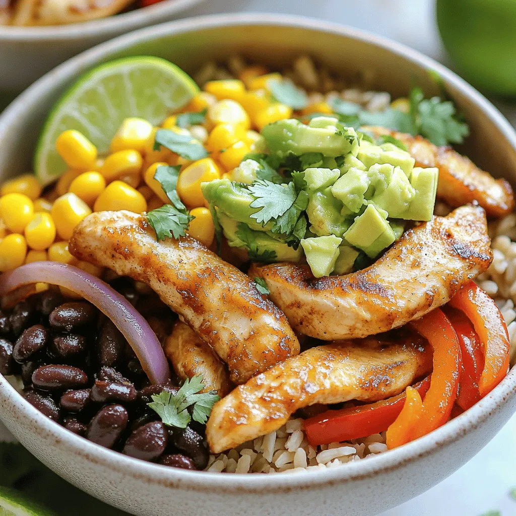 To make the best chicken fajita bowls, you need some key ingredients. Here is what you will need: - 2 boneless, skinless chicken breasts, sliced into strips - 1 bell pepper (red, green, or yellow), sliced - 1 small onion, sliced - 2 tablespoons olive oil - 2 teaspoons chili powder - 1 teaspoon paprika - 1 teaspoon cumin - 1 teaspoon garlic powder - Salt and pepper to taste - 2 cups cooked brown rice or quinoa - 1 can black beans, rinsed and drained - 1 avocado, diced - 1 cup corn (fresh or frozen) - Fresh cilantro, chopped for garnish - Lime wedges for serving These ingredients work together to create a tasty and filling meal. You can add your twist to the chicken fajita bowls. Here are some optional items you might enjoy: - Shredded cheese (cheddar or mozzarella) - Sour cream or Greek yogurt - Jalapeños for heat - Salsa or pico de gallo - Tortilla chips for crunch Feel free to mix and match these ingredients to suit your taste. Using seasonal ingredients can make your chicken fajita bowls even better. Here are some ideas: - Fresh tomatoes in summer for a juicy bite - Zucchini or summer squash for extra veggies - Winter squash for a sweet touch in fall - Fresh herbs like basil or parsley for a fragrant boost Incorporating these seasonal ingredients can elevate your meal, making it even more enjoyable. For the full recipe, check out Sizzling Chicken Fajita Bowls. To start, you need to marinate the chicken. In a large bowl, combine the sliced chicken, olive oil, chili powder, paprika, cumin, garlic powder, salt, and pepper. Mix well so that every piece of chicken gets coated. Let this mixture sit for at least 15 minutes. If you have more time, let it sit for up to 2 hours. This will make your chicken taste even better. Next, heat a drizzle of olive oil in a large skillet over medium-high heat. Once it’s hot, add the marinated chicken strips to the skillet. Cook for about 5-7 minutes, stirring often. You want the chicken to brown nicely and cook all the way through. After the chicken is done, add the sliced bell pepper and onion. Cook for another 3-5 minutes until the veggies are tender but still crisp. Now comes the fun part! Grab some serving bowls and add a generous scoop of cooked brown rice or quinoa to each one. Then, top the rice with the chicken and vegetable mixture. Next, spoon in some black beans, diced avocado, and corn right on top. For the finishing touch, sprinkle fresh cilantro over the bowls. Serve each bowl with lime wedges for that extra zing. This process makes your meal not only tasty but also colorful and fun to eat! For a complete guide, check out the Full Recipe. Marinating chicken boosts flavor and keeps it moist. Start with good olive oil. It helps the spices stick. Use a mix of chili powder, paprika, cumin, and garlic powder for a great taste. Combine sliced chicken and spices in a bowl. Toss well to coat. Let it marinate for at least 15 minutes. For deeper flavor, let it sit for up to 2 hours. This simple step changes everything. When cooking chicken, heat is key. Use a large skillet over medium-high heat. Add a drizzle of olive oil before the chicken. Place the marinated chicken in the hot skillet. Cook for about 5-7 minutes, stirring often. This keeps it from burning. Look for nice browning on the chicken. It adds flavor. Make sure it cooks through. A meat thermometer can help; aim for 165°F. Presentation makes your meal more inviting. Start with a base of brown rice or quinoa in a bowl. Arrange the chicken and veggie mix on top. Add black beans, corn, and diced avocado. Keep colors separate to show off each ingredient. Finish with fresh cilantro on top for a pop of green. Serve with colorful lime wedges on the side. A good presentation makes the meal more fun. Follow these tips for a great visual feast! For the full recipe, check out the complete cooking guide. {{image_2}} If you want a meatless option, try using tofu or tempeh. Both are great sources of protein and soak up flavors well. For tofu, press it to remove excess water. Cut it into strips and marinate the same way as chicken. Tempeh can be sliced and cooked just like the chicken. Both options give a tasty twist to the fajita bowls. You can choose between brown rice and quinoa for your grain base. Brown rice adds a hearty texture and nutty flavor. It is filling and pairs well with the spices in the dish. Quinoa is lighter and has a slight crunch. It cooks faster and is gluten-free. Both grains are healthy, so pick based on what you like! To add some heat, consider using jalapeños or hot sauce. You can chop fresh jalapeños and mix them in with the veggies. Another option is to sprinkle red pepper flakes on top. For a smoky flavor, try adding chipotle peppers in adobo sauce. Each of these ideas brings a new layer of flavor to your bowls. For the full recipe, check out the details mentioned above. To keep your chicken fajita bowls fresh, store them in airtight containers. Make sure the bowls are completely cool before sealing. This prevents moisture build-up and keeps the flavors intact. You can store them in the fridge for up to three days. If you have extra toppings, like avocado, store them separately to avoid browning. When it's time to enjoy your leftovers, reheat them in a skillet over medium heat. This method helps revive the chicken's tenderness. Stir occasionally until everything is warm. You can also use the microwave, but be careful not to overheat. Adding a splash of lime juice can brighten the flavors while reheating. You can freeze chicken fajita bowls for later meals. Assemble the bowls without fresh toppings, like avocado or cilantro. Use freezer-safe containers to keep your meal fresh. They can last in the freezer for up to three months. To enjoy, simply thaw them overnight in the fridge and reheat as mentioned above. This makes meal prep easy and tasty! For the Full Recipe, check out the detailed cooking steps. Yes, you can use frozen chicken. Just be sure to thaw it first. Place the chicken in the fridge for a few hours or overnight. Thawed chicken will absorb the marinade better. This makes the chicken juicy and full of flavor. To spice up your bowls, add more chili powder or diced jalapeños. You can also try adding hot sauce or red pepper flakes. Adjust the heat to your taste. The goal is to have a kick that suits you. If you prefer, you can use quinoa or cauliflower rice. Quinoa adds a nutty flavor and is packed with protein. Cauliflower rice is low-carb and light. Both options work well with the chicken and veggies. You can store the cooked fajita bowls in the fridge for up to three days. Keep them in an airtight container. This way, the flavors stay fresh. You can reheat them in the microwave or on the stove. Enjoy them again without losing taste. For the full recipe, check out the recipe section above. You now know how to make easy chicken fajita bowls. We explored key ingredients, from essential spices to seasonal items. You learned step-by-step how to prep the chicken and vegetables. I shared tips for great marinating and cooking methods. Consider variations for your taste, like vegetarian options or different grains. Store leftovers wisely for future meals. Enjoy these flavorful, customizable bowls any time!