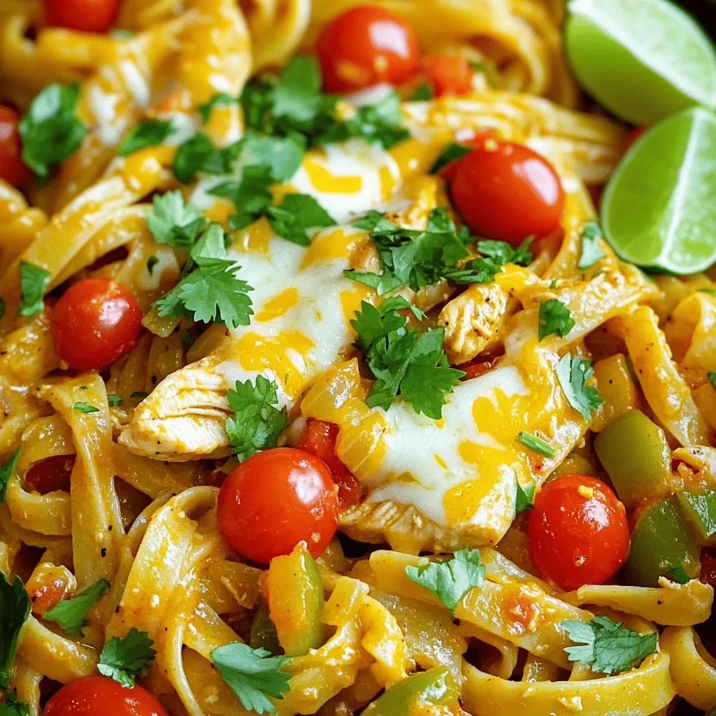 To make Chicken Fajita Pasta, you need the following ingredients: - 12 oz fettuccine or any pasta of choice - 1 lb chicken breast, sliced into strips - 2 tablespoons olive oil - 1 bell pepper (red or yellow), sliced - 1 bell pepper (green), sliced - 1 small onion, sliced - 3 cloves garlic, minced - 1 teaspoon chili powder - 1 teaspoon cumin - 1/2 teaspoon paprika - Salt and pepper to taste - 1 cup cherry tomatoes, halved - 1/2 cup chicken broth - 1/2 cup heavy cream - 1/2 cup shredded cheese (cheddar or Mexican blend) - Fresh cilantro, chopped (for garnish) - Lime wedges (for serving) If you need substitutions, here are some ideas. You can use any pasta shape you like. For the chicken, turkey or shrimp works well too. If you want a vegetarian option, use tofu or more veggies. Instead of heavy cream, try coconut milk for a dairy-free version. If you can't find cherry tomatoes, use diced regular tomatoes. Don't have cilantro? Parsley is a great swap. To cook this dish, you will need these tools: - Large pot for boiling pasta - Large skillet for cooking the chicken and veggies - Cutting board and knife for prep - Measuring spoons for accurate seasoning - Tongs for tossing the pasta and chicken - Serving bowls to plate your meal These ingredients and tools make Chicken Fajita Pasta a fun and easy meal. For the full recipe, check out the [Full Recipe]. Start by cooking the pasta. Use 12 ounces of fettuccine or any pasta you like. Follow the package instructions until it's al dente. Drain the pasta and set it aside. Next, slice one pound of chicken breast into strips. This makes it easy to cook and eat. Heat two tablespoons of olive oil in a large skillet over medium-high heat. Add the sliced chicken strips. Season the chicken with salt, pepper, chili powder, cumin, and paprika. Cook the chicken for about 5 to 7 minutes. It should be browned and fully cooked. Remove the chicken and keep it warm. In the same skillet, add the sliced bell peppers, onion, and minced garlic. Sauté these for 3 to 4 minutes. You want the veggies to be tender but still crisp. After that, toss in a cup of halved cherry tomatoes. Stir for an additional 2 minutes. Pour in half a cup of chicken broth and half a cup of heavy cream. Stir everything together. Let this simmer for about 3 to 4 minutes. The sauce will start to thicken. Now, return the chicken to the skillet along with the drained pasta. Toss all the ingredients together until they are well mixed and heated through. Sprinkle half a cup of shredded cheese on top. Let it melt while you stir gently. Finally, garnish with fresh cilantro and serve with lime wedges on the side. Enjoy this flavorful dish with your family! For the full recipe, check out the instructions above. To make sure your pasta turns out great, follow these steps: - Use a large pot with plenty of water. - Add salt to the water before boiling. This helps flavor the pasta. - Stir the pasta right after you add it to the boiling water. This stops it from sticking. - Cook the pasta until it is al dente. This means it should be firm, not soft. - Drain the pasta but do not rinse it. Rinsing washes away the flavor. Want to enhance the taste of your Chicken Fajita Pasta? Here are some ideas: - Add lime juice for a fresh kick. - Toss in some jalapeños for heat. - Use smoked paprika instead of regular for a deeper flavor. - Mix in black beans for extra protein and fiber. - Top with fresh avocado slices for creaminess. Avoid these common mistakes to ensure your dish shines: - Don’t overcook the pasta; it will become mushy. - Avoid using too little salt when cooking the pasta. This can lead to bland flavors. - Don’t skip the resting time after cooking chicken. Let it rest for a few minutes before slicing. - Prevent soggy veggies by not overcooking them; they should stay crisp. - Don’t forget to toss everything together well; this helps blend the flavors. For more details on making this delicious meal, check the Full Recipe. {{image_2}} You can easily customize Chicken Fajita Pasta for different diets. If you need it gluten-free, use gluten-free pasta. For a lighter option, swap heavy cream for a plant-based milk or yogurt. You can also reduce the cheese for less dairy. Want it vegan? Skip the chicken and cheese, then add tofu or chickpeas for protein. These tweaks keep the meal tasty and exciting. Chicken breast shines in this dish, but you can mix it up. Try shrimp or beef for a fun twist. If you prefer a vegetarian option, use black beans or lentils. They add great texture and flavor. Tofu also works well, absorbing all the spices. Each protein changes the dish, so feel free to experiment. Adding more veggies boosts nutrition and flavor. Try zucchini, corn, or mushrooms. They blend well with the other ingredients. Spinach or kale can also add a nice green touch. Just chop them up and toss them in when cooking the other veggies. This way, you make the dish more colorful and tasty. You can always adjust the mix based on what you have at home. Check out the Full Recipe for more ideas! After making Chicken Fajita Pasta, let it cool down. Put it in an airtight container. Store it in the fridge for up to three days. Keep it sealed to avoid drying out. You can also separate the pasta from the sauce to keep the texture nice. When you want to eat your leftovers, use the stove or microwave. If using the stove, heat a pan over medium heat. Add a splash of water or broth to help it warm up. Stir often until hot. In the microwave, place it in a bowl, cover it, and heat in 30-second bursts. Stir in between until it’s hot. You can freeze Chicken Fajita Pasta for later. Use a freezer-safe container for this. It will stay good for up to three months. To thaw, move it to the fridge a day before you want to eat it. Reheat it on the stove, adding a bit of liquid to keep it moist. For the full recipe, check back for details! Chicken Fajita Pasta is a tasty dish that mixes pasta with fajita flavors. You get tender chicken, colorful peppers, and creamy sauce all in one bowl. It’s fun to eat and easy to make. The spices add a nice kick, while the cheese makes it rich. This dish is perfect for a family dinner or a quick meal. Yes, you can make Chicken Fajita Pasta ahead of time. Just cook it and let it cool. Store it in an airtight container in the fridge for up to three days. When you're ready to eat, you can reheat it on the stove or in the microwave. This saves time on busy nights and still tastes great. The spice level of Chicken Fajita Pasta can be adjusted. The chili powder gives it a mild kick, but you can change the heat. If you want it spicier, add more chili powder or some diced jalapeños. If you prefer it mild, use less chili powder. It's all about your taste! Absolutely! While I recommend fettuccine, you can use any pasta you like. Penne, rotini, or even whole wheat pasta work well. The key is to cook it al dente so it holds up in the dish. You can even try gluten-free pasta if needed. Choose what you enjoy best! You can find the full recipe for Chicken Fajita Pasta to get started on this delicious meal. Chicken fajita pasta blends great flavors with simple steps. You learned about ingredients, tools, and cooking tips. Customizing for diets and avoiding common mistakes makes it even better. Remember to store leftovers safely and enjoy them later. With these pointers, your cooking will shine. Keep experimenting and have fun in the kitchen!