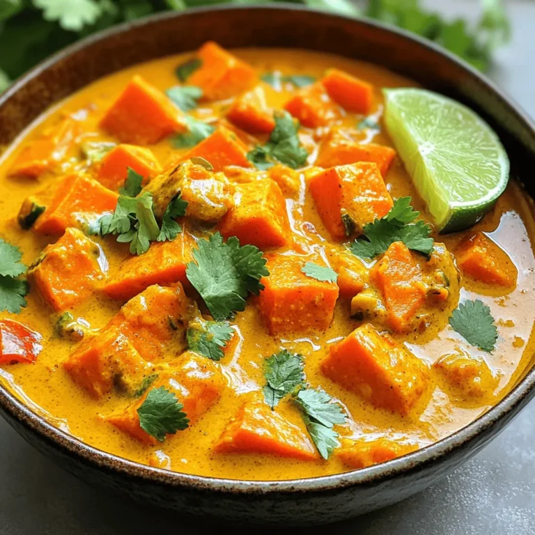 - Sweet potatoes: I use 2 medium sweet potatoes, peeled and diced. They add sweetness and creaminess. - Other vegetables: I add 1 chopped onion and 1 diced red bell pepper for crunch and flavor. Fresh or frozen green peas (1 cup) bring color and nutrition. - Aromatics: I use 3 minced garlic cloves and 1 tablespoon of grated ginger. They give a warm, spicy aroma. - Spices: I include 2 tablespoons of red curry paste for heat. Adjust this amount to your taste. - Coconut milk: One 14 oz can provides richness and smoothness. It balances the spice well. - Broth: 1 cup of vegetable broth adds depth. You can use homemade or store-bought. - Lime juice: One tablespoon adds brightness. It enhances all the flavors. - Olive oil: I use 2 tablespoons for sautéing. - Salt and pepper: Use these to taste. - Garnish: Fresh cilantro makes a beautiful finish. If you want to serve more people, just double or triple the ingredients. For example, you can use 4 sweet potatoes for 8 servings. If you have allergies or preferences, here are some swaps: - Sweet potatoes: Try butternut squash or carrots instead. - Coconut milk: You can use almond milk or cashew cream, but it won't be as creamy. - Red curry paste: Use green curry paste for a different flavor. - Peas: You can skip peas or replace them with corn. Feel free to mix and match as you like! To make this vegan sweet potato curry, start by gathering your ingredients. You need sweet potatoes, coconut milk, and some veggies. Here’s how to prepare everything: 1. Heat the olive oil in a large pot on medium heat. 2. Add the chopped onion and sauté it until it turns translucent, about 5 minutes. 3. Stir in the minced garlic and grated ginger. Cook for another minute until you smell the great aroma. 4. Add the diced sweet potatoes and red bell pepper to the pot. Mix well and cook for around 5 minutes so they soften a bit. 5. Mix in the red curry paste, coating the vegetables well with the spices. 6. Pour in the coconut milk and vegetable broth. Bring this mixture to a gentle simmer. 7. Cover the pot and let it simmer for 15 to 20 minutes. The sweet potatoes should become tender. 8. Stir in the green peas and simmer for another 5 minutes. 9. Season with lime juice, salt, and pepper to your taste. 10. Remove from heat and let it sit for a few minutes. This helps the flavors blend nicely. To know when sweet potatoes are done, poke them with a fork. They should be soft but not mushy. You can easily adjust the spice level in this dish. - If you prefer a milder flavor, use less red curry paste. - For more heat, add an extra tablespoon. As you cook, taste the curry and adjust the spices as you like. Cooking should be fun, and this curry is all about your taste! To make your vegan sweet potato curry even tastier, try adding fresh herbs. Cilantro, basil, or mint can brighten the dish. You can also use spices to boost flavor. A pinch of cumin or coriander adds warmth. For a kick, consider using chili flakes or fresh chilis. Garnishes can make your curry pop. I love adding chopped cilantro on top. A squeeze of lime adds zest and balances the sweetness of the potatoes. You might also sprinkle some toasted coconut for crunch. These small touches will enhance both look and taste. Serve your vegan sweet potato curry with jasmine rice or quinoa. This pairing soaks up the sauce well and adds a nice texture. You can also use naan bread to scoop up the curry. The bread is perfect for those who love a hearty meal. This dish is great for many occasions. It's perfect for a cozy family dinner or a fun gathering with friends. You can even serve it at a potluck. Everyone loves hearty, healthy food. Plus, it’s a hit with vegans and non-vegans alike. Enjoy it warm for the best flavor. {{image_2}} You can easily change this vegan sweet potato curry to suit your taste. Adding protein is a great way. Here are some options: - Tofu: Firm tofu works well. Cut it into cubes and sauté it before adding it to the curry. This gives a nice texture. - Chickpeas: Use canned or cooked chickpeas for extra protein. They add a hearty feel to the dish. For seasonal vegetables, think about what’s fresh. You can use: - Carrots: They add sweetness and a nice crunch. - Spinach: This adds color and nutrition. Stir it in near the end. - Zucchini: It cooks quickly and takes on the curry’s flavor. You can mix and match these ingredients. This helps keep the dish exciting! The spice level of your curry is easy to change. If you want it milder, do this: - Less Curry Paste: Start with a small amount of red curry paste. Taste and add more if you like. - Coconut Milk: Adding more coconut milk will tone down the heat while keeping it creamy. If you like heat, try these tips: - Chili Peppers: Add fresh chili peppers when cooking. This gives a nice kick. - Curry Powder: Use a spicier curry powder or paste. Look for options labeled as "hot" or "spicy." You can also try different curry pastes or sauces. Each type can change the flavor profile. For example, yellow curry paste is milder and fragrant. Red curry paste is bolder and spicier. Experiment and find your favorite mix! For the full recipe, you can find it at the beginning of the article. Enjoy making this dish your own! To keep your vegan sweet potato curry fresh, store it in an airtight container. You can refrigerate it for up to four days. Make sure the curry is cool before sealing it. If you want to keep it longer, you can freeze the curry. Use freezer-safe containers or bags. Remember to leave some space for expansion as it freezes. Label the containers with the date. This way, you can track how long it has been stored. When reheating your curry, the microwave is a quick option. Place it in a microwave-safe bowl and cover it with a lid or a damp paper towel. Heat it in short bursts, stirring in between. This helps it heat evenly. If you prefer the stove, pour the curry into a pot. Heat it over low to medium heat, stirring often. This method helps keep the flavors and texture intact. For safety, always check the temperature before eating. The curry should be heated to at least 165°F (74°C). If you see any changes in color or smell, it’s best to discard it. Enjoy your leftovers with rice or bread for a quick meal! Can I make this curry in advance? Yes, you can make this curry ahead of time. Prepare it and let it cool. Store it in an airtight container in the fridge. It will stay good for up to three days. Reheat before serving. The flavors will deepen, making it even tastier. What to serve with vegan sweet potato curry? I recommend serving this curry with steamed jasmine rice or fluffy quinoa. Both pairs well and soak up the sauce. You can also add a fresh salad or naan bread for a complete meal. Is this dish suitable for meal prep? Absolutely! This dish is perfect for meal prep. Make a big batch and portion it out. You can enjoy it throughout the week. Just store it in individual containers for easy access. Breakdown of calories and key nutrients This vegan sweet potato curry is healthy and filling. Each serving provides about 300 calories. You get fiber from sweet potatoes and protein from peas. It is rich in vitamins A and C, making it a nutritious choice. Gluten-free and vegan considerations This curry is both gluten-free and vegan. It uses only plant-based ingredients. Check the red curry paste for gluten if you have allergies. Otherwise, it’s a safe and tasty option for everyone. For the full recipe with nutritional details and serving suggestions, check out the complete guide on vegan sweet potato curry. In this blog post, we covered how to make a delicious Vegan Sweet Potato Curry. We explored the key ingredients, cooking steps, and tips for perfecting your dish. I shared variations to suit your taste and dietary needs, along with storage and reheating methods. Remember, cooking is about finding joy in every step. Enjoy experimenting with flavors and getting creative. Your curry journey can be a fun way to share good food with loved ones. Keep these tips in mind and make your next meal delightful.