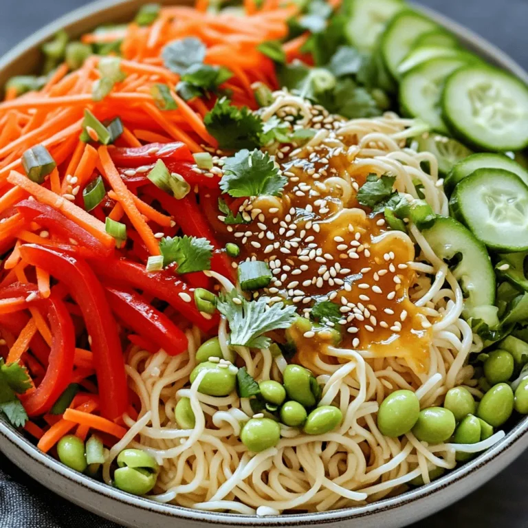 - 8 oz rice noodles - 1 cup shredded carrots - 1 cup red bell pepper, thinly sliced - 1 cucumber, julienned - 1 cup edamame (shelled) - 4 green onions, chopped - 1/4 cup sesame seeds (toasted) - 1/4 cup fresh cilantro, chopped - 1/4 cup soy sauce - 2 tablespoons sesame oil - 2 tablespoons fresh ginger, grated - 1 tablespoon honey or maple syrup - 1 tablespoon rice vinegar - 1 teaspoon garlic, minced - Salt and pepper to taste You should use 8 ounces of rice noodles for this dish. Rice noodles are light and perfect for the salad. If you have an allergy, try using zucchini noodles or soba noodles. For the veggies, I recommend 1 cup of shredded carrots and red bell pepper. You can swap these for any crunchy vegetable you like. Edamame adds protein, but you can use chickpeas as a substitute. The dressing needs 1/4 cup of soy sauce and 2 tablespoons of sesame oil. If you're avoiding soy, try coconut aminos. This salad has about 300 calories per serving. It is packed with vitamins and minerals. You get vitamin A from the carrots and vitamin C from the bell peppers. The fresh ginger adds anti-inflammatory benefits. Each serving also gives you a good amount of fiber, making it healthy and filling. Enjoy this salad as a light lunch or dinner option. Check out the Full Recipe for more details! To make this salad, start by cooking the rice noodles. Follow the package instructions closely. Usually, you will boil them for just a few minutes. When they are soft, drain them well. Rinse them with cold water. This stops the cooking and cools them down quickly. Make sure they are not sticky. This helps the salad stay fresh. Now, let’s make the dressing. Grab a mixing bowl and add the following ingredients: - 1/4 cup soy sauce - 2 tablespoons sesame oil - 2 tablespoons fresh ginger, grated - 1 tablespoon honey or maple syrup - 1 tablespoon rice vinegar - 1 teaspoon garlic, minced Whisk these together until everything blends well. Each ingredient adds flavor and balance. The soy sauce gives saltiness, while the honey adds sweetness. Ginger brings warmth and spice. Vinegar adds a nice tang that brightens the dish. Next, it’s time to mix everything. In a large bowl, combine the cooked noodles with: - 1 cup shredded carrots - 1 cup red bell pepper, thinly sliced - 1 cucumber, julienned - 1 cup edamame (shelled) - 4 green onions, chopped Pour the dressing over this mix. Gently toss everything together. Make sure each noodle and veggie gets coated. This step is key for flavor. Finally, sprinkle in: - 1/4 cup sesame seeds (toasted) - 1/4 cup fresh cilantro, chopped Give it another gentle mix. Taste and add salt and pepper if needed. Chilling the salad in the fridge for at least 30 minutes helps the flavors meld beautifully. Enjoy your fresh, vibrant dish! For the full recipe, refer to the instructions above. To boost the taste of your sesame ginger noodle salad, try these ideas: - Add a dash of chili flakes for heat. - Mix in a splash of lime juice for brightness. - Use toasted sesame oil instead of regular for a richer flavor. - Experiment with fresh herbs like mint or basil. You can also use different spices. Try adding a dash of five-spice powder for a unique twist. It can give the salad a warm, fragrant note. This salad pairs well with grilled chicken or shrimp. The protein adds heartiness and complements the dish. Serve it alongside a light soup for a complete meal. For gatherings, present it in a large bowl. Garnish with extra sesame seeds and sprigs of cilantro for color. You can also serve individual portions in clear cups for a fun touch. One common mistake is overcooking the noodles. Follow the package instructions closely. Drain and rinse them under cold water to stop cooking. This step keeps the noodles firm. Another pitfall is adding the dressing too soon. If you dress the salad too early, the noodles can become soggy. Chill the salad for at least 30 minutes before serving. This allows flavors to meld without losing texture. For the full recipe, check out the Full Recipe section. {{image_2}} You can enhance your Sesame Ginger Noodle Salad by adding protein. Here are some great options: - Grilled chicken - Tofu (firm or extra firm) - Shrimp To prepare chicken, grill it until it reaches 165°F. Slice it thinly and mix it in with the salad. For tofu, press it to remove excess water, then cube it. Sauté the cubes until golden brown. Toss them into the salad for a hearty boost. If using shrimp, cook them in a pan until they turn pink. Add them right before serving. To make this salad vegan, simply skip the honey and use maple syrup instead. For gluten-free options, choose rice noodles or zucchini noodles. Both work well with the flavors of the salad and keep it light. Make sure your soy sauce is gluten-free. You can find tamari, a gluten-free soy sauce, in most grocery stores. This keeps the dish tasty without the gluten. You can change the ingredients based on what's fresh and in season. In spring, try adding fresh peas or snap peas for a sweet crunch. In summer, diced mango or fresh basil can bring a tropical twist. For fall, consider roasted pumpkin or sliced apples for a sweet touch. Each season offers unique flavors. Experiment with what you find at the market! This keeps your salad fresh and exciting every time you make it. Don't forget to check the Full Recipe for more ideas. To store leftovers of your Sesame Ginger Noodle Salad, use an airtight container. Make sure the salad is cool before sealing the container. Keep it in the fridge. This helps maintain its freshness. If you can, add the sesame seeds just before serving. This keeps them crunchy. This salad lasts about three to five days in the fridge. Check for any signs of spoilage. If the salad smells sour or looks slimy, it’s time to toss it out. Always trust your senses. If it doesn’t look or smell right, don’t eat it. You can enjoy this salad cold, which keeps the flavor fresh. If you want to reheat, do it gently. Use a pan on low heat and stir carefully. Avoid high heat to keep the noodles from getting mushy. If you love cold salads, enjoy it straight from the fridge! For the full recipe, check the earlier section. If you need an alternative to rice noodles, try these options: - Zucchini noodles: Great for a low-carb choice. - Shirataki noodles: A popular gluten-free option. - Whole wheat noodles: Adds more fiber and nutrients. - Soba noodles: Made from buckwheat, they are tasty and gluten-free. These swaps can change the flavor and texture, so pick what you like. Yes, you can make the salad ahead of time. Here are some tips: - Prep the noodles: Cook and cool them before mixing. - Store dressing separately: Keep the dressing in a jar to add later. - Mix just before serving: This keeps the veggies crisp. You can make it a day ahead for busy days. The salad stays good in the fridge for about 3 days. To keep it fresh: - Use airtight containers: This helps prevent spoilage. - Check for wilting: If veggies look bad, it’s time to toss it. - Serve cold: It tastes great chilled, but you can reheat if needed. Enjoy your salad while it’s fresh for the best taste. This blog post covered how to make a fresh salad with rice noodles. We explored the key ingredients, their quantities, and tasty substitutions. I shared step-by-step instructions for cooking noodles, making dressing, and combining everything. You learned tips to enhance flavors and avoid common mistakes. Variations include adding proteins or making it vegan and gluten-free. Finally, we discussed storage tips and answered common questions. With these insights, you can create a delightful salad that matches your taste and needs. Enjoy exploring these recipes and making them your own!
