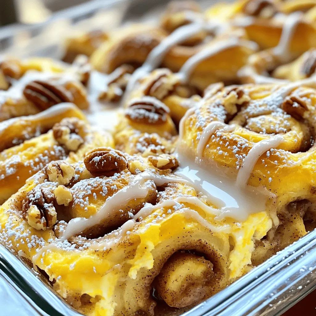 - 2 cans (8 oz each) refrigerated cinnamon rolls (with icing) - 4 large eggs - 1 cup milk (whole or 2%) - 1 teaspoon vanilla extract - 1 teaspoon ground cinnamon - 1/4 cup maple syrup - 1/2 cup chopped pecans (optional) - 1/2 cup raisins (optional) - Powdered sugar, for dusting (optional) Best types of cinnamon rolls to use I recommend using standard refrigerated cinnamon rolls. They come with icing and make it easy. Brands like Pillsbury or Annie’s work great. Alternatives for dairy and eggs You can swap whole milk with almond or oat milk. For eggs, try flaxseed meal or applesauce. These options keep the dish tasty and moist. Optional add-ins for extra flavor Add zest from an orange or lemon for a fresh twist. You can also include chocolate chips for a sweet surprise. Dried cranberries can replace raisins for a tart flavor. First, preheat your oven to 375°F (190°C). This step is key for even baking. Next, grab a 9x13-inch baking dish. Grease it with cooking spray or butter. This makes sure nothing sticks. Now, open both cans of cinnamon rolls. Cut each roll into quarters. This helps them mix well in the casserole. In a large mixing bowl, crack the four eggs. Use a whisk to beat them well. This gives the eggs a fluffy texture. Now, add one cup of milk, one teaspoon of vanilla extract, and one teaspoon of ground cinnamon. Pour in a quarter cup of maple syrup for sweetness. Whisk everything together until you see no more egg yolks. Mixing well blends all the flavors. Pour the egg mixture evenly over the cinnamon roll pieces in the baking dish. Be sure to coat all pieces. Gently press down to soak them. If you want, sprinkle half a cup of chopped pecans and half a cup of raisins on top. This adds nice crunch and sweetness. Now, place the dish in the oven. Bake for 25 to 30 minutes. Check if it’s done by inserting a toothpick in the center. If it comes out clean, your casserole is ready! Let it cool for five minutes. Drizzle the icing from the cinnamon rolls over the top for a sweet finish. Enjoy your delicious cinnamon roll casserole! For more detailed steps, you can check the Full Recipe. To make a great cinnamon roll casserole, you want even baking. Start by cutting the cinnamon rolls into equal pieces. This helps them cook at the same rate. Spread the pieces out in the baking dish. Avoid piling them too high in one area. This way, every piece gets some love from the heat. Soggy pieces can ruin your dish. To prevent this, make sure to pour the egg mixture evenly. You can also let the mixture sit for a few minutes. This helps it soak up the flavor without getting too wet. A good rule is to press down gently on the rolls after pouring. This ensures every piece gets coated well. Adding spices can kick up the flavor. Besides cinnamon, you can try nutmeg or allspice for a warm twist. A dash of ginger also adds a nice zing. If you like vanilla, a little extra extract can boost the taste too. For toppings, think outside the box. Instead of just icing, consider a cream cheese glaze. You can also sprinkle some chopped nuts or coconut flakes on top. Fresh fruit like berries can brighten up the dish. If you want a sweet crunch, add some granola before serving. For a tasty breakfast or brunch, pair your casserole with fresh fruit. Sliced strawberries or bananas work well. A side of yogurt can add creaminess too. As for drinks, coffee is a classic choice. A hot cup of tea is nice for a lighter option. You might also enjoy a glass of fresh juice. Orange juice or apple juice adds a refreshing touch. For the complete preparation steps and more, check out the Full Recipe for Cinnamon Roll Casserole Delight. {{image_2}} You can swap out the cinnamon rolls for other types of bread. Try using croissants or brioche for a richer taste. You can also use plain bread for a more subtle flavor. This makes the dish unique each time you bake it. Adding fruit or nuts can give your casserole a twist. Consider using fresh apples, berries, or even bananas. Nuts like walnuts or almonds add a nice crunch and flavor. If you need a gluten-free option, use gluten-free cinnamon rolls. There are many brands available in stores. You can also use gluten-free bread and make your own mix. For a vegan version, replace the eggs with flaxseed meal or silken tofu. Use plant-based milk like almond or oat milk. These changes keep the dish tasty while meeting dietary needs. You can transform the casserole into individual servings for a fun touch. Use ramekins to bake small portions. This makes it easy to serve and share. For presentation, sprinkle powdered sugar or drizzle extra icing on top. You can also add fresh fruit on the side for color. These small touches make your dish look extra special and inviting. For the full recipe, check out the instructions above. To keep your cinnamon roll casserole fresh, follow these steps: - Refrigeration: Place leftovers in an airtight container. This helps lock in moisture and flavor. Store in the fridge for up to 3 days. - Freezing: For longer storage, freeze the casserole. Wrap it tightly in plastic wrap and then in aluminum foil. This prevents freezer burn. It can last up to 2 months in the freezer. Reheating correctly keeps your casserole tasty and soft. Here’s how: - Oven Method: Preheat your oven to 350°F (175°C). Place the casserole in a baking dish. Cover it with foil to stop it from drying out. Heat for about 15-20 minutes. - Microwave Method: Put a slice on a microwave-safe plate. Heat for about 30 seconds to 1 minute. Check to see if it’s warm throughout. Knowing how long your casserole lasts helps you avoid waste: - In the Fridge: It stays fresh for about 3 days. If it begins to smell off or looks dry, toss it out. - In the Freezer: It can last up to 2 months. Look for ice crystals or freezer burn as signs it has gone bad. If you see these, it’s best to discard it. Can I make cinnamon roll casserole ahead of time? Yes, you can prepare this casserole the night before. Just assemble it and cover it. Place it in the fridge. In the morning, bake it fresh! How do I know when the casserole is fully cooked? Look for golden edges and a firm center. You can insert a toothpick in the middle. If it comes out clean, it’s done. Can I substitute the eggs in this recipe? Yes, you can use applesauce or mashed bananas. Each egg can be replaced with 1/4 cup of these options. Is cinnamon roll casserole served hot or cold? This dish is best served hot. The warm cinnamon rolls pair well with the sweet icing. How to reheat leftovers without losing texture? Reheat in the oven at 350°F for about 10 minutes. This will keep the casserole fluffy. You can also use the microwave. Heat in short bursts to prevent sogginess. What toppings can I use aside from icing? You can try whipped cream, fresh berries, or even a sprinkle of nuts. These add great flavor and crunch. Can I use homemade cinnamon rolls instead of canned? Absolutely! Homemade rolls can add a fresh touch. Just ensure they are cut into pieces similar to the canned rolls. For the full recipe, check out the complete guide on making this tasty breakfast delight! This cinnamon roll casserole is a delightful twist on a classic breakfast. You learned how to mix ingredients, prepare, and bake with ease. I shared tips for perfecting your dish and exciting variations to try. Remember, you can customize it to fit any diet or taste. Enjoy your creative cooking and have fun with this recipe! The family will love it, and you'll be proud of your tasty results.