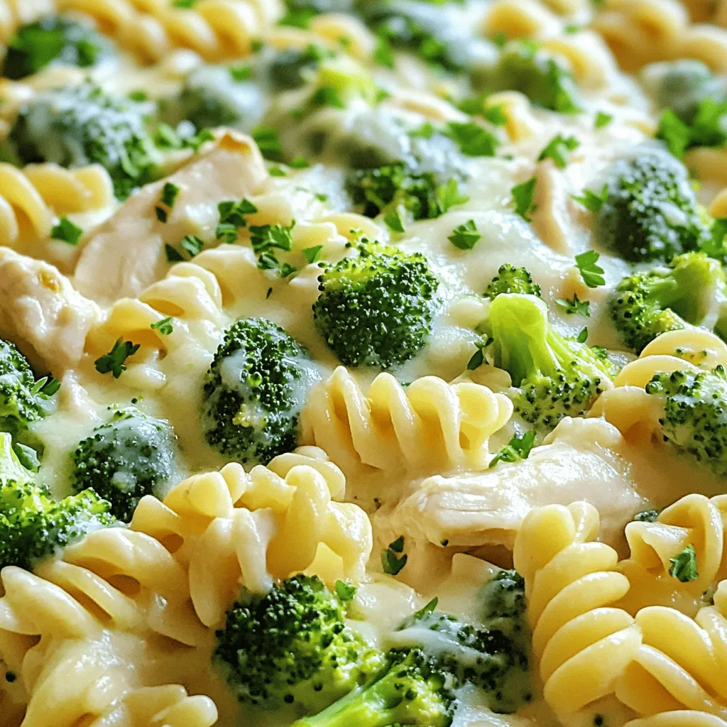 - 2 cups cooked rotini pasta - 2 cups cooked chicken breast, shredded - 2 cups broccoli florets, steamed The main ingredients form the heart of this dish. You need rotini pasta for a fun twist. It holds the creamy sauce well. Shredded chicken adds protein and flavor. Steamed broccoli gives a nice crunch and color. Together, they create a vibrant base for your bake. - 1 tablespoon olive oil - 3 cloves garlic, minced - 1 cup heavy cream - 1 cup chicken broth - 1 cup grated Parmesan cheese The sauce is what makes this dish creamy and rich. You start with olive oil to sauté garlic. Garlic adds a wonderful aroma. Then, you mix heavy cream and chicken broth. This creates a smooth, velvety base. Finally, whisk in Parmesan cheese. It thickens the sauce and adds a savory bite. - 1 teaspoon Italian seasoning - Salt and pepper to taste - 1 cup shredded mozzarella cheese - Fresh parsley, chopped (for garnish) Seasoning is key to enhancing flavors. Italian seasoning brings warmth and depth. Adjust salt and pepper for your taste. Topping with mozzarella gives a gooey finish when baked. Fresh parsley adds a pop of color and freshness. These small touches lift the dish to gourmet levels. For the full recipe, check the detailed instructions above. - Preheat oven to 375°F (190°C). - Grease a 9x13-inch baking dish. - Sauté 3 minced garlic cloves in 1 tablespoon of olive oil. - Combine 1 cup of heavy cream and 1 cup of chicken broth in the skillet. - Whisk in 1 cup of grated Parmesan cheese until smooth. - In a large bowl, mix 2 cups of cooked rotini pasta, 2 cups of shredded chicken, and 2 cups of steamed broccoli. - Pour the Alfredo sauce over the mixture and toss gently. - Transfer the mix to the greased baking dish and top with 1 cup of shredded mozzarella. - Bake in the preheated oven for 25-30 minutes. - Look for a golden, bubbly top. - Garnish with chopped fresh parsley before serving. To make a creamy sauce, use heavy cream. Heat it gently with garlic. Whisk in Parmesan cheese slowly. This keeps it smooth and rich. If your sauce is too thick, add a splash of chicken broth. For flavor, taste and adjust salt and pepper. A touch of Italian seasoning enhances the taste. Cooking chicken breast can be easy. Baking or poaching keeps it juicy. If you have leftover chicken, use it! Shred it up and add it to your bake. This saves time and adds flavor. You can make this dish even quicker with rotisserie chicken from the store. You can steam or blanch broccoli. Steaming keeps it bright and crisp. Blanching makes it tender and vibrant. To add flavor, toss steamed broccoli in olive oil and garlic. This simple step boosts its taste. You want your broccoli to shine in this dish! For more ideas and to explore the full recipe, check out the [Full Recipe]. {{image_2}} You can easily change the pasta type in this dish. Instead of rotini, try penne or fusilli for a fun twist. Each shape holds sauce well and adds a different texture. You can also swap out broccoli for other veggies. Cauliflower, spinach, or bell peppers can work great. Each adds its own taste and color to the bake. To boost the flavor, consider adding spices. A pinch of red pepper flakes can give a nice kick. Fresh herbs like basil or thyme can also brighten the dish. If you love cheese, mix in mozzarella or gouda for extra creaminess. These tweaks make your dish unique and tasty. If you need gluten-free options, use gluten-free pasta. Many brands offer great choices that cook well. For a low-calorie alternative, swap heavy cream with Greek yogurt. This keeps the dish creamy while cutting calories. These small changes help everyone enjoy this dish. You can find the Full Recipe to guide you through these variations. To keep your Chicken and Broccoli Alfredo Bake fresh, store it in an airtight container. Place it in the fridge right after it cools. This dish lasts about 3 to 4 days in the refrigerator. Always check for any signs of spoilage before eating. If you want to save some for later, freezing is a great option. Cut the bake into portions and wrap each piece tightly in plastic wrap. Then, place the wrapped portions in a freezer-safe bag. It can last up to 2 months in the freezer. When you’re ready to enjoy it, thaw it in the fridge overnight. Reheat it in the oven at 350°F (175°C) until warm. This keeps the texture nice. Batch cooking is smart for busy days. You can prepare a large dish of Chicken and Broccoli Alfredo Bake and store it in separate containers. This way, you have quick meals ready to go. Each portion can be reheated as needed, making dinner easy. Plus, it helps you control your serving sizes and avoid waste. Yes, you can use fresh broccoli. Just cut it into small pieces. Steam or blanch it for a few minutes. This helps it cook evenly. Fresh broccoli adds a nice crunch to the dish. To make Alfredo sauce, start with olive oil in a skillet. Sauté minced garlic for about one minute. Then, add heavy cream and chicken broth. Stir well. Gradually whisk in grated Parmesan cheese until it melts. Season with salt and pepper to taste. This simple method gives you a rich and creamy sauce. Yes, you can prepare it in advance. Assemble the dish and cover it tightly. Store it in the fridge for up to 24 hours. When ready to bake, just add a few extra minutes to the cooking time. This makes meal prep easy and stress-free. This dish pairs well with a fresh salad. A side of garlic bread also complements it nicely. You can serve it with steamed vegetables for extra color and nutrients. These sides help balance the creamy richness. Absolutely! Kids love the creamy sauce and tender chicken. The broccoli adds a fun color and texture. You can even let them help make the dish. It’s a great way to get them excited about eating healthy. You can find the full recipe for Chicken and Broccoli Alfredo Bake in the earlier sections. It includes all the ingredients and step-by-step instructions for making this creamy comfort dish. This Chicken and Broccoli Alfredo Bake combines simple ingredients into a tasty dish. You learned how to prepare a creamy sauce, assemble, and bake everything perfectly. Remember, you can swap ingredients and adjust flavors to fit your taste. Storing leftovers is easy, and you can make meals ahead. Experiment with variations to keep it fresh. Enjoy your cooking adventure!