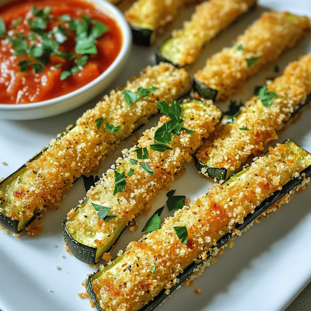 - Zucchini: Choose medium zucchinis, about 6-8 inches long. These are firm and less watery. They hold up well when baked. Look for shiny skin and vibrant color to ensure freshness. - Breadcrumbs: I recommend using whole wheat or panko breadcrumbs. Whole wheat gives a hearty texture, while panko adds extra crunch. Both create a satisfying crisp. - Parmesan: Freshly grated Parmesan is key. It melts better and offers a richer flavor. Pre-grated cheese can lack the depth you want in this dish. - Essential seasonings: Garlic powder and onion powder add depth. Dried oregano gives an earthy taste. Paprika adds color and a hint of smokiness. Salt and pepper enhance all the flavors. - Alternative herbs and spices: Consider adding Italian herbs like basil or thyme for a twist. For heat, try red pepper flakes. These options can make your fries unique. - Tools required for preparation: You’ll need a baking sheet and parchment paper. The parchment helps prevent sticking and makes cleanup easy. A few bowls for the breading station will help keep things organized. - Cooking spray or oil options: Use cooking spray or drizzle olive oil on the fries. This small step helps them brown nicely and keeps them crisp. To cut zucchini into fries, start with two medium zucchinis. Wash them well and slice off both ends. Cut each zucchini in half, then slice each half into strips about ¼ inch thick. Aim for uniform shapes. This helps them cook evenly. To maintain those shapes, use a sharp knife. A steady hand makes a big difference. If you have a mandoline slicer, this tool can help you get even fries. Make sure to keep the fries dry. This step helps the coating stick better later on. Next, set up a breading station. In one bowl, place the beaten eggs. In a second bowl, mix the breadcrumbs, Parmesan, and spices. This is where the fun begins! For an extra crispy coating, dip each zucchini fry into the egg first. Let the excess egg drip off. Then, coat it in the breadcrumb mix. Press down slightly to help the crumbs stick. This technique gives a nice crunch when baked. Preheat your oven to 425°F (220°C). Line a baking sheet with parchment paper. This makes for easy cleanup and prevents sticking. Arrange the coated fries in a single layer on the sheet. Make sure they don’t touch each other. This allows for even cooking and browning. Lightly spray or drizzle with cooking oil for a golden finish. Bake for about 20-25 minutes. Flip the fries halfway through to ensure even cooking. You’ll know they are done when they turn golden brown and crispy. For the full recipe, check the instructions to enhance your cooking experience! To get that perfect crispiness, you need to adjust the bake time. Ovens can vary. If your oven runs hot, start checking the fries a few minutes early. If it runs cool, you may need to bake them longer. For air circulation, make sure the fries are in a single layer. Overcrowding leads to steam, not crunch. You can also turn on the convection setting if your oven has it. This helps move hot air around the fries, ensuring they cook evenly. Want to spice things up? You can add heat by mixing in cayenne pepper or crushed red pepper flakes. This gives your fries a nice kick. Another tip is to let the zucchini sit for about 10 minutes after cutting. This helps draw out moisture. The result? A firmer fry that crisps better in the oven. When it comes to dips, marinara sauce is a classic choice. It pairs well with the cheesy flavor of the fries. You can also try ranch dressing, garlic aioli, or even a spicy sriracha dip. For creative plating, stack the fries in a tall glass or arrange them on a wooden board. Garnish with fresh parsley or an extra sprinkle of Parmesan cheese for a touch of elegance. These small details make your dish pop! For the complete recipe, check the Full Recipe. {{image_2}} You can switch up the breading for your zucchini fries. If you need a gluten-free option, try crushed rice cereal or ground almonds. Both give a nice crunch. You can also use cornmeal for a different texture. For cheese lovers, mix in different cheeses. Try cheddar or mozzarella for a fun twist! Want to add more veggies? Slice carrots or sweet potatoes into thin strips and mix them with the zucchini. This adds color and flavor. You can also add herbs like basil or thyme for a fresh taste. When summer comes, toss in thin slices of eggplant or bell pepper for seasonal fun. If you want to try air frying, set the temperature to 400°F. Cook for about 10-15 minutes. This gives you a similar crunch with less oil. You can also grill the fries. Just brush them with oil and cook over medium heat for about 5-7 minutes. Keep an eye on them to avoid burning. For pan-frying, use a bit of oil in a skillet. Fry until golden and crispy, then drain on paper towels. You can find the full recipe for Baked Parmesan Zucchini Fries in the section above! To keep your leftover zucchini fries fresh, follow these steps: - Refrigeration: Place the fries in an airtight container. This helps keep them crisp for up to three days. If you want to keep them fresher, place a paper towel in the container to absorb moisture. - Freezing: For longer storage, freeze the fries. First, lay them in a single layer on a baking sheet and freeze until solid. Then transfer them to a freezer bag. This method prevents sticking and keeps your fries ready for future snacking. When you want to enjoy your leftover zucchini fries, reheating properly is key to keeping them crispy: - Oven Method: Preheat your oven to 400°F (200°C). Place the fries on a baking sheet and heat for 10-15 minutes. This restores their crunchiness. - Air Fryer Method: If you have an air fryer, set it to 375°F (190°C) and heat for 5-7 minutes. This method works wonders for crispiness. - Avoiding Sogginess: Do not reheat in the microwave. This makes them soft and mushy. Always choose oven or air fryer methods for the best results. For the full recipe, check out the Baked Parmesan Zucchini Fries recipe. Yes, you can prep zucchini fries in advance. Start by cutting the zucchini into fries. Then, bread them as you normally would but stop before baking. Place the fries on a lined baking sheet. Cover with plastic wrap and store in the fridge. For best results, use them within a day. Look for a golden brown color. The fries should be crispy and firm. You can also poke a fork in one to check if it is tender inside. If they appear soft or pale, they need more time. Yes! You can use eggplant, carrots, or sweet potatoes. Cut them into similar fry shapes. Adjust baking time based on the vegetable you choose. Thicker veggies may need longer to cook. To make them vegan, replace the eggs. Use a mix of ground flaxseed and water instead. Combine one tablespoon of flaxseed with two and a half tablespoons of water. Let it sit for a few minutes to thicken. Dip the fries in this mixture before breading. If your fries are soggy, check a few things. Ensure you cut them into even sizes. This helps them cook evenly. Make sure to coat them lightly in oil. Too much moisture will prevent crispiness. Flip them halfway through baking for even cooking. Baked Parmesan Zucchini Fries are simple and fun to make. You learned about the best ingredients, essential seasonings, and cooking tools needed. The step-by-step guide helped you prep, coat, and bake your fries perfectly. Plus, tips for crispiness and flavor made this dish shine. Remember, you can alter recipes for your taste or try different veggies. Store extras correctly for later enjoyment, and reheat them to keep that crunch. Enjoy your delicious zucchini fries with your favorite dips. Happy cooking!