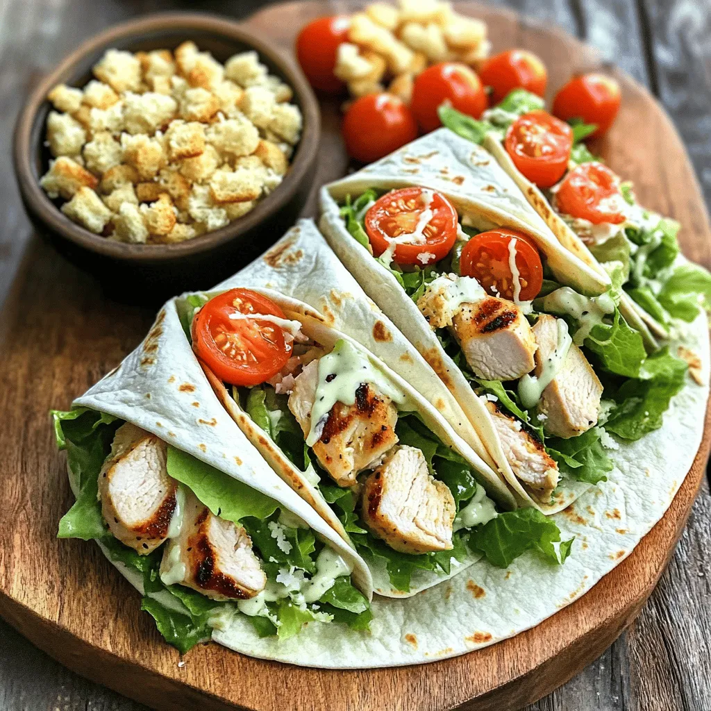 - Grilled chicken - Tortillas - Caesar dressing In this wrap, grilled chicken forms the heart of the dish. I love using boneless, skinless chicken breasts because they cook evenly and stay juicy. Tortillas are the perfect vessel for all the tasty fillings. I prefer large flour tortillas, but you can use whole wheat or corn tortillas based on your taste. For a creamy kick, Caesar dressing brings everything together with its rich flavor. - Croutons - Additional vegetables Croutons add a nice crunch to the wrap. You can use store-bought ones or make your own. I often toss in some extra veggies like cherry tomatoes, diced cucumbers, or bell peppers. They add color and freshness to the wrap, making it more vibrant and nutritious. - Garlic powder - Onion powder - Salt and pepper Seasoning is key to great flavor. I use garlic powder and onion powder to enhance the chicken's taste. A pinch of salt and pepper brings out all the other flavors. You can adjust the amounts to your liking. Remember, seasoning well is what turns a good meal into a great one. For the complete recipe, check the [Full Recipe]. 1. Preheat the grill: Start by preheating your grill or grill pan over medium heat. This helps the chicken cook evenly and gives it great marks. 2. Prepare the chicken: In a small bowl, mix 2 tablespoons of olive oil with 1 teaspoon of garlic powder, 1 teaspoon of onion powder, and some salt and pepper. Brush this mix on both sides of the two boneless, skinless chicken breasts. This step adds flavor and keeps the chicken moist. - Cooking time and technique: Place the chicken on the grill for about 6-7 minutes on each side. Use tongs to flip the chicken. You want nice grill marks, and it should be golden brown. - Checking for doneness: Check if the chicken is done by making sure the juices run clear. You can also cut into the thickest part. If it’s white and no pink remains, it’s ready. Remove the chicken from the grill and let it rest for 5 minutes. This helps the juices settle. - Layering ingredients: While the chicken rests, get your four large flour tortillas. Lay them flat and evenly divide the chopped Romaine lettuce, halved cherry tomatoes, and grated Parmesan cheese over each tortilla. - Folding techniques: Slice the grilled chicken into thin strips and add them to the tortillas. Drizzle Caesar dressing over the top. If you want some extra crunch, add croutons. To fold, tuck in the sides of the tortilla, then roll tightly from the bottom up. This keeps all the tasty fillings inside. Enjoy making your Grilled Chicken Caesar Wrap with these easy steps! For the full recipe, check out [Full Recipe]. Grilling is an art, and I want you to master it! First, control your grill’s temperature. Aim for medium heat. This helps the chicken cook evenly without burning. Use a grill thermometer to check. Timing is key, too. Grill the chicken for 6-7 minutes on each side. Check for clear juices to know it's ready. Let the chicken rest for 5 minutes after grilling. This keeps it juicy and tender. You can make your wrap unique! Try different dressings if you like. A yogurt or ranch dressing can add a nice twist. You can also skip the Caesar dressing if you prefer a lighter flavor. Extra toppings can elevate your wrap. Add sliced bell peppers, cucumbers, or avocado for a fresh crunch. You can even throw in bacon bits for a salty kick! Prep your ingredients in advance for quick meals. Marinate the chicken the night before for extra flavor. Chop your veggies and store them in the fridge. If you want to store wraps for later, roll them tightly in plastic wrap. Keep them in the fridge for up to two days. This makes for a ready-to-eat meal whenever you need one. For the full recipe, check out the Grilled Chicken Caesar Wrap section. Enjoy your cooking! {{image_2}} You can switch the grilled chicken for turkey or beef. Turkey gives a nice lean flavor. Beef adds a rich, hearty taste. For a vegetarian option, try grilled tofu or chickpeas. Both are full of protein and flavor. You can make your own Caesar dressing at home. Mixing olive oil, lemon juice, and anchovies creates a fresh taste. If you want something different, try ranch or a spicy mayo. Each sauce brings a unique twist to your wrap. Spices can elevate your wrap. Add smoked paprika for a smoky flavor or Italian seasoning for a fresh herb taste. You can also mix in extra veggies like bell peppers or cucumbers for a crunchy bite. These simple changes make your Grilled Chicken Caesar Wrap even more exciting. For the full recipe, check out the earlier section. To keep your Grilled Chicken Caesar Wrap fresh, store it in the fridge. Wrap each one tightly in plastic wrap. This helps prevent it from drying out. You can also use airtight containers for better protection. It’s best to eat them within three days to enjoy the best flavor. If you want to keep your wraps longer, freezing is a good option. Wrap each one in foil or plastic wrap, then place them in a freezer bag. Be sure to remove as much air as possible. When ready to eat, take a wrap out and let it thaw overnight in the fridge. To reheat, place it in a warm oven or on a skillet until heated through. Grilled Chicken Caesar Wraps last about three days in the fridge. In the freezer, they can stay good for up to two months. Always check for signs of spoilage before eating. If you see any mold or the wrap smells sour, it’s best to toss it. Keeping an eye on these details helps you enjoy safe and tasty meals. To make the Grilled Chicken Caesar Wrap gluten-free, you can swap the flour tortillas. Use corn tortillas, lettuce leaves, or gluten-free wraps instead. Ensure that your Caesar dressing is also gluten-free. Some brands add gluten, so check the label carefully. With these changes, you can enjoy a tasty wrap without gluten. Yes, you can use leftover chicken or other ingredients for this wrap. Store the chicken in an airtight container in the fridge for up to three days. To reuse, slice the chicken and add it to fresh tortillas with your favorite toppings. This method saves food and cuts down on waste. Always check for freshness before using leftovers. Many side dishes complement the Grilled Chicken Caesar Wrap. Here are some tasty options: - Fresh fruit salad - Crispy potato wedges - A light green salad - Veggie sticks with hummus - Garlic bread These sides add variety and taste to your meal, making it even more enjoyable. In this post, we covered how to make a Grilled Chicken Caesar Wrap. We discussed main and optional ingredients, along with seasonings. You learned how to prep, grill, and assemble the wrap. We shared tips for grilling and customizing, plus storage advice. In conclusion, this wrap is versatile and easy to make. You can mix and match ingredients to suit your taste. Enjoy experimenting with different flavors and toppings. With these steps, you can create a tasty meal that fits your style.