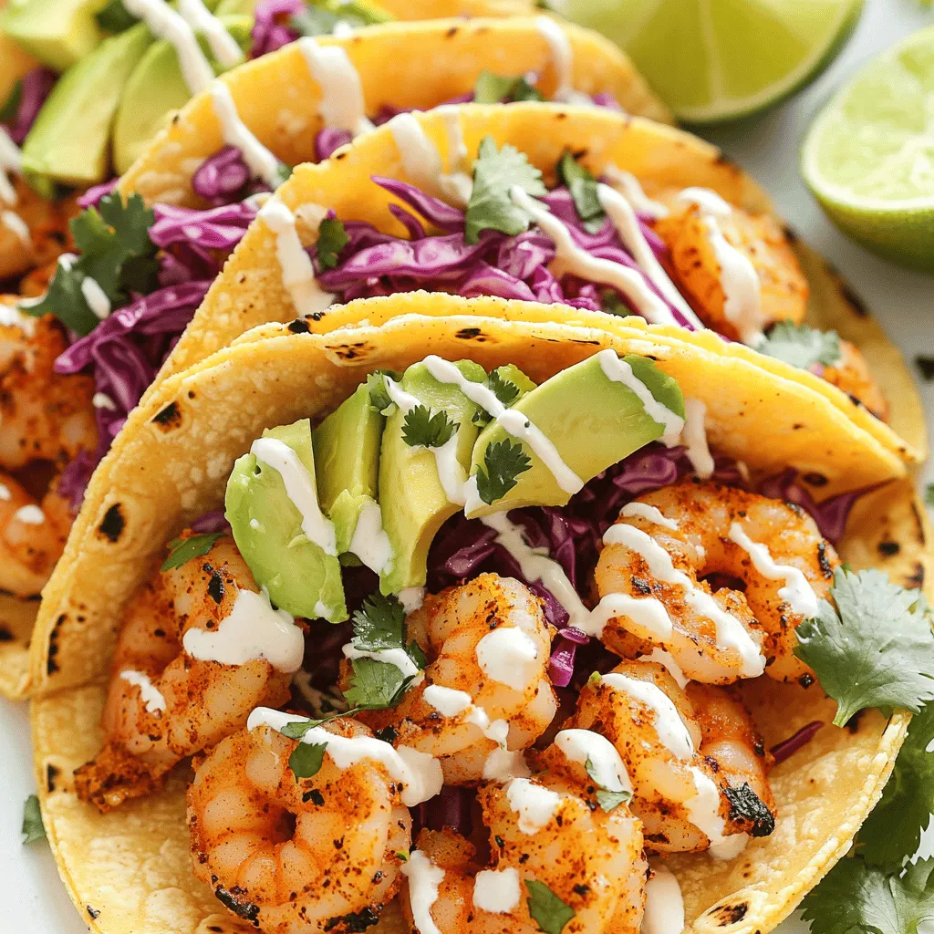 To make tasty spicy shrimp tacos, gather these key ingredients: - 1 pound shrimp, peeled and deveined - 2 tablespoons olive oil - 2 teaspoons chili powder - 1 teaspoon cumin - 1/2 teaspoon paprika - 1/2 teaspoon garlic powder - 1/4 teaspoon cayenne pepper (adjust for spice preference) - Salt and pepper to taste - 8 small corn tortillas - 1 cup red cabbage, thinly sliced - 1 ripe avocado, sliced - 1/2 cup cilantro leaves, chopped - 1 lime, cut into wedges - 1/4 cup sour cream or Greek yogurt - 1 tablespoon lime juice These ingredients come together to create a dish full of flavor and texture. The shrimp gives a fresh, juicy bite. I recommend using large shrimp for these tacos. They hold their shape well and cook quickly. Look for shrimp that is peeled and deveined. Fresh shrimp is best, but frozen works too. If using frozen shrimp, thaw them in the fridge overnight. Seasonings are key to flavor. Chili powder adds heat and depth. Cumin provides a warm, earthy taste. Paprika gives a smoky note, while garlic powder adds a savory touch. Adjust cayenne pepper based on your spice level. For toppings, use crunchy red cabbage for texture. Creamy avocado adds richness. Fresh cilantro brightens each bite. Lime juice and sour cream or Greek yogurt bring a zesty finish. For a complete guide, check out the Full Recipe. Start by gathering your shrimp. I use one pound of peeled and deveined shrimp. In a medium bowl, toss the shrimp with olive oil and spices. You need two teaspoons of chili powder, one teaspoon of cumin, half a teaspoon of paprika, half a teaspoon of garlic powder, and a quarter teaspoon of cayenne pepper. Feel free to adjust the cayenne for more or less heat. Season with salt and pepper to taste. Mix it well, so every shrimp gets covered. Heat a large skillet over medium-high heat. When the skillet is hot, add the shrimp. Cook them for about two to three minutes on each side. They should turn pink and opaque when done. This quick cooking keeps them juicy. Once cooked, remove the shrimp from heat and set them aside. Warm the corn tortillas in a separate skillet or on a grill. Heat them for about thirty seconds on each side until soft. Now, it’s time to build your tacos. Start with a layer of sliced red cabbage on each tortilla. Next, add a few shrimp on top of the cabbage. Then, slice an avocado and add some pieces to each taco. Sprinkle fresh cilantro leaves over the top. Lastly, drizzle sour cream or Greek yogurt mixed with a tablespoon of lime juice on each taco. Serve with lime wedges for an extra zesty flavor. For the full recipe, refer to the detailed instructions provided above. When picking shrimp, look for fresh, firm, and translucent shrimp. Avoid any that smell fishy or have black spots. If you can, choose wild-caught shrimp. They often taste better and are healthier. If you buy frozen shrimp, thaw it safely in the fridge overnight. Do you want your tacos spicy or mild? Start with less cayenne pepper if you like a milder taste. You can always add more spice later. Taste the shrimp before cooking to see if it needs more seasoning. You can even add hot sauce to your tacos for extra heat if desired. Serve your spicy shrimp tacos with lime wedges and extra toppings. Fresh cilantro adds a nice touch. You can also try adding diced tomatoes or a simple salsa. A side of black beans or corn salad pairs well with the tacos. For a fun twist, serve them with a cool yogurt dip. For the full recipe, check out the details above! {{image_2}} You can swap shrimp for other proteins. Chicken works well and cooks fast. Fish like tilapia or cod is a great choice too. If you prefer beef, use ground meat with spices. Each protein brings its own flavor and texture. Just adjust cooking times for each type. Want a meatless meal? Use grilled veggies like zucchini, bell peppers, and corn. You can also choose beans, like black beans or chickpeas. These add protein and fiber. For a vegan twist, try marinated tofu. It soaks up flavors and gives a nice bite. Salsa adds fresh taste to tacos. Try a mango salsa for sweetness. Mix diced mango, red onion, and cilantro. A spicy avocado crema is another option. Blend ripe avocado with lime juice and garlic. This gives a creamy kick to your tacos. Don't forget to check the full recipe for more ideas! After enjoying your spicy shrimp tacos, store any leftovers in an airtight container. Make sure the shrimp cools down before sealing. This helps keep them fresh. You can keep them in the fridge for up to two days. If you want to store them longer, freeze the shrimp for up to three months. Just remember to label the container with the date. To reheat leftover shrimp, use a skillet for best results. Heat a little olive oil over medium heat. Add the shrimp and cook for about 2-3 minutes until warmed through. You can also use the microwave if you're in a hurry. Place the shrimp in a microwave-safe dish, cover it, and heat for about 1-2 minutes. Make sure to stir halfway for even warming. Store any leftover tortillas in a sealed plastic bag or container. Keep them in the fridge for up to a week. For toppings like avocado and cilantro, wrap them in a damp paper towel and place them in a container. This keeps them fresh. Red cabbage can be stored in a separate container in the fridge. Just remember to keep all toppings separate until you're ready to enjoy your tacos again. For the full recipe, check the earlier section! Yes, you can use frozen shrimp. Just make sure to thaw them first. Place the shrimp in cold water for about 15-20 minutes. This method works well and keeps the shrimp firm. After thawing, drain and pat dry. Then, follow the recipe as normal. The flavor will still shine through. If you don’t have sour cream, Greek yogurt is a great swap. It has a similar texture and taste. You can also use mashed avocado for creaminess. For a dairy-free option, try cashew cream or coconut yogurt. These alternatives still give you that rich feel without losing flavor. To make gluten-free tacos, use corn tortillas. They are naturally gluten-free and work perfectly. Check the label to make sure they are certified gluten-free. You can also use lettuce wraps for a lighter option. They add a fresh crunch while keeping the dish gluten-free. For a complete guide on making these delicious tacos, check out the Full Recipe. You now have a complete guide to making spicy shrimp tacos. We covered ingredients, cooking steps, and tasty tips. Remember to pick the right shrimp and adjust spices to suit your taste. You can also try different proteins or vegan options for variety. Don’t forget to store leftovers properly for fresh meals later. With these ideas, your next taco night will be a hit! Enjoy the process, and don’t hesitate to experiment with flavors.