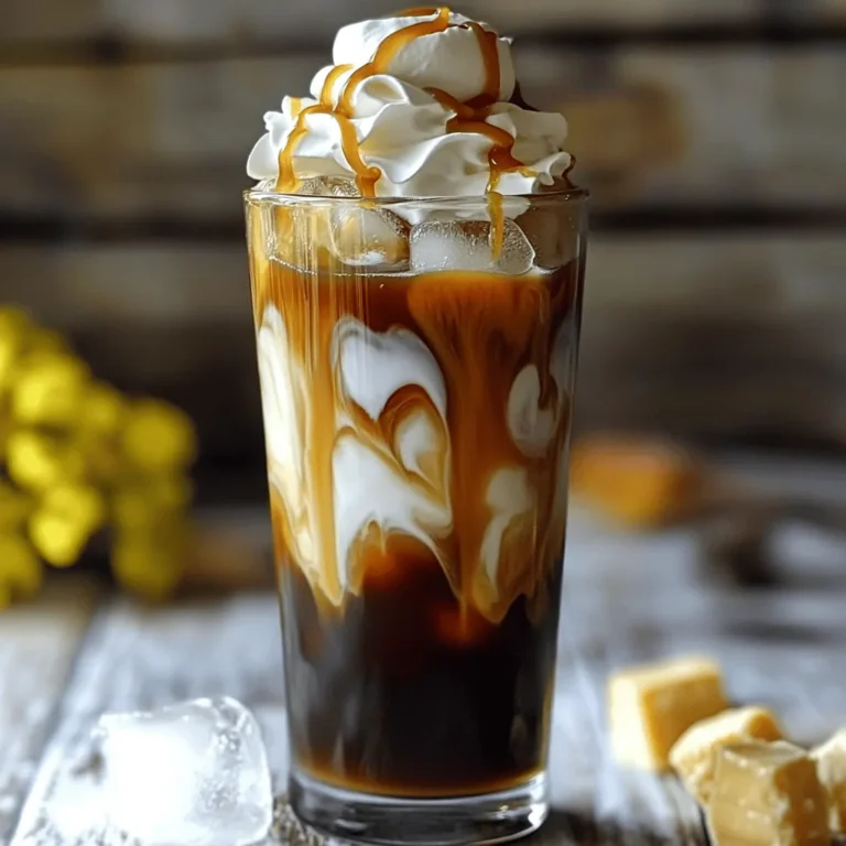 To make a delicious Caramel Swirl Cold Brew, you will need the following ingredients: - 1 cup coarsely ground coffee - 4 cups cold water - 1/2 cup caramel sauce (plus extra for drizzling) - 1 cup milk or your favorite non-dairy milk - 1 tablespoon vanilla extract - Ice cubes - Whipped cream (optional) These ingredients create a rich and sweet drink that is refreshing and easy to make. The coarsely ground coffee forms the base, while the caramel sauce adds that delightful sweetness. You can choose any milk you like, whether it’s dairy or plant-based. Vanilla extract enhances the flavor, making your cold brew even more enjoyable. Adding ice cubes keeps the drink chilled, and whipped cream is optional but adds a nice touch to the final presentation. To learn how to prepare this drink step by step, check out the Full Recipe. To start, gather your coffee grounds and cold water. I use 1 cup of coarsely ground coffee and 4 cups of cold water. Mix them in a large jar or pitcher. Stir gently to combine everything. Cover the jar and place it in the fridge. Let it steep for 12 to 24 hours. The longer it steeps, the stronger it tastes. Once steeping is done, it's time to filter the coffee. Use a fine-mesh sieve or a coffee filter. Pour the cold brew concentrate through it into another container. This step removes all the coffee grounds. After filtering, store the concentrate in the fridge. It stays fresh for about two weeks. Now, let’s make the cold brew mixture. In a separate jug, combine the cold brew concentrate, 1 cup of milk, 1 tablespoon of vanilla extract, and half of the caramel sauce. Mixing these ingredients creates a rich flavor. Make sure to stir well until everything blends together. Balancing the flavors is key for a tasty drink. For serving, grab tall glasses and fill them with ice cubes. Pour the caramel cold brew mixture over the ice. It looks great in a clear glass. If you like, add a dollop of whipped cream on top. Finish with a drizzle of extra caramel sauce. This makes your drink look beautiful and inviting. Enjoy your delicious Caramel Swirl Cold Brew! For the full recipe, check the detailed instructions above. To get the best flavor from your cold brew, use coarsely ground coffee. A ratio of 1 cup of coffee to 4 cups of water works well. Steep the mix in the fridge for 12 to 24 hours. The longer you steep, the stronger the flavor. If you prefer a milder taste, go for the shorter steep time. Remember to strain the coffee well. This way, you avoid any gritty bits in your drink. You can use different types of caramel sauce to change the taste. A rich, thick caramel gives a stronger flavor. If you want something more unique, try a salted caramel sauce. For a fun twist, make your own caramel! Just heat sugar in a pan until it melts. Stir in butter and cream for a simple, tasty sauce. This homemade option adds a special touch to your drink. Classic whipped cream is great, but you can try fun alternatives. Use cream cheese for a richer taste, or coconut cream for a dairy-free option. You can also infuse whipped cream with flavors. Add a splash of vanilla, or mix in cocoa powder for a chocolate twist. This gives your drink a fancy look and extra flavor. Get creative with your toppings! {{image_2}} If you want a dairy-free version of caramel swirl cold brew, you have great choices. Use non-dairy milk like almond, oat, or coconut. Each offers a unique flavor. Almond milk gives a nutty taste, while oat milk is creamy and smooth. For vegan caramel, select a brand that uses coconut or date syrup. You can also make your own with coconut cream and sugar. This way, you control the sweetness and flavor. You can enhance your cold brew with various flavors. Consider adding a dash of cinnamon or a splash of hazelnut syrup. These flavors pair well with caramel. In fall, try pumpkin spice for a seasonal twist. In summer, a hint of mint can be refreshing. Get creative with your cold brew to find your favorite taste. If you prefer hot drinks, you can serve caramel swirl cold brew warm. Just heat the cold brew concentrate in a pot. Add your milk and caramel sauce, and stir until it warms up. For a hot version, use less water in the cold brew. This way, the flavor stays strong when heated. You can enjoy the same great caramel taste, just in a cozy cup. To keep your cold brew fresh, store it in the fridge. Use a sealed jar or pitcher. This method helps maintain its flavor. Keep it away from strong odors. Cold brew can last about two weeks when stored properly. For caramel sauce, store it in an airtight container. This works for both homemade and store-bought sauces. You can keep it in the fridge for up to four weeks. If you notice changes in color or texture, it’s best to toss it. You can make cold brew in advance. Prepare it up to two days ahead of time. This saves you time during busy mornings. You can also mix the milk and vanilla extract ahead. This speeds up serving time. Just remember to keep all elements in the fridge. A Caramel Swirl Cold Brew is a smooth coffee drink that blends cold brew coffee with caramel sauce and milk. You start with coarsely ground coffee steeped in cold water for a long time, usually overnight. This cold brew is rich and less acidic than hot coffee. Then, you mix it with milk, vanilla extract, and caramel to add sweetness. When served over ice, it becomes a refreshing treat. Cold brew coffee can last up to two weeks in the fridge. To keep it fresh, store it in a sealed container. Always check for any off smells or flavors before drinking. If you notice any changes, it’s best to discard it. You can use instant coffee, but the flavor will differ. Instant coffee does not have the same smoothness as cold brew. If you want a quick option, mix two tablespoons of instant coffee with one cup of cold water. Stir until dissolved, then follow the rest of the recipe. Some popular brands include Ghirardelli, Smucker's, and Torani. Many users love Ghirardelli for its rich taste. You can also find caramel sauce at local stores or online. Look for options that have simple ingredients. This ensures a better flavor for your cold brew. To cut the sweetness, reduce the caramel sauce by half. You can also use unsweetened milk or a milk alternative. Adding more cold brew will balance the flavors without adding extra sweetness. Taste as you go to find the right mix for your preference. In this post, we explored how to make a delicious Caramel Swirl Cold Brew. We covered the ingredients needed, preparation steps, and tips for perfecting your drink. Remember, the right balance of flavors can make all the difference. Don’t hesitate to try different milk options and flavor variations to suit your taste. With a few simple tweaks, you can create a cold brew that you love. Enjoy your refreshing drink and impress your friends with your newfound skills!