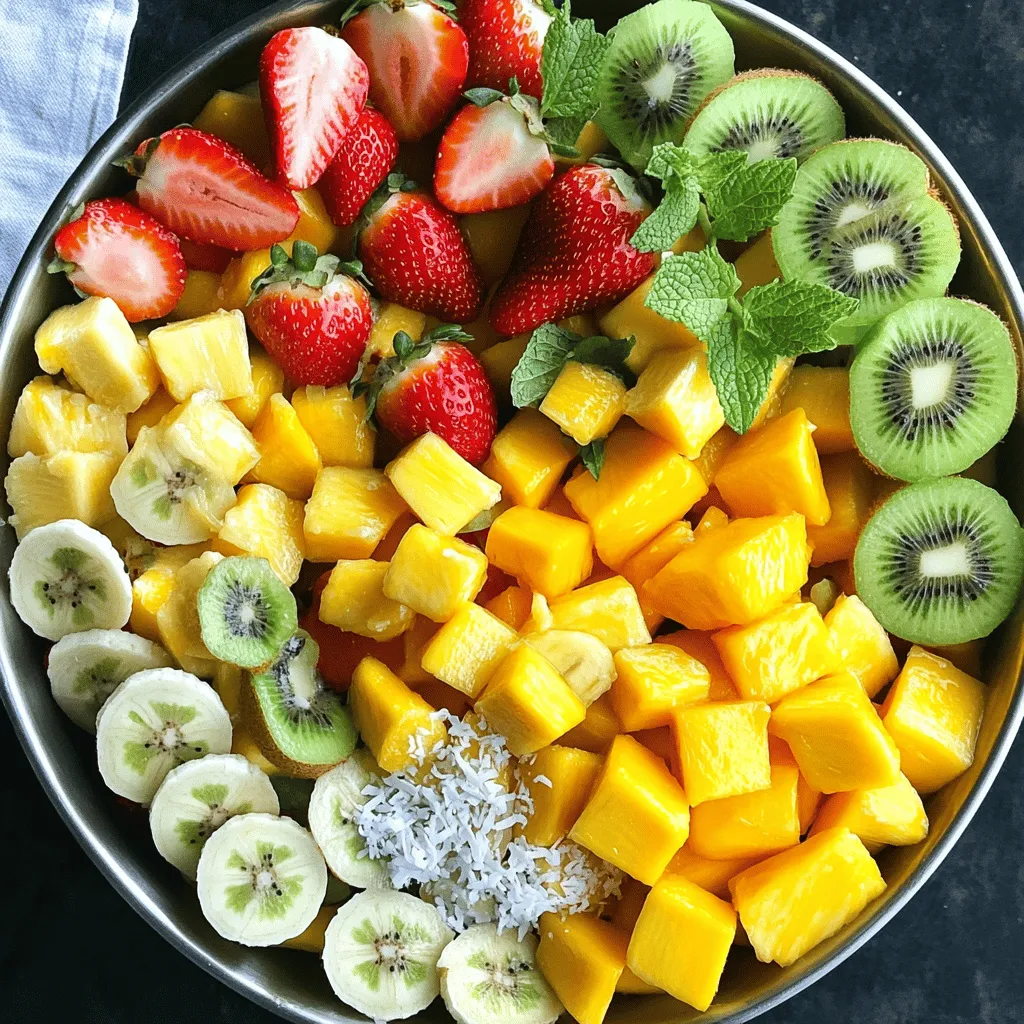 For a vibrant tropical fruit salad, use these fresh fruits: - 1 ripe pineapple, diced - 2 ripe kiwis, peeled and sliced - 1 mango, diced - 1 papaya, seeds removed and diced - 1 cup strawberries, hulled and halved - 1 banana, sliced These fruits bring color and flavor. Pineapple adds sweetness, while kiwi gives a tart taste. Mango is juicy, and papaya brings a soft texture. Strawberries add a nice touch, and banana adds creaminess. You can enhance the salad with: - 1/2 cup shredded coconut (unsweetened) - 1/4 cup fresh mint leaves, chopped - Juice of 1 lime - 1 tablespoon honey (optional) Shredded coconut gives a tropical crunch. Fresh mint adds a refreshing flavor. Lime juice brightens the dish, while honey adds a touch of sweetness if you prefer. Each fruit packs a punch of nutrition: - Pineapple: Rich in vitamin C and manganese. - Kiwi: High in vitamin K and vitamin C. - Mango: Provides vitamin A and folate. - Papaya: Contains digestive enzymes and vitamin C. - Strawberries: Full of antioxidants and fiber. - Banana: Offers potassium and vitamin B6. These fruits boost your health with vitamins and minerals. They support your immune system and improve digestion. Enjoying this salad makes eating healthy fun and tasty! For the full recipe, check out the Tropical Paradise Fruit Salad. Start with the ripe fruits. Use a sharp knife to dice the pineapple, mango, and papaya into small bites. Peel the kiwis and slice them thin. Cut the strawberries in half and slice the banana into rounds. Make sure all pieces are similar in size for a pretty salad. Grab a large mixing bowl. Add all the prepared fruits: pineapple, kiwi, mango, papaya, strawberries, and banana. Use a gentle touch to toss the fruits together. This keeps them from getting mushy. In a small bowl, mix the lime juice and honey if you want some extra sweetness. Drizzle this over the fruit salad. Toss everything gently to coat the fruits evenly. Then, add the shredded coconut and fresh mint. Fold them in with care. Let the salad sit for about 10 minutes. This step helps the flavors blend. Serve it fresh in chilled bowls or cups for a bright and colorful treat. For the full recipe, check the section above. When picking fruits, look for bright colors and good smells. Choose ripe pineapples that feel heavy for their size. For mangoes, check for a slight give when pressed. Kiwis should be firm yet soft to the touch. Papayas should have some yellow skin, showing they are ready to eat. Strawberries must be red and shiny, while bananas should be yellow with few brown spots. To stop fruits from browning, use lime juice. The acid in lime slows down oxidation. Squeeze some juice over cut fruits as soon as you slice them. This is especially helpful for bananas and apples. If you mix fruits in a salad, coat them with lime juice right away. This keeps your salad looking fresh and colorful. Adding fresh herbs can boost the taste of your fruit salad. Mint is the best choice for tropical flavors. It adds a cool, fresh note. Chop some mint leaves and sprinkle them over the salad. You can also try basil for a unique twist. Just use a small amount, as it can be strong. These herbs make your salad more exciting and flavorful. For a complete guide, check out the Full Recipe for Tropical Paradise Fruit Salad. {{image_2}} You can swap out fruits easily in this salad. Try using different fruits based on your taste. If you can't find papaya, use peaches or nectarines. For a sweeter touch, add ripe bananas or peaches instead of kiwi. If mangoes are not in season, use ripe pears or apples for a crisp bite. Adding a crunch makes the salad exciting. You can sprinkle in some chopped nuts like almonds or cashews. They give a nice texture and extra flavor. You could also use granola for a fun twist. Toasted coconut flakes add crunch and enhance the tropical feel. While lime juice is classic, you can get creative with dressings. A splash of orange juice brings a sweet, citrusy kick. For a tropical twist, use passion fruit juice instead. If you want a creamier texture, try a yogurt dressing. Mix some yogurt with honey and a dash of lime for a tasty topping. Check out the Full Recipe for all the details! To keep your tropical fruit salad fresh, store it in an airtight container. Place it in the fridge right after serving. Avoid leaving it out to prevent spoilage. Consume your leftovers within two days for the best taste. If you notice any browning, remove those fruits before eating. Select fruits that are firm and ripe when making your salad. For longer storage, keep whole fruits in a cool, dark place. Once cut, store them in the fridge. Citrus fruits like lime can last longer when kept in the crisper drawer. Using lime juice in your salad helps delay browning. Enjoy your tropical fruit salad within 24 hours for peak flavor. If left too long, the textures may change. For the best experience, serve it fresh. If you're preparing it ahead of time, mix the fruits just before serving. This keeps them from getting mushy. You can find the full recipe at the beginning of this article. Making Tropical Fruit Salad is simple. First, gather your ingredients. You need fresh pineapple, kiwis, mango, papaya, strawberries, banana, coconut, mint, lime juice, and honey. Start by cutting the fruits into small pieces. Mix them in a big bowl. Then, whisk together lime juice and honey. Pour it over the fruits and gently mix. Finally, add coconut and mint, and let it sit for ten minutes. This helps the flavors blend. You can find the full recipe for more details. Yes, you can use frozen fruits. Just remember to thaw them first. Frozen fruits can be softer than fresh ones. They may change the texture of your salad. If you prefer a crunch, fresh fruits are the best choice. Good fruit pairings can make your salad exciting. Try mixing sweet fruits like mango and strawberries with tart ones like kiwi. You can also add bananas for creaminess. Papaya adds a unique flavor, while pineapple gives a tropical touch. Mix and match to find your favorite flavors. This Tropical Fruit Salad is already vegan! All the ingredients are plant-based. If you want to make it even healthier, skip the honey. You can use agave syrup or simply leave it out. The natural sweetness from the fruits is enough. Serve Tropical Fruit Salad in chilled bowls. It looks colorful and fresh this way. You can also use clear cups for a fun presentation. Garnish with extra mint leaves or a sprinkle of coconut for added flair. Enjoy it as a light dessert or a refreshing snack! We’ve explored how to make a delicious tropical fruit salad. You learned about key ingredients, preparation steps, and tips to enhance flavor. Choosing the right fruits and preventing browning are crucial for freshness. Remember, variations can add crunch and new tastes. Store leftovers properly to enjoy them later. This tropical dish is easy, healthy, and perfect for all occasions. Enjoy making your salad and share it with friends for smiles all around!