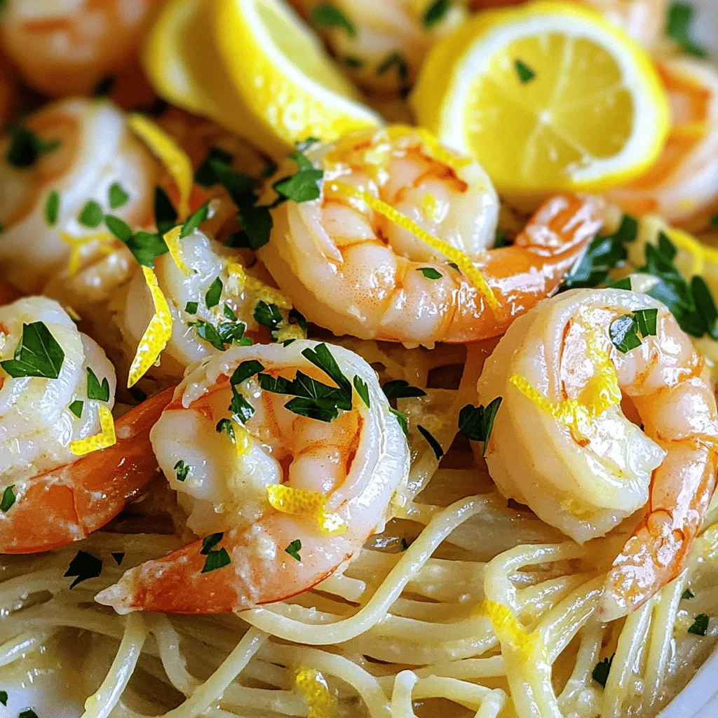 For this dish, you will need some simple, fresh ingredients. Here’s what to gather: - 1 lb large shrimp, peeled and deveined - 4 tablespoons unsalted butter - 3 tablespoons olive oil - 4 cloves garlic, minced - 1/2 teaspoon red pepper flakes (optional) - Zest of 1 lemon - Juice of 2 lemons - Salt and pepper to taste - 8 oz spaghetti or linguine - 1/4 cup fresh parsley, chopped - Lemon slices for garnish These ingredients work together to create a bright and tasty dish. The shrimp gives a nice protein boost, while the lemon adds zest. Garlic brings depth, and butter makes it rich. While the main ingredients shine, you can add a few optional ones to boost the flavor even more: - White wine for deglazing - Parmesan cheese for a cheesy touch - Fresh basil for an herb twist - Cherry tomatoes for sweetness These ingredients can change the flavor profile. Feel free to mix and match based on what you have at home. To make this dish easier, having the right tools is key. Here’s what I recommend: - Large pot for cooking pasta - Large skillet for sautéing - Colander for draining pasta - Wooden spoon or spatula for stirring - Zester for lemon zest - Knife and cutting board for chopping These tools will help you cook efficiently and keep your kitchen organized. With the right setup, you’ll enjoy the cooking process even more. For the full recipe, check the [Full Recipe]. Start with a large pot. Fill it with water and add salt. Bring the water to a boil. Add 8 ounces of spaghetti or linguine. Cook it according to the package directions until al dente, which means it should be firm to the bite. This usually takes about 8 to 10 minutes. Once done, reserve half a cup of pasta water. Drain the pasta and set it aside. This step ensures the pasta holds its shape and texture when mixed with the shrimp. Grab a large skillet and place it on medium heat. Add 4 tablespoons of butter and 3 tablespoons of olive oil. Let the butter melt completely, then add 4 cloves of minced garlic. Stir the garlic for 1 to 2 minutes. You want it fragrant but not browned. If it browns, it can taste bitter. This step is key to building the base flavor of your dish. Now, raise the heat to medium-high. Add 1 pound of peeled and deveined shrimp to the skillet. If you like a bit of spice, sprinkle in 1/2 teaspoon of red pepper flakes. Cook the shrimp for about 2 to 3 minutes on one side. They should turn pink and opaque. Flip them over and cook for another 2 to 3 minutes. This method ensures even cooking and keeps the shrimp tender. Next, add the lemon zest, the juice from 2 lemons, salt, and pepper. Stir everything together. Let it simmer for 1 minute to blend the flavors. If the sauce seems thick, add a bit of your reserved pasta water until it reaches the right consistency. Finally, toss in the drained pasta. Mix gently so the pasta gets coated with the sauce and shrimp. Cook for another minute to let the flavors meld. Now you have a beautifully cooked Lemon Garlic Shrimp Scampi ready to enjoy! For the full recipe, refer to the [Full Recipe]. To get the best taste from your Lemon Garlic Shrimp Scampi, focus on fresh ingredients. Use fresh shrimp for a sweet flavor. Fresh lemon juice adds brightness. Zest the lemon too; it gives a lovely aroma. When cooking garlic, don't let it burn. Burnt garlic tastes bitter. Always taste your sauce before serving. Adjust salt and pepper as needed. Many home cooks make mistakes that can ruin the dish. One common mistake is overcooking the shrimp. Shrimp cooks fast; it only takes a few minutes. If you cook it too long, it gets tough. Another mistake is not reserving pasta water. That water helps make the sauce creamy. Lastly, don’t forget to use enough salt in the pasta water. This enhances the pasta's flavor. Lemon Garlic Shrimp Scampi pairs well with many sides. A simple green salad adds freshness. Garlic bread is perfect for soaking up the sauce. For drinks, a crisp white wine like Sauvignon Blanc works great. If you prefer non-alcoholic, try sparkling water with lemon. This combination complements the dish well. For more ideas, check out the Full Recipe for inspiration! {{image_2}} You can easily make this dish healthier. Instead of butter, try using olive oil. It adds flavor and healthy fats. You can also swap regular pasta for whole wheat or zucchini noodles. Whole wheat adds fiber, while zucchini is low in carbs. Adding vegetables boosts flavor and nutrition. Spinach, cherry tomatoes, or bell peppers work great. Toss in spinach just before serving. It wilts nicely and adds a fresh taste. Cherry tomatoes can roast in the pan, bringing sweetness. Bell peppers add crunch and color. If you want some heat, add more red pepper flakes. Start with a small amount; you can always add more. For a different kick, try sliced jalapeños or a dash of hot sauce. Adjust to your liking for a zesty twist on this classic dish. Try these variations next time you make Lemon Garlic Shrimp Scampi! For the full recipe, check out the details above. You can store leftover Lemon Garlic Shrimp Scampi in an airtight container. Let it cool first. Place it in the fridge. It will stay fresh for up to 2 days. If you want to keep it longer, freezing is a good option. To reheat, use a skillet over low heat. Add a splash of water or broth. Stir gently to warm it through. This keeps the shrimp from getting tough. You can also use a microwave. Heat in short bursts, stirring in between. This will help it warm evenly. To freeze, place the scampi in a freezer-safe bag. Squeeze out as much air as possible. It can last up to 2 months in the freezer. When you're ready to eat it, thaw it overnight in the fridge. Reheat as mentioned for the best results. Enjoy your meal just like when it was fresh! For the full recipe, check out the [Full Recipe]. You can prepare Lemon Garlic Shrimp Scampi ahead, but it is best fresh. The shrimp lose their texture when reheated. You can cook the pasta and sauce early. Just store them separately. Combine them before serving for the best taste. I recommend using large, fresh shrimp. They have a nice texture and flavor. You can also use frozen shrimp. Just thaw them before use. Look for shrimp that are labeled "wild-caught" for better taste and sustainability. To serve more people, simply multiply the ingredients. For example, double everything for eight servings. Ensure you have a large enough pot for the pasta and a big skillet for the sauce. This way, you keep the flavors strong and the dish balanced. Lemon garlic shrimp scampi is a simple yet delicious dish. We covered key ingredients, cooking steps, and helpful tips to enhance flavor. Remember to avoid common mistakes for great results. Explore variations to fit your taste and dietary needs. Proper storage ensures leftovers stay fresh, and now you know how to reheat them well. With these insights, you can impress anyone with your shrimp scampi skills. Enjoy making this dish, and share your success with others!