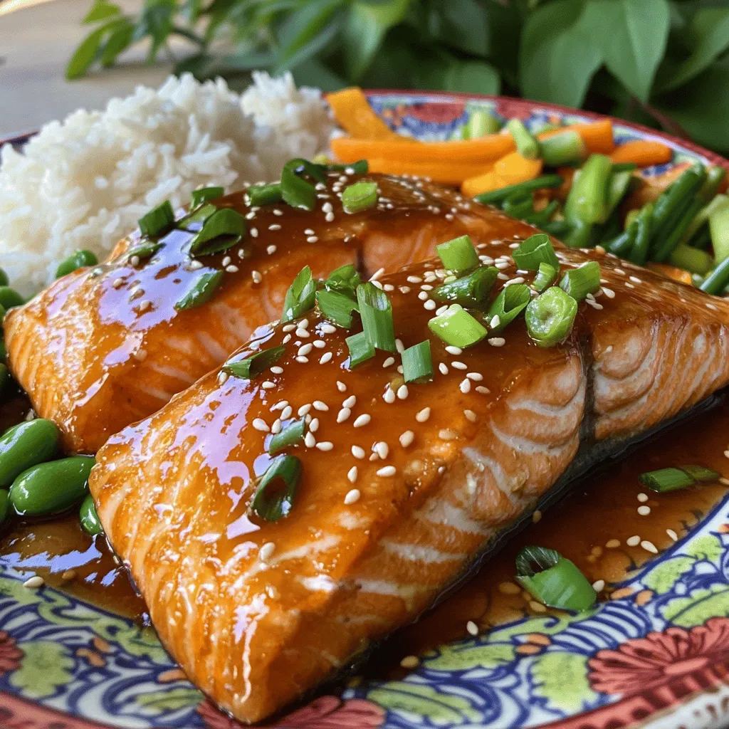 - 4 salmon fillets - 1/4 cup honey - 3 tablespoons soy sauce (low sodium) - 3 cloves garlic, minced - 1 tablespoon fresh ginger, grated - 2 tablespoons olive oil - 1 tablespoon sesame oil - 1 tablespoon rice vinegar - Salt and pepper to taste - 2 green onions, chopped (for garnish) - Sesame seeds (for garnish) - Add chili flakes for spice - Use maple syrup instead of honey for a different flavor When picking ingredients, fresh salmon is key. It gives the best taste. I love to use wild-caught salmon when I can. It has a rich flavor that pairs well with honey and garlic. Make sure to choose quality honey. The sweetness makes the glaze shine. Low-sodium soy sauce helps balance flavors without being too salty. Fresh garlic and ginger add warmth and depth. Olive oil and sesame oil give the dish a nice richness. Rice vinegar adds a touch of tanginess. Salt and pepper are simple, but they enhance all the other flavors. For garnish, green onions add color and crunch. Sesame seeds bring a nutty flavor that completes the dish. Feel free to play with the optional ingredients. A pinch of chili flakes can spice things up. If you want a different twist, maple syrup works great instead of honey. These ingredients come together for a dish that is easy and tasty. You can check out the Full Recipe to see how to bring it all to life. To start, grab a medium bowl. In this bowl, whisk together the following ingredients: - 1/4 cup honey - 3 tablespoons soy sauce (low sodium) - 3 cloves garlic, minced - 1 tablespoon fresh ginger, grated - 2 tablespoons olive oil - 1 tablespoon sesame oil - 1 tablespoon rice vinegar This mix creates a sweet and savory marinade. The honey brings a nice touch of sweetness, while the garlic and ginger add depth. Next, take your salmon fillets and place them in a zip-lock bag or a shallow dish. Pour the marinade over the fillets. Make sure each piece is well-coated. Seal the bag or cover the dish, then refrigerate for at least 30 minutes. For even better flavor, you can marinate for up to 2 hours. Now it's time to cook! Preheat your oven to 400°F (200°C) or heat a grill pan over medium-high heat. If you choose to bake, line a baking dish with parchment paper. For grilling, lightly oil the grill pan to prevent sticking. Remove the salmon from the marinade, but save the marinade for later. Place the salmon skin-side down in the baking dish or on the grill pan. Season it with a pinch of salt and pepper. Bake the salmon for 12-15 minutes. If grilling, cook for about 4-5 minutes per side. You know it's done when the fish flakes easily with a fork. While the salmon cooks, pour the reserved marinade into a small saucepan. Bring it to a boil over medium heat. Let it simmer for about 3-5 minutes until it thickens a bit. Once the salmon is ready, drizzle the thickened sauce over the top. This adds extra flavor and makes it look great! Garnish with chopped green onions and sesame seeds for a lovely finish. Enjoy your delicious honey garlic glazed salmon! For the full recipe, check the earlier sections. Marinating your salmon is key for great taste. I recommend marinating for at least 30 minutes. If you have time, let it sit for up to 2 hours. This really develops the flavor. To check if your salmon is done, use a fork. Gently poke the fish. If it flakes easily, it’s ready. This simple test ensures you cook it just right. For sides, I love pairing honey garlic glazed salmon with steamed vegetables. Broccoli or green beans work great. You can also serve it with fluffy rice. Both options balance the meal well. Plating is important. Use a colorful plate for the salmon. Arrange it nicely with your sides. Drizzle some extra sauce around the edges for flair. Top with sesame seeds and green onions for a pop of color. This makes your meal look as good as it tastes! Check out the Full Recipe for more ideas. {{image_2}} You can switch up the protein in this recipe. Use chicken or tofu to enjoy similar flavors. Both options work well with the honey garlic glaze. Just adjust the cooking time: chicken needs to reach 165°F, while tofu only needs warming through. If you want to add a twist, try lime juice or zest. This addition brings a fresh, bright note. Lime pairs wonderfully with honey and garlic, balancing the sweetness. You can mix it into the marinade or drizzle it on top just before serving. Explore different cooking methods for your salmon. You can broil it for a quick, high-heat finish that creates a nice crust. Pan-searing is another great option, giving you a lovely golden color and crispy skin. Just heat some oil in a pan and cook for about 4-5 minutes on each side. Each method yields a tasty dish, so feel free to experiment! To keep your honey garlic glazed salmon fresh, store it properly. First, let the salmon cool down to room temperature. Then, place the leftover salmon in an airtight container. You can also wrap each piece tightly in plastic wrap. - Refrigerate the salmon for up to 3 days. - For longer storage, freeze the salmon. Wrap it well in foil or freezer bags to avoid freezer burn. Frozen salmon can last for about 2 to 3 months. Just remember, the sooner you use it, the better the taste. When you want to enjoy your leftover salmon, reheat it carefully to keep it moist. Here’s how: 1. Preheat your oven to 275°F (135°C). 2. Place the salmon on a baking sheet lined with foil. 3. Cover the salmon loosely with another piece of foil to lock in moisture. 4. Heat for about 15 minutes or until warmed through. You can also reheat it in a skillet over low heat. Just add a splash of water or broth and cover the pan. This method helps keep the salmon juicy. Enjoy your meal again without losing its great flavor! For the best flavor, I recommend marinating salmon for at least 30 minutes. If you have time, up to 2 hours gives even better taste. The longer you marinate, the more the salmon soaks up the sweet and savory flavors from the marinade. Yes, you can use frozen salmon! Just be sure to thaw it first. Place the frozen fillets in the fridge overnight or use a quick method. Seal them in a bag and submerge in cold water for about an hour. Once thawed, you can marinate and cook them just like fresh salmon. To make the meal even better, serve the salmon with steamed vegetables. Broccoli, green beans, or asparagus pair well. Fluffy rice or quinoa also complements the dish nicely. For a fresh touch, add a simple salad with lemon dressing. This will balance the rich glaze and make your plate pop! You can create a tasty meal using simple ingredients like salmon, honey, and soy sauce. Marinating the salmon is key to getting great flavor. Remember, you can switch up ingredients for fun twists or try different proteins. The dish pairs well with rice or veggies. Store leftovers properly to enjoy later, too. With these tips, you'll impress anyone at your table. Cooking should be fun and rewarding—enjoy every step!