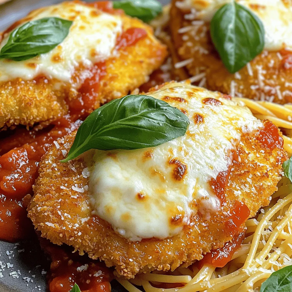 To make easy chicken parmesan, gather these main ingredients: - 2 boneless, skinless chicken breasts - 1 cup breadcrumbs (panko gives extra crunch) - 1/2 cup grated Parmesan cheese - 1 teaspoon garlic powder - 1 teaspoon dried oregano - 1 teaspoon Italian seasoning - 1/2 teaspoon salt - 1/4 teaspoon black pepper - 1 egg, beaten - 1 cup marinara sauce (store-bought or homemade) - 1 cup shredded mozzarella cheese - Fresh basil leaves for garnish - Olive oil for frying These ingredients make up the heart of this dish. The chicken provides protein, while the cheese and sauce add flavor. You can enhance your chicken parmesan by adding these optional ingredients: - Red pepper flakes for heat - Fresh garlic for a stronger taste - Fresh herbs like thyme or parsley for freshness These additions can give you a unique twist. Feel free to mix and match based on your taste. If you need substitutions, here are some ideas: - Use chicken thighs instead of breasts for a juicier result. - Swap the breadcrumbs for crushed cornflakes for a gluten-free option. - Try using low-fat cheese for a lighter meal. These substitutions can help you fit the recipe to your needs. Always remember to adjust cooking times based on what you choose. For the full recipe, check the earlier section! Start by preheating your oven to 400°F (200°C). Take the two boneless, skinless chicken breasts and place them between two sheets of plastic wrap. Use a meat mallet to pound them to a thickness of about 1/2 inch. This step helps the chicken cook evenly. In a shallow dish, mix the breadcrumbs, grated Parmesan cheese, garlic powder, oregano, Italian seasoning, salt, and black pepper. Beat one egg in another bowl. Dip each chicken breast into the egg, letting excess egg drip off. Then, coat the chicken in the breadcrumb mixture. Press gently to help the crumbs stick well. Heat olive oil in a large skillet over medium-high heat. Once hot, add the breaded chicken breasts. Cook each side for about 3-4 minutes until they turn golden brown and crispy. Place the cooked chicken on a paper towel-lined plate to drain any extra oil. In a baking dish, spread a thin layer of marinara sauce on the bottom. Place the crispy chicken on top of the sauce. Spoon more marinara over each chicken breast and sprinkle shredded mozzarella cheese on top. Bake in the preheated oven for 15-20 minutes, or until the cheese bubbles and turns slightly golden. Let it cool for a few minutes before serving. You can find the full recipe for this dish above. To get that perfect crispy chicken, start with panko breadcrumbs. They give a nice crunch. Make sure to pound the chicken breasts to an even thickness. This helps them cook evenly. When breading, press the breadcrumbs onto the chicken. This ensures they stick well. Fry the chicken in hot olive oil. This creates a golden crust quickly. One common mistake is not seasoning the breadcrumb mix. Always add salt, pepper, and spices for flavor. Another error is overcrowding the pan while frying. This can lead to steaming instead of crisping. Do not skip the baking step. It melts the cheese and warms the sauce. For a great meal, serve chicken parmesan with spaghetti. Toss the pasta in marinara sauce for added flavor. You can also add a side salad. A fresh salad pairs well and adds crunch. Drizzle a little olive oil over everything. This adds a nice finish to your dish. For more details on making this dish, check the Full Recipe. {{image_2}} You can mix things up with the cheese. Instead of mozzarella, try provolone. Provolone melts well and adds a nice flavor. Another option is fontina, which is creamy and rich. If you want a stronger taste, use sharp cheddar. Each cheese brings its own flair to the dish. Want to make it healthier? Add veggies to your Chicken Parmesan! Sauté some spinach, bell peppers, or mushrooms. These not only boost nutrition but also add color and flavor. You can layer the veggies under the chicken or mix them into the marinara sauce. It’s a tasty way to sneak in more greens. For a gluten-free version, swap breadcrumbs for crushed almonds or gluten-free panko. This keeps the crunch without the gluten. If you follow a low-carb diet, use zucchini or eggplant slices instead of chicken. Bake them with the same sauce and cheese for a delicious alternative. These options keep the spirit of Chicken Parmesan while meeting your dietary needs. For the full recipe, check out the complete guide for making this dish! After you enjoy your chicken parmesan, store any leftovers in an airtight container. Make sure to let the dish cool down first. This helps keep it fresh. You can keep it in the fridge for up to three days. Label the container with the date. This way, you know when to eat it. To reheat your chicken parmesan, use the oven for the best taste. Preheat the oven to 350°F (175°C). Place the chicken on a baking sheet. Cover it with foil to keep it moist. Heat for about 15 minutes, or until it feels warm. You can also use a microwave, but it may not stay as crispy. Heat it in short bursts to avoid overcooking. You can freeze chicken parmesan for later meals. Wrap each piece in plastic wrap first. Then, place it in a freezer-safe bag. Make sure to squeeze out any air to prevent freezer burn. It will last about three months in the freezer. To reheat, let it thaw in the fridge overnight, then follow the reheating techniques above. Enjoy your easy chicken parmesan anytime! For the full recipe, check out the section above. Cooking Chicken Parmesan takes about 35 minutes. This includes 15 minutes for prep and 20 minutes in the oven. The key is to ensure the chicken is crispy and the cheese is melted. Yes, you can prepare Chicken Parmesan ahead of time. Cook the chicken, then store it in the fridge. When you are ready to eat, add sauce and cheese. Bake it until hot and bubbly. This makes meal prep easy and fun. The best side dish for Chicken Parmesan is spaghetti. Toss it with marinara sauce for balance. You can also serve a simple salad or garlic bread. These sides complement the dish well and add more flavor. For the full recipe, check out the Crispy Chicken Parmesan Delight! In this post, we covered the key ingredients for Chicken Parmesan, preparing it step-by-step, and tips for the best results. You learned about ingredient substitutions and variations, including healthy options and storage tips. Remember, sticking to the basics will give you great taste, but don't hesitate to experiment for your own twist. Chicken Parmesan is simple, but it can be unique with your choices. Enjoy your cooking and share your tasty results!