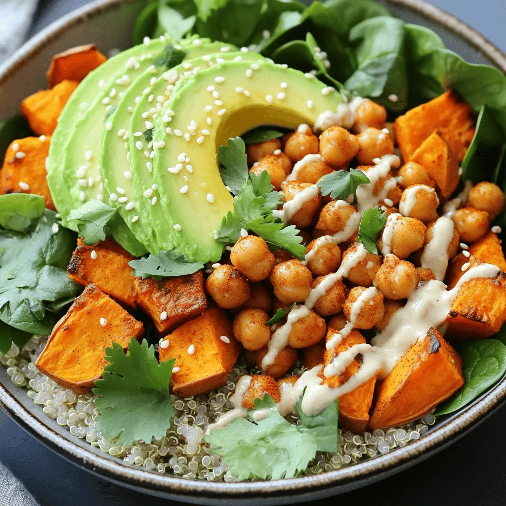 - 2 medium sweet potatoes, diced - 1 can (15 oz) chickpeas, drained and rinsed - 2 tablespoons olive oil - 1 teaspoon smoked paprika - 1 teaspoon ground cumin - Salt and pepper to taste - 2 cups cooked quinoa or brown rice - 1 avocado, sliced - 1 cup baby spinach - 1/4 cup tahini - 2 tablespoons lemon juice - Water to thin tahini sauce - Sesame seeds for garnish - Fresh cilantro, chopped for garnish Sweet potatoes and chickpeas bring so much flavor and nutrition. Sweet potatoes are high in vitamins, while chickpeas provide protein and fiber. When you roast them together, they get crispy and soft. This mix makes a great base for the bowl. I like using olive oil for roasting. It helps the veggies get that nice golden color. Smoked paprika and cumin add a warm, earthy taste. You can adjust the salt and pepper to your liking. For the base, quinoa or brown rice works well. They both give the bowl a good texture. Avocado adds creaminess, while baby spinach adds freshness. The tahini sauce ties everything together. It is rich and nutty. The lemon juice brightens it up. If you want it thinner, just add a little water. Garnish with sesame seeds and cilantro for that extra pop. This bowl is not just a meal; it is a feast for the eyes and taste buds. You can find the full recipe in the article. 1. Preheat your oven to 425°F (220°C). This high heat helps the sweet potatoes cook well. 2. On a baking sheet, toss the diced sweet potatoes and drained chickpeas with olive oil, smoked paprika, cumin, salt, and pepper. Make sure all pieces get coated. 3. Spread the mixture in a single layer on the baking sheet. Roast in the oven for 25-30 minutes. Stir halfway through. This keeps the sweet potatoes tender and the chickpeas crispy. 1. While the sweet potatoes and chickpeas roast, cook the quinoa or brown rice. Follow the package instructions for best results. 2. In a small bowl, mix the tahini and lemon juice. Add water to reach a drizzling consistency. Make sure to adjust with salt and pepper to taste. 1. Start with a base of quinoa or brown rice in your bowl. This adds a nice texture. 2. Top with a handful of baby spinach, a scoop of the roasted sweet potato and chickpea mixture, and slices of avocado. 3. Drizzle the tahini sauce over the top. Finish with a sprinkle of sesame seeds and fresh cilantro for added flavor. You can find the full recipe above. Enjoy your vibrant Sweet Potato and Chickpea Buddha Bowl! The best temperature for roasting vegetables is 425°F (220°C). This heat helps sweet potatoes and chickpeas cook well. It makes them soft inside and slightly crispy outside. To avoid soggy sweet potatoes and chickpeas, make sure they are in a single layer on the pan. Crowding them can cause steam, which leads to sogginess. Stir the pan halfway through cooking to ensure even roasting. You can adjust the flavors of tahini sauce by adding spices. Try garlic powder, cumin, or chili powder for a kick. If you want your sauce creamier, mix in more tahini. To make it thinner, add a bit more water or lemon juice. This allows you to customize the sauce to your taste. For a complete meal, pair your Buddha bowl with a light salad or a refreshing drink. A lemony iced tea or a simple sparkling water works well. If you plan to meal prep, keep the components separate until you serve. This keeps everything fresh and prevents sogginess. When presenting your bowl, use a wide, shallow dish. It highlights the colorful layers and makes the meal look inviting. You can find the full recipe and more tips in the Sweet Potato and Chickpea Buddha Bowl section. {{image_2}} You can boost the protein in your Buddha bowl easily. Try adding beans or lentils. They are great sources of protein and fiber. Use black beans, kidney beans, or green lentils. Each option adds unique flavors and textures. You can also use grilled chicken or tofu for added protein. Grilled chicken gives a nice smoky taste. Tofu is a great plant-based option. It absorbs flavors well and adds creaminess. If you want to switch things up, consider alternatives for sweet potatoes. You can use butternut squash or carrots. These options provide sweetness and color. They will still taste great in your bowl. You can also customize the vegetables and greens. Use kale, roasted bell peppers, or zucchini. Feel free to mix and match based on what you like. Fresh herbs like basil or parsley can add freshness too. To spice things up, try adding chili powder. It adds warmth and depth to your dish. You can also mix in cayenne pepper for extra heat. Just a pinch can make a big difference. Experimenting with different dressings can change the whole flavor. You might enjoy a zesty lemon vinaigrette. Or try a creamy yogurt dressing for a cool touch. The choice is yours! For the full recipe, check out the Sweet Potato & Chickpea Buddha Bowl. To keep your Sweet Potato and Chickpea Buddha Bowl fresh, use airtight containers. Store it in the fridge. This way, it will last about three to four days. When you store it, separate the tahini sauce. This keeps the bowl fresh and prevents sogginess. You can freeze leftovers for longer storage. First, let the bowl cool completely. Then, pack it in freezer-safe containers. Make sure to label them with the date. When you are ready to eat, take it out of the freezer. Let it thaw overnight in the fridge. To reheat, use a microwave or oven until hot. If you have leftover ingredients, get creative! Use the sweet potatoes in a salad or as a side dish. Chickpeas can add protein to soups or stews. You can also blend them into hummus for a tasty dip. A Buddha bowl is a colorful, balanced meal in a bowl. It features grains, veggies, and protein. The idea is to create a nourishing dish that looks vibrant and tastes great. Nutritional benefits include: - Whole grains: These provide fiber and energy. - Vegetables: They add vitamins, minerals, and antioxidants. - Protein: Chickpeas and other legumes boost protein intake. - Healthy fats: Ingredients like avocado and tahini offer good fats for heart health. Yes, you can easily make this recipe gluten-free. Simply swap out the grains in the bowl. Instead of quinoa or brown rice, you can use: - Millet: A nice grain that is gluten-free and tasty. - Cauliflower rice: This is low-carb and very popular. - Buckwheat: Despite its name, it’s gluten-free and nutritious. Be sure to check labels on all packaged foods to avoid gluten. This recipe is already vegan-friendly! All the ingredients are plant-based. To ensure your meal stays vegan, make sure to use: - Tahini: This sesame paste is creamy and rich. - Vegetable stock: If you cook your grains in stock, ensure it's vegan. You can also add vegan toppings like: - Nuts or seeds: These add crunch and protein. - Fresh herbs: Cilantro or parsley brighten the dish. - Sliced radishes: They add a nice crunch and zest. For the [Full Recipe], follow the steps to create a delightful Buddha bowl. This blog post showed how to create a tasty Buddha bowl. You learned about key ingredients, preparation steps, and helpful tips. Roasting sweet potatoes and chickpeas brings out great flavors. You can customize it with proteins or different veggies. Storing leftovers smartly helps reduce waste and keeps meals fresh. Food should be fun and enjoyable. I hope you feel inspired to make your own Buddha bowl today!