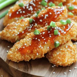 - 1 lb chicken tenders - 1/2 cup all-purpose flour - 1/2 cup breadcrumbs (preferably panko for crunch) - 1/4 cup cornstarch - 1 large egg, beaten - 1/4 cup Sriracha sauce - 1/4 cup honey - 2 tablespoons soy sauce (low sodium for lighter flavor) - 1 tablespoon sesame oil For this dish, chicken tenders are the star. They cook quickly and stay juicy. The coating gives you that nice crunch. I love using panko breadcrumbs. They create a crispy bite that everyone enjoys. Mix flour, cornstarch, and egg to coat the tenders. This helps the breadcrumbs stick well. The Sriracha honey glaze adds sweet and spicy flavors. Honey balances the heat from the Sriracha. Soy sauce gives it a savory touch, while sesame oil adds depth. This glaze makes the dish shine. - 1/2 teaspoon garlic powder - 1/2 teaspoon onion powder - Chopped green onions for garnish - Sesame seeds for garnish You can add garlic and onion powders for extra flavor. They blend well with the chicken. For garnishing, sprinkle chopped green onions and sesame seeds. They add a fresh touch and make the dish look pretty. Pair these chicken tenders with side dishes like rice or a fresh salad. They complement each other nicely. For dipping sauces, I recommend ranch or extra Sriracha. These sauces enhance the flavors and add more fun to your meal. If you're ready to dive deeper into the cooking process, check out the Full Recipe for detailed instructions! 1. Preheat your oven to 400°F (200°C). Line a baking sheet with parchment paper. This step helps the chicken not stick. 2. In a shallow bowl, mix the flour, cornstarch, garlic powder, onion powder, salt, and pepper. This mixture gives the chicken a tasty base. 1. Coat the chicken in this order: first, dip it in the flour mix. Next, coat it in the egg. Finally, roll it in the breadcrumbs. 2. Make sure each tender is covered well. This ensures a crunchy bite. If you want extra crunch, use panko breadcrumbs. 1. Place your coated chicken tenders on the prepared baking sheet. Spray the tops lightly with cooking oil. This helps achieve a golden finish. 2. Bake for 15-20 minutes. Flip them halfway through to cook evenly. The chicken is done when it reaches an internal temperature of 165°F (75°C). 3. While the chicken bakes, let’s prepare the Sriracha honey glaze. In a small saucepan, mix Sriracha, honey, soy sauce, and sesame oil. Heat it over medium-low. Stir often until warmed through. 4. Once the chicken is golden and cooked, drizzle the Sriracha honey glaze over them. Toss the tenders gently to coat. This adds a sweet and spicy kick. 5. Serve warm and enjoy the crunch! For a touch of color, sprinkle chopped green onions and sesame seeds on top. To get that perfect crunch, use panko breadcrumbs. They are lighter and crispier than regular breadcrumbs. This light texture gives your chicken tenders an amazing crunch. Before baking, lightly spray the tenders with oil. This helps them crisp up nicely in the oven. Marinating the chicken adds great flavor. You can use the Sriracha honey glaze as a marinade for about 30 minutes. It makes the chicken juicy and packed with taste. If you want more spice, adjust the Sriracha levels to your liking. Add more for heat or less for a milder flavor. You can bake or fry the chicken tenders, but baking is healthier. Frying gives you a great crunch, but it adds more oil. If you want a healthier option, try using an air fryer. It cooks the chicken quickly and keeps it crispy without much oil. For the full recipe, check out the detailed instructions above and enjoy creating these crunchy and delicious Sriracha honey chicken tenders! {{image_2}} You can mix up the flavor of your Sriracha honey chicken tenders in fun ways. For a sweeter taste, add more honey to the glaze. You can also try different spices to find what you love. Want to brighten it up? Toss in some fresh herbs, like cilantro or parsley, for a fresh twist. If you need gluten-free options, swap regular flour and breadcrumbs for alternatives like almond flour or gluten-free breadcrumbs. For low-carb versions, use crushed pork rinds instead of breadcrumbs. Both choices keep the crunch without the carbs. There are many ways to serve your chicken tenders. You can slice them up and add them to a fresh salad. They also make a great filling for wraps or sandwiches. Just layer them with your favorite veggies and sauces for a tasty meal. To keep your Sriracha honey chicken tenders fresh, place them in the fridge. Use an airtight container to lock in moisture and flavor. If you don’t have one, wrap them tightly in plastic wrap or aluminum foil. This method helps prevent drying out. Try to eat your leftovers within three days for the best taste. When it's time to enjoy your leftovers, reheating in the oven works best. Preheat the oven to 375°F (190°C). Place the tenders on a baking sheet and bake for about 10 minutes. This keeps them crunchy. If you use a microwave, cover the tenders to keep moisture in, but they may turn soft. To stay crispy, I suggest the oven. You can freeze both cooked and uncooked chicken tenders. For cooked tenders, let them cool first. Then, place them in a freezer bag, remove air, and seal it tight. For uncooked tenders, coat them as usual, then freeze them on a baking sheet before transferring them to a bag. When ready to cook, thaw them overnight in the fridge for the best texture. To make Sriracha honey chicken tenders less spicy, try these tips: - Use less Sriracha sauce. - Mix in more honey to balance the heat. - Add a bit of ketchup for sweetness without spice. - Use a mild hot sauce instead of Sriracha. These tweaks will help reduce the heat while still keeping the flavor. Yes, you can use chicken breasts instead of tenders. Just follow these steps: - Cut the chicken breasts into strips. - Ensure the strips are similar in size for even cooking. - Adjust the cooking time since thicker pieces take longer to cook. Aim for an internal temperature of 165°F (75°C) for safety. If you need a substitute for Sriracha, here are some options: - Use sriracha alternatives like sambal oelek for a similar taste. - Try a sweet chili sauce for less heat and more sweetness. - Blend hot sauce with honey for a DIY Sriracha effect. Each choice gives you a different flavor but still keeps the dish fun. For the full recipe and detailed instructions, check out the [Full Recipe]. In this post, we covered how to make delicious Sriracha honey chicken tenders. We discussed key ingredients, from the tender chicken to the spicy glaze. You learned step-by-step preparation, coating, and baking techniques for perfect crunch. We explored flavor variations and storage tips, so you can enjoy these tenders anytime. Now you can cook, store, and serve chicken tenders with confidence. Enjoy tasty bites that impress family and friends!