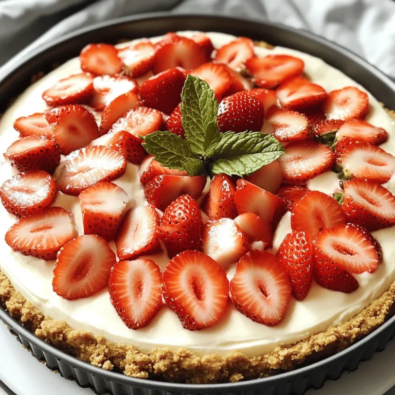 To make this delicious cheesecake, you need the following items: - 1 ½ cups digestive biscuits, crushed - ½ cup unsalted butter, melted - 2 cups cream cheese, softened - 1 cup powdered sugar - 1 teaspoon vanilla extract - 1 cup heavy cream - 1 ½ cups fresh strawberries, hulled and sliced - 1 tablespoon lemon juice - Fresh mint leaves for garnish These ingredients work together to create a rich and creamy cheesecake that melts in your mouth. The digestive biscuits form a sturdy crust, while the cream cheese provides a smooth filling. The strawberries add a burst of flavor, making every bite delightful. To customize your cheesecake further, consider these optional ingredients: - Chocolate shavings - Additional fruit toppings - Alternative sweeteners Adding chocolate shavings can give your cheesecake a fun twist. Extra fruit toppings can enhance the flavor and presentation. If you prefer a different sweetener, you can swap out the powdered sugar for a healthier option. For the complete recipe, check out the [Full Recipe]. To start, mix the crushed digestive biscuits and melted butter in a bowl. You want to stir until it feels like wet sand. This step is simple but key for a tasty base. Next, press the mixture firmly into the bottom of a 9-inch springform pan. Make sure it is even and compact. This will help the crust hold up when we add the filling. Place the pan in the refrigerator for 15 minutes to set. In a large bowl, beat the softened cream cheese using an electric mixer. Mix until it feels smooth and creamy. This makes the filling rich and delicious. Gradually add the powdered sugar and vanilla extract. Keep mixing until everything is well blended. This step adds sweetness and flavor to the cheesecake filling. Now, let’s whip the heavy cream. In another bowl, beat the cream until you see stiff peaks form. This means it will hold its shape well. Gently fold the whipped cream into the cream cheese mixture. Be careful not to deflate the whipped cream. You want a light and fluffy texture. Make sure no streaks remain in the mixture. Before we add the strawberries, toss them with the lemon juice in a bowl. This keeps their color bright and adds a nice zing. Pour half of the cheesecake filling into the crust. Layer half of the strawberries on top. Then, pour the rest of the filling over the strawberries. Finally, add the remaining sliced strawberries on top. Cover the cheesecake with plastic wrap and refrigerate it for at least 4 hours. For the best texture, let it chill overnight. When ready to serve, carefully remove the sides of the springform pan. Don’t forget to garnish with fresh mint leaves for a pop of color. Enjoy your No-Bake Strawberry Cheesecake! You can find the Full Recipe for all the details. To make your cheesecake smooth, chill it well. I recommend letting it sit in the fridge for at least 4 hours. If you can, overnight is best. This helps the cheesecake set up nicely. Always use cream cheese at room temperature. Cold cream cheese mixes poorly and can lead to lumps. For a beautiful finish, think about garnishing with fresh mint leaves. They add color and flavor. You can also slice some fresh strawberries to place on top. Serve your cheesecake on a nice plate to impress your guests. If your cheesecake is too runny, it may need more time in the fridge. Give it a few more hours to set. You can also blend in a bit more whipped cream for thickness. If your crust crumbles, try adding a bit more melted butter. This helps hold it together better. {{image_2}} You can easily switch up the flavors of your no-bake strawberry cheesecake. For a rich twist, try a chocolate version. Just add cocoa powder to the cream cheese mix. You can also use melted chocolate in place of some cream cheese. This adds a lovely depth to the dessert. If you need a nut-free option, skip any nuts in the crust or toppings. Use cookie crumbs instead, like graham crackers or digestive biscuits. This keeps it tasty and safe for those with allergies. There are ways to make this cheesecake fit different diets. For a gluten-free version, use gluten-free digestive biscuits. Many brands offer great options that taste just as good. If you're vegan, swap cream cheese with a plant-based alternative. Use coconut cream or silken tofu for a creamy texture. Replace heavy cream with coconut milk for the perfect consistency. While strawberries shine in this recipe, you can change things up with other fruits. Raspberries and blueberries work great too. They add color and a tart flavor that balances the sweet cheesecake. Seasonal fruits like peaches or cherries also make fantastic toppings. You can mix and match to keep it fresh and exciting. Each fruit brings its own unique taste, making every cheesecake special. To keep your no-bake strawberry cheesecake fresh, cover it tightly with plastic wrap. This prevents the cheesecake from absorbing any odors from the fridge. The cheesecake stays tasty for up to five days in the fridge. After five days, it may lose its best flavor and texture. Always check for any signs of spoilage before enjoying leftovers. You can freeze this cheesecake for a longer shelf life. First, let it chill completely in the fridge. Then, wrap it in plastic wrap and place it in an airtight container. It can last for up to three months in the freezer. When you’re ready to serve, take it out and thaw it in the fridge for about six hours. For quick thawing, you can leave it at room temperature for about an hour. Remember to garnish it after thawing for a fresh look. Enjoy your delicious creation! Check the Full Recipe for more details. Yes, you can use frozen strawberries. Just thaw them first. Pat them dry with a paper towel. This helps keep the cheesecake from getting too watery. Frozen berries can also taste great in your cheesecake. The cheesecake needs to chill for at least 4 hours. For the best results, chill it overnight. This helps the cheesecake set properly. A longer chill time makes the texture creamier and firmer. Absolutely! You can make the cheesecake a day or two ahead of time. Just keep it covered in the fridge. This makes it a perfect dessert for parties or gatherings. You can spend more time enjoying your guests. If you want a different taste, try mascarpone or Greek yogurt. They both work well in this recipe. They can change the flavor and texture a bit. Make sure to adjust the sugar if needed for sweetness. You can tell the cheesecake is set if it is firm to the touch. Gently press the top with your finger. If it springs back, it is ready. The edges should look firm, while the center may still be a little soft. This no-bake strawberry cheesecake is easy and fun to make. You learned about the key ingredients like cream cheese, fresh strawberries, and optional toppings for added flavor. I provided step-by-step instructions to guide you through the whole process. Remember to take care with chilling to get the right texture. Feel free to experiment with flavors and toppings. This dessert can fit many tastes and dietary needs. Enjoy creating and sharing this treat with friends and family!