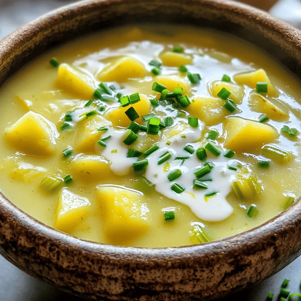 To make a delicious potato leek soup, gather these simple items: - 4 large leeks, cleaned and sliced (white and light green parts only) - 4 medium potatoes, peeled and diced (Yukon Gold or Russet) - 6 cups vegetable broth - 1 cup heavy cream (or coconut cream for dairy-free) - 3 tablespoons unsalted butter (or olive oil for vegan) - 1 teaspoon fresh thyme leaves (or ½ teaspoon dried thyme) - Salt and pepper to taste - Chives or parsley, for garnish If you don’t have all the ingredients, don’t worry! Here are some swaps: - Use green onions instead of leeks for a different flavor. - Substitute any potato type you have on hand. - For a lighter soup, skip the cream or use a plant-based version. - If you need a vegan option, replace butter with olive oil. When picking leeks, look for: - Firm stems without any brown spots. - Bright green tops; they should be fresh and crisp. For potatoes, choose: - Smooth skin with no blemishes or sprouts. - Firm flesh that feels heavy for its size. Fresh ingredients make a big difference in flavor. Enjoy the process! Start by melting the butter in a large pot over medium heat. Add the sliced leeks. Sauté them for about 5 to 7 minutes. You want them soft and clear. Next, toss in the diced potatoes. Stir for about 2 minutes. This helps to mix the flavors. Then, pour in the vegetable broth and add the fresh thyme. Bring the pot to a boil. Once it starts bubbling, lower the heat. Let it simmer for 20 to 25 minutes. Check the potatoes for tenderness. They should be easy to pierce with a fork. - Melt butter: 2 minutes - Sauté leeks: 5-7 minutes - Stir in potatoes: 2 minutes - Simmer soup: 20-25 minutes - Blend soup: 5 minutes - Heat cream: 5 minutes These steps keep your cooking on track. Timing is key to getting the best flavors. Once the soup is ready, take it off the heat. If you want a smooth soup, use an immersion blender. Blend until there are no lumps. For a chunkier soup, leave some potato pieces unblended. This adds texture. After blending, stir in the heavy cream. Taste the soup. Add salt and pepper as needed. Heat it for another 5 minutes on low. Now, your potato leek soup is ready to be served. Follow this Full Recipe for a delightful experience! To make your potato leek soup shine, focus on fresh ingredients. Clean your leeks well, removing any grit. Use Yukon Gold or Russet potatoes for their creamy texture. Sauté the leeks until soft; this builds a sweet flavor base. When blending, leave some potato chunks for a heartier feel. Adjust the cream at the end, tasting as you go. This way, you can find the perfect balance of creaminess. One common mistake is not washing the leeks properly. Grit can ruin your soup. Another error is adding too much liquid too soon. Start with less broth, then add more if needed. Avoid boiling the soup after adding cream. It can curdle and change the taste. Lastly, don’t skip seasoning. Salt and pepper bring out the flavors, so taste and adjust as you cook. Garnishing adds a nice touch to your soup. I love using chopped chives or parsley for a pop of color. A drizzle of olive oil can enhance the flavor too. Serve your soup with crusty bread for a complete meal. You can also pair it with a fresh salad. This soup is great for any occasion, making it a must-try. For the full recipe, check out our Creamy Potato Leek Bliss. {{image_2}} You can add crispy bacon to your potato leek soup for a savory twist. Start by cooking about 6 strips of bacon in your pot before adding the leeks. Cook the bacon until it's crispy, then remove it and set it aside. Leave some bacon fat in the pot for flavor. Sauté the leeks in the fat until soft. Follow the rest of the recipe as usual. Top your soup with the crispy bacon pieces when serving. This adds a crunchy texture and rich taste. If you want a vegan version, swap the heavy cream for coconut cream. Use olive oil instead of butter. This keeps the soup creamy while being dairy-free. You can also skip the cream for a lighter soup. Just blend the potatoes well to achieve a smooth texture. To enhance the flavor, add a dash of nutritional yeast. This gives a cheesy taste without any dairy. Feel free to add seasonal vegetables to your soup for more flavor and nutrition. Carrots or celery work great. Chop them and add them with the leeks. You can also add green peas for a pop of color and sweetness. If it's fall, consider adding a small amount of pumpkin or butternut squash. These veggies will blend well and add a lovely sweetness. Mixing in different vegetables makes your soup unique and delicious. After cooking your potato leek soup, let it cool down. Pour the soup into airtight containers. This keeps it fresh for up to five days in the fridge. Make sure to label the containers with the date. Always store them at the back of the fridge, where it’s coldest. You can freeze potato leek soup for later. Use freezer-safe containers or bags, leaving some space for expansion. It will stay good for about three months in the freezer. When ready to eat, thaw it in the fridge overnight before reheating. This keeps the taste and texture nice. To reheat, pour the soup into a pot over low heat. Stir it often to avoid sticking. If the soup seems thick, add a splash of broth or water. This will help bring it back to the right consistency. You can also use a microwave, but stir every minute for even heating. Enjoy your comforting soup again! To make potato leek soup creamy, use heavy cream or coconut cream. Adding cream gives the soup a rich feel. When you blend the soup, it also helps create a smooth texture. Heat the soup gently after adding the cream. This step keeps the cream from curdling. Yes, you can use other potatoes for this soup. Yukon Gold and Russet potatoes work best. They blend well and add a nice texture. Other types, like red or fingerling potatoes, can also work. Just remember that each type may change the flavor a bit. You can serve many things with potato leek soup. A crusty bread is a great choice. It soaks up the soup and adds crunch. A simple salad also pairs well. Choose greens with light dressing to keep it fresh. Potato leek soup lasts about 3 to 5 days in the fridge. Store it in an airtight container to keep it fresh. Check the soup for any changes in color or smell before eating. If you want to save it longer, consider freezing it. This post explored how to prepare delicious potato leek soup. We covered key ingredients, cooking steps, and tips to enhance flavor. Remember to choose fresh leeks and potatoes for the best taste. Avoid common mistakes for perfect soup. Whether you prefer classic or vegan options, there's a way to make it yours. Finally, store leftovers properly to enjoy later. Enjoy making your soup, and trust your taste!