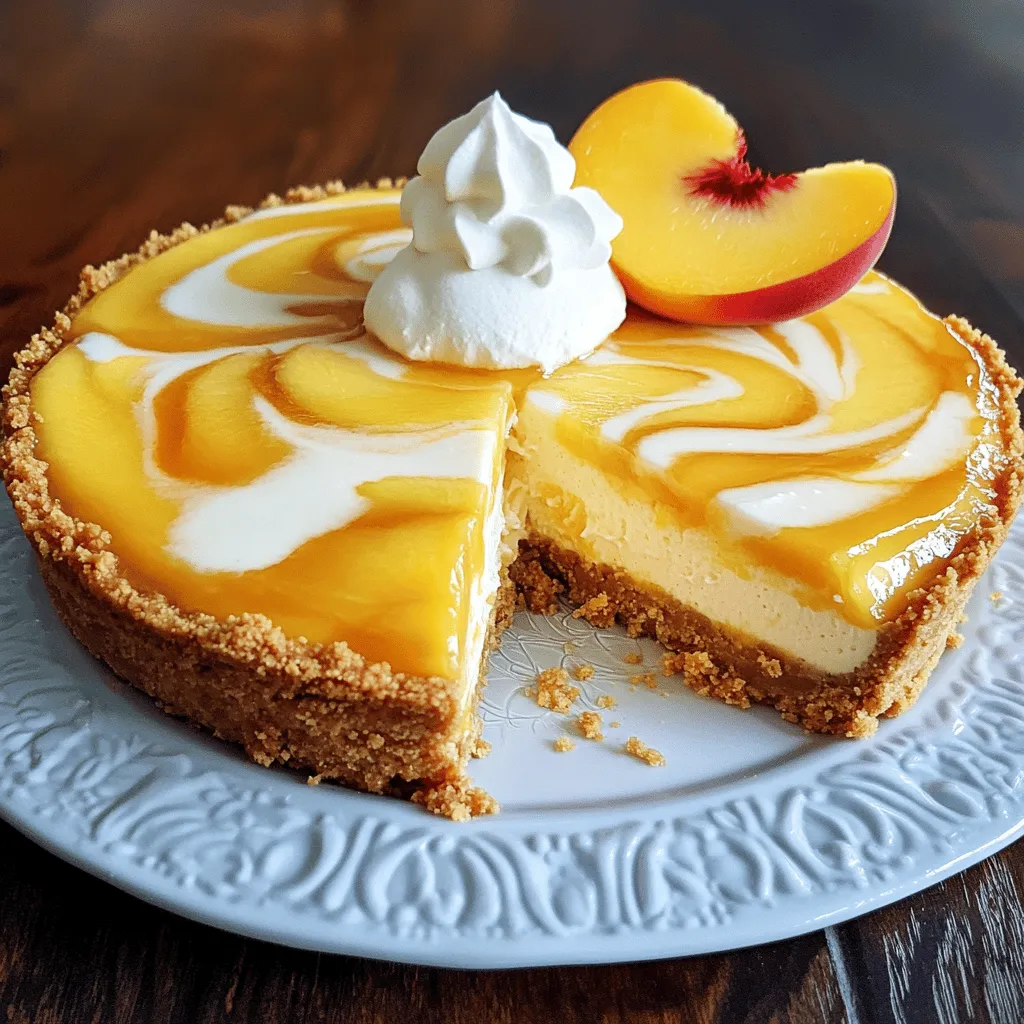 To make a delicious peach swirl cheesecake, gather these ingredients: - Crust: - 1 ½ cups graham cracker crumbs - ½ cup unsalted butter, melted - Cheesecake Filling: - 2 cups cream cheese, softened - 1 cup granulated sugar - 1 teaspoon vanilla extract - 3 large eggs - 1 cup sour cream - Peach Swirl Mixture: - 1 cup fresh peaches, pureed - 2 tablespoons peach preserves - 1 teaspoon lemon juice - Pinch of salt This blend of ingredients creates a creamy, sweet dessert with a lovely peach flavor. The crust provides a crunchy base, while the filling offers smooth richness. The peach swirl adds a fruity twist that makes every bite special. For the full recipe, check out the detailed instructions above. 1. Preheat your oven to 325°F (160°C). Grease a 9-inch springform pan. You can also line the bottom with parchment paper for easy removal. 2. In a medium bowl, mix 1 ½ cups of graham cracker crumbs and ½ cup of melted unsalted butter. Stir until the crumbs feel like wet sand. 3. Press the crumb mixture firmly into the bottom of the springform pan. Ensure it is even. Bake for 8-10 minutes until set and lightly golden. Then, let it cool. 1. In a large bowl, beat 2 cups of softened cream cheese and 1 cup of granulated sugar until smooth. This takes about 2-3 minutes. Scrape down the bowl as you mix. 2. Add 1 teaspoon of vanilla extract and mix well. Then, add 3 large eggs one by one, mixing on low speed. Be careful not to overmix. 3. Gently fold in 1 cup of sour cream until the mixture is just smooth. 1. In a separate bowl, mix 1 cup of pureed fresh peaches, 2 tablespoons of peach preserves, 1 teaspoon of lemon juice, and a pinch of salt. Mix until well combined. 2. Pour half of the cheesecake batter into the cooled crust. Smooth the top with a spatula. 3. Drop spoonfuls of the peach mixture on top of the cheesecake layer. Pour the rest of the cheesecake batter over this layer. 4. Dollop the remaining peach mixture on top. Use a knife or skewer to swirl the peach mixture into the cheesecake for a beautiful marbled look. For the complete instructions, you can check out the Full Recipe. To make a great peach swirl, use a knife or skewer. Just drop spoonfuls of peach mix on top of the cheesecake batter. Then, gently swirl it in. Aim for a marbled look, not a mixed one. For tools, a small offset spatula works well. A toothpick also helps to create nice patterns. Make sure to work slowly to keep the layers distinct. Set your oven to 325°F (160°C). This lower heat helps the cheesecake bake evenly. If it’s too hot, the edges cook fast while the center stays raw. Use an oven thermometer to check your oven's real temp. Watch for cracks! If the cheesecake jiggles in the middle, that's okay. It will set as it cools. Leaving it in the oven with the door open helps prevent cracks too. When serving, add a dollop of whipped cream for extra creaminess. A slice of fresh peach on the side makes it look lovely. You can also sprinkle some graham cracker crumbs on top for crunch. For plating, use a clean, white plate to show off the colors. Arrange the slices neatly and consider adding a mint leaf for a pop of green. This makes your peach swirl cheesecake look even more tempting! {{image_2}} You can swap peaches for other fruits in your swirl. Berries like strawberries, blueberries, or raspberries work well. Citrus fruits like oranges and lemons add a bright twist. Each fruit brings its own flavor and color. This keeps your cheesecake exciting and fresh for every season. You can even mix fruits for a unique look and taste. To lighten your cheesecake, use light cream cheese instead of regular cream cheese. This change cuts fat but keeps the creamy texture. For a dairy-free option, try using nut-based cream cheese. You can also use coconut cream for a rich flavor. These swaps let you enjoy cheesecake without feeling heavy. If you're looking to change the crust, consider using nuts like almonds or pecans. Nut-based crusts add a nice crunch and flavor. You can also make a chocolate crust with crushed cookies. This adds a sweet, rich base that pairs well with the peach swirl. Experimenting with crusts can give your cheesecake a new twist. For the full recipe, check out the Peach Swirl Cheesecake . To keep your peach swirl cheesecake fresh, store it in the refrigerator. Wrap it tightly in plastic wrap or foil. This step helps prevent it from absorbing other smells. Place it in an airtight container if you have one. Your cheesecake will stay good for about five days. If you want to store it longer, consider freezing it. First, slice the cheesecake into pieces. Wrap each slice in plastic wrap, then place them in a freezer bag. This method helps keep the flavor intact. Frozen cheesecake can last for about three months. When you're ready to enjoy your cheesecake, defrost it slowly. The best way is to leave it in the fridge overnight. If you're short on time, you can sit it at room temperature for a couple of hours. To maintain the creamy texture, avoid using a microwave. Instead, let it warm up naturally. This way, it stays soft and delicious. If you have leftover slices, serve them cold for the best taste! You can use plain yogurt instead of sour cream. It adds a nice tang and keeps the cheesecake creamy. Cream cheese works too, but it may change the flavor slightly. If you need a dairy-free option, try coconut yogurt. It adds a hint of sweetness and keeps the texture smooth. This cheesecake lasts about five days in the fridge. Make sure to cover it well with plastic wrap or foil. If you freeze it, it can last up to three months. Just wrap it tightly to avoid freezer burn. Yes, you can make this cheesecake a day or two in advance. After baking, let it cool completely. Then, store it in the fridge. It tastes even better after chilling since the flavors set nicely. Cheesecake cracks often happen due to temperature changes. If the oven is too hot, it can bake unevenly. Another cause is overmixing the batter. Mix just until smooth. To prevent cracks, keep the oven door slightly open while cooling. This helps the cheesecake cool slowly. You now have a complete guide to making peach swirl cheesecake. We covered ingredients, step-by-step instructions, tips for perfecting your dessert, and variations to try. Remember, practice makes perfect. Chefs can add twists, like using different fruits, to customize flavors. Store leftovers well to keep them fresh. Do not forget to make this ahead when needed. Enjoy your time in the kitchen and savor every delicious bite of your creation!