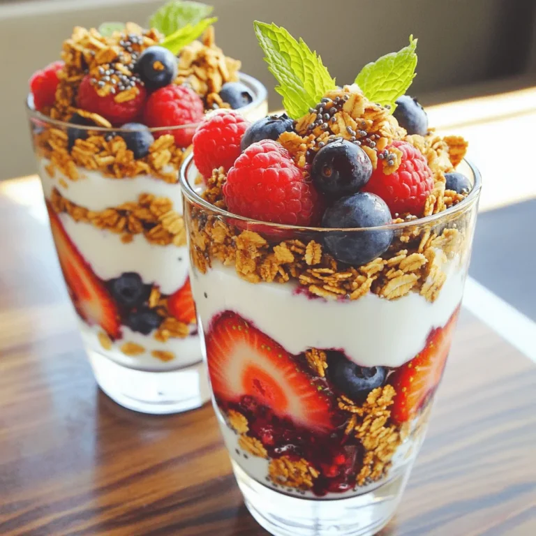 Let’s gather everything you need for your berry yogurt parfait. This recipe is simple and fun. Here’s what you will need: - 2 cups Greek yogurt (plain or vanilla) - 1 cup mixed berries (strawberries, blueberries, raspberries) - 1/2 cup granola (your choice of flavor) - 2 tablespoons honey or maple syrup (optional for added sweetness) - 1 tablespoon chia seeds (optional for added nutrition) - Fresh mint leaves for garnish Using Greek yogurt gives your parfait a nice creaminess. You can choose plain for a tangy flavor or vanilla for sweetness. The mixed berries add color and taste. Strawberries, blueberries, and raspberries work well together. Granola adds a crunchy texture that makes each bite exciting. You can sweeten your parfait with honey or maple syrup. This step is optional if you prefer a less sweet treat. Chia seeds are a great addition for extra nutrition. They blend in well and don’t change the taste much. Lastly, some fresh mint leaves on top add a bright touch. Feel free to get creative with your choices! Enjoy making your berry yogurt parfait just the way you like it. For the complete steps, check the Full Recipe. 1. Preparing the berries: Start with fresh berries. Rinse them well under cold water. Pat them dry using a paper towel. If you have strawberries, remove the green tops and slice them thinly. Make sure the berries are dry to avoid soggy layers. 2. Layering the parfait: Grab a clear glass or bowl. Begin with a spoonful of Greek yogurt at the bottom. This will be your first layer. Next, add a layer of your mixed berries. Use a mix for color and taste. Spread them evenly for a pretty look. 3. Finishing touches: Drizzle honey or maple syrup over the berries if you want it sweeter. Then, sprinkle a layer of granola on top for crunch. Keep layering until you fill your glass. Finish with another scoop of yogurt. For added nutrition, sprinkle chia seeds on top. Finally, add fresh mint leaves for a nice touch. Serve right away, or chill for up to 30 minutes. This makes it even tastier! Make sure to check the [Full Recipe] for more details and tips! To make your berry yogurt parfaits look stunning, serve them in clear glasses. This way, people can see those lovely layers. Each layer should shine with colors and textures. Add a whole berry or two on top for a beautiful touch. A sprig of mint adds freshness and green color. You can customize your parfaits with different toppings. Try adding nuts, seeds, or coconut flakes for extra crunch. You can also switch up the granola flavor or use flavored yogurt. Have fun mixing and matching! To ensure perfect layer consistency, start with yogurt at the bottom. This keeps layers separate and neat. Use a spoon to spread berries evenly. Don’t rush this part; take your time layering. This makes each bite a delight. {{image_2}} You can use many types of berries in your parfaits. Seasonal berries, like strawberries and blueberries, taste great. They add color and flavor. You can also try exotic berries, like acai or goji berries. These can bring new tastes to your dish. Mixing different fruits can create unique flavors. Try raspberries with blackberries for a tart twist. The key is to combine berries that you love. If you want dairy-free options, non-dairy yogurt works well. Almond or coconut yogurt can be just as creamy. Flavored yogurts, like berry or vanilla, can add extra taste. They give your parfait a fun twist. Greek yogurt is thicker and has more protein than regular yogurt. It makes your parfait hearty. Regular yogurt is lighter and can be a good choice too. Choose what fits your taste and diet best. To keep your berry yogurt parfaits fresh, follow these tips: - Refrigerate parfaits right away. - Use airtight containers to prevent spills. - Store them for up to 2 days in the fridge. If you want to keep the layers nice, don’t mix them. The granola might get soggy, so store it separately if you can. You can prepare parts of the parfait ahead of time. Here’s how: - Wash and slice the berries a day in advance. - Store them in a container with a lid in the fridge. - Measure out yogurt and granola for easy use. When you’re ready to serve, just layer everything quickly. This saves you time and keeps the parfait fresh. Berry yogurt parfaits are a great choice for a healthy snack. They offer protein from yogurt, vitamins from berries, and fiber from granola. Greek yogurt helps build strong muscles and keeps you full. Berries are packed with antioxidants, which protect your body. Granola adds crunch and energy. Overall, these parfaits support a balanced diet and taste delicious. Yes, you can make berry yogurt parfaits vegan! Use plant-based yogurt made from almond, coconut, or soy. Replace honey with maple syrup or agave nectar for sweetness. Choose granola that does not contain honey. This way, you can enjoy a tasty vegan parfait that still has great flavor and texture. To remove moisture from berries, rinse them gently under cold water. Use a paper towel to pat them dry. If you use strawberries, hull and slice them first, then dry them. This extra step helps keep your parfait from getting soggy. Dry berries will hold their shape and flavor better in your parfait. You can add many tasty toppings to your parfait! Here are some ideas: - Nuts, like almonds or walnuts, for extra crunch - Seeds, like sunflower or pumpkin seeds - Coconut flakes for a tropical touch - Dark chocolate chips for a sweet twist - Fresh herbs, like basil or mint, for a flavor boost Mix and match your favorites to keep it exciting! You can store berry yogurt parfaits overnight in the fridge! Use an airtight container to keep them fresh. However, the granola may get soft. To avoid this, store granola separately and add it just before serving. This way, your parfait will remain crunchy and delicious! You can create delicious berry yogurt parfaits with simple ingredients. Greek yogurt, mixed berries, and granola make a great base. Layer them nicely, and add your favorite sweetener. Don't forget to explore fun toppings and different yogurt options. These parfaits are not only tasty but also healthy. You can customize them and make them look great. Remember to store leftovers properly for freshness. Enjoy making these parfaits for breakfast or snacks!