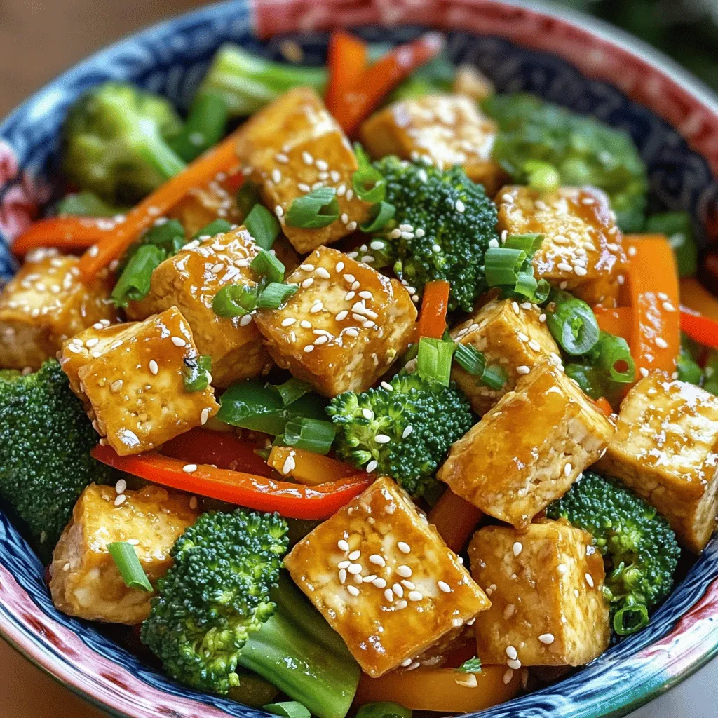- 1 block firm tofu - 2 tablespoons cornstarch - 1 tablespoon sesame oil - 1 bell pepper (any color) - 1 cup broccoli florets - 1 carrot (julienned) - 3 cloves garlic (minced) - 1-inch piece ginger (grated) - 3 tablespoons soy sauce (or tamari for gluten-free) - 1 tablespoon rice vinegar - 1 teaspoon sriracha (optional) - Sesame seeds for garnish When making crispy tofu stir fry, you need a few key ingredients. Start with firm tofu. It gives you the best texture. Press it to remove excess water. This step helps the tofu get crispy. Next, coat the tofu with cornstarch. This makes it crunchy and golden when cooked. For the vegetables, choose a bell pepper. Any color works, so pick your favorite. Broccoli florets add a nice crunch. Carrots, sliced into thin strips, add sweetness. Together, they make the dish colorful and fresh. Seasonings are where the magic happens. Mince garlic and grate ginger for a flavorful punch. Soy sauce brings a savory note, while rice vinegar adds a touch of tang. If you like heat, add sriracha. Finally, sprinkle sesame seeds on top for a beautiful finish. This combination of ingredients will create a crispy tofu stir fry that is both healthy and tasty. For all the details, check out the full recipe. First, you need to press the tofu. This removes extra water. Place the tofu between two plates. Put something heavy on top for about 15 minutes. After pressing, cut the tofu into cubes. They should be about one inch big. Next, take the cubes and put them in a bowl. Sprinkle 2 tablespoons of cornstarch over the tofu. Gently toss until each piece is coated. This step is key for getting that crispy texture. Now, heat 1 tablespoon of sesame oil in a large skillet. Use medium-high heat for best results. Once the oil is hot, add the tofu cubes in one layer. Cook them for about 5-7 minutes. Turn the cubes occasionally until they turn golden brown and crispy. This is when they get that nice texture. Once done, remove the tofu from the pan and set it aside. In the same pan, add a little more oil if needed. Now, it’s time to add your veggies. Start by adding the sliced bell pepper, 1 cup of broccoli florets, and 1 julienned carrot. Stir-fry these for about 4-5 minutes. You want them to be tender but still crisp. After that, add 3 cloves of minced garlic and 1-inch of grated ginger. Cook for one more minute until you can smell the aroma. It’s time to bring it all together. Return the crispy tofu to the pan with the veggies. In a separate bowl, mix 3 tablespoons of soy sauce, 1 tablespoon of rice vinegar, and 1 teaspoon of sriracha if you like some heat. Pour this mixture over the tofu and veggies. Toss everything gently to coat. Stir-fry for another 2-3 minutes until everything is hot. For a nice finish, sprinkle with sliced green onions and sesame seeds before serving. Enjoy your delicious meal! To get that extra crispiness in your crispy tofu stir fry, start with the right oil. Use a high smoke point oil like canola or grapeseed oil. This helps the tofu cook evenly without burning. Next, make sure your tofu is well-coated with cornstarch. This step is key! The cornstarch creates a nice crust that makes the tofu crunchy. Toss the tofu cubes in a bowl with cornstarch until they are fully covered. When cooking your vegetables, adjust the cooking times based on how tender you want them. For a crispier bite, cook them for a shorter time. If you prefer softer vegetables, give them a few extra minutes. Don't be afraid to experiment with different vegetables for variety. Try adding snap peas, mushrooms, or zucchini to change up the flavor and texture. Each vegetable brings something unique to the dish! To boost the flavor of your crispy tofu stir fry, add chili flakes for some heat. Just a pinch can elevate the dish without overwhelming it. Fresh herbs like cilantro or basil add brightness. Toss them in right before serving for an extra pop of flavor. These simple enhancements can make your meal more exciting and satisfying. {{image_2}} You can change the protein in your crispy tofu stir fry. If you want plant-based options, try tempeh or seitan. Both have great textures and soak up flavors well. For meat lovers, chicken or shrimp makes a tasty addition. Just cook them until fully done before adding the veggies. If you need a gluten-free dish, swap soy sauce for tamari. Tamari has a similar taste and works well. For the coating, use gluten-free cornstarch or rice flour. This keeps the crispy texture while making it safe for gluten-free diets. You can also play with flavors to change the dish's style. For a Thai-inspired twist, add lime juice and crushed peanuts. This gives it a fresh and crunchy feel. To make it Chinese-style, mix in hoisin sauce. This sweet and savory sauce adds depth and makes the dish even more satisfying. Store your leftovers in an airtight container. This keeps the tofu and veggies fresh. I recommend eating them within three days. After that, the texture may change, and flavors fade. You can freeze your tofu stir fry in portions. This is great for quick meals later. It stays good for up to one month. To enjoy, simply thaw and reheat. This makes it easy to enjoy a healthy dish anytime. To make crispy tofu stir fry, follow the cooking steps in the article. Start by pressing the tofu to remove moisture. Cut it into cubes and coat with cornstarch. Heat sesame oil in a skillet. Cook the tofu until it turns golden brown and crispy. Stir-fry your choice of veggies until tender. Add garlic and ginger for flavor. Finally, mix the crispy tofu back in with soy sauce and other seasonings. Yes, you can use frozen vegetables. However, be aware that frozen veggies often need more cooking time. They might also release extra water, which can affect your stir fry's texture. Stir well and watch for doneness to get the best results. You can serve crispy tofu stir fry with rice, quinoa, or noodles. These sides complete your meal and add more texture. You can also add a sprinkle of sesame seeds and fresh herbs for extra flavor. The prep time for this dish is about 15 minutes. Cooking time takes around 30 minutes. So, you can have a tasty meal ready in about 45 minutes. It’s quick and perfect for busy weeknights! Full Recipe: Crispy Tofu Stir Fry This blog post guided you through making a tasty crispy tofu stir fry. We discussed the key ingredients, step-by-step instructions, and helpful tips for perfecting your dish. Remember, you can customize your stir fry with different veggies or proteins to fit your taste. Store leftovers wisely for future meals. Enjoy your cooking adventure and create a dish that satisfies your hunger and taste buds!