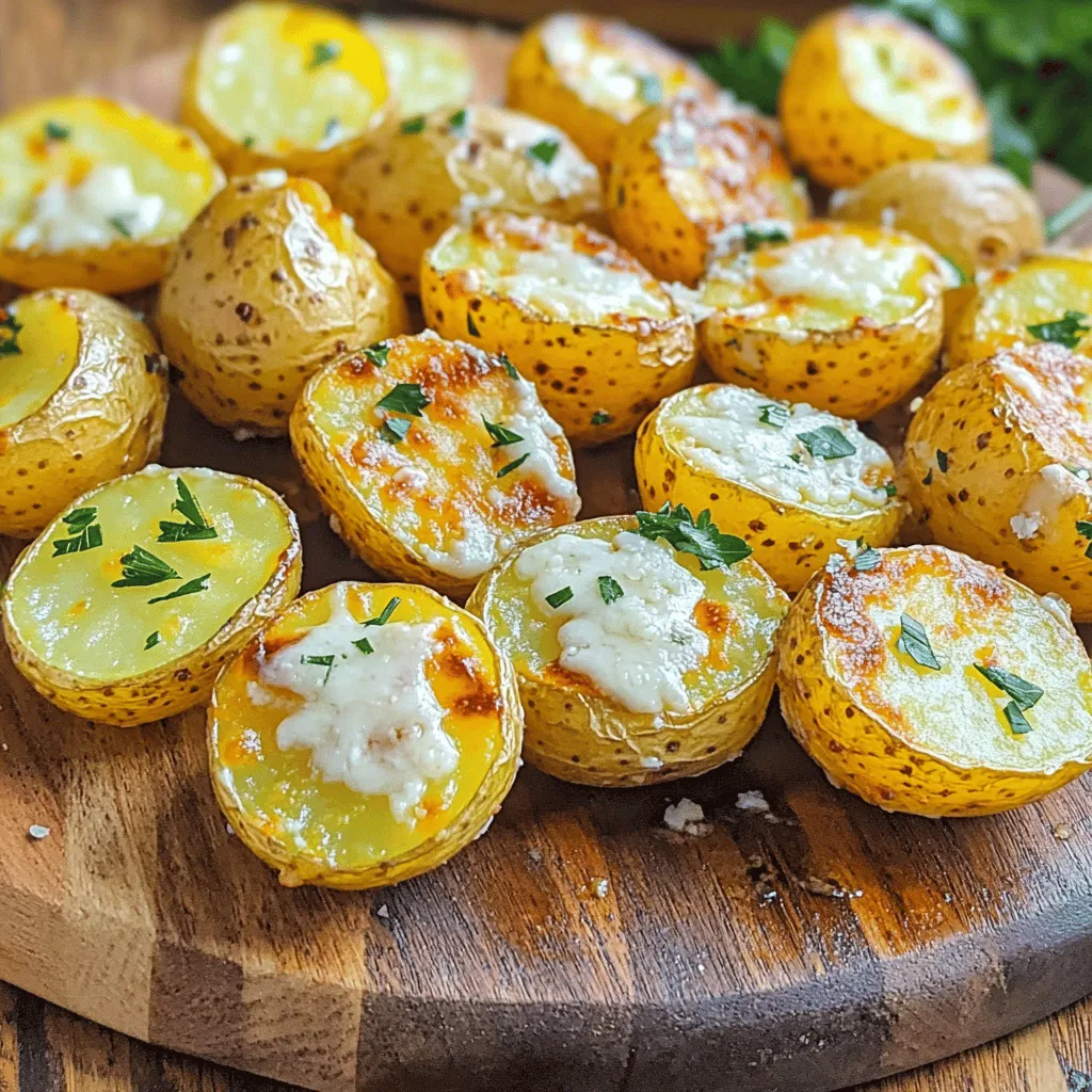 - 1.5 pounds baby potatoes - 4 cloves garlic - 1/3 cup grated Parmesan cheese For this recipe, I love using baby potatoes. They are small and tender, making them perfect for roasting. You can leave the skin on to keep them nutritious. Garlic adds depth of flavor, while Parmesan brings a rich, savory touch. - Fresh rosemary and smoked paprika - Olive oil and seasoning Rosemary gives a fresh, earthy taste. Smoked paprika adds warmth and a hint of smokiness. Olive oil helps the potatoes crisp up nicely. Adding salt and pepper enhances all the flavors. - Fresh parsley - Additional Parmesan and rosemary sprigs For a pop of color, I like to sprinkle fresh parsley on top. You can also add more Parmesan and a few rosemary sprigs for a beautiful presentation. These simple garnishes make the dish look gourmet, and they add even more flavor. For the full recipe, check out the link provided. 1. Preheat the Oven: Start by preheating your oven to 425°F (220°C). This step is key for crispy potatoes. While the oven heats, line a baking sheet with parchment paper. This helps with easy cleanup. 2. Mix the Potatoes and Seasoning: In a large mixing bowl, combine 1.5 pounds of halved baby potatoes, 4 cloves of minced garlic, 3 tablespoons of olive oil, 1 tablespoon of chopped fresh rosemary, 1 teaspoon of smoked paprika, and salt and pepper to taste. Toss everything together well. Make sure each potato is coated with oil and seasonings for full flavor. 1. Spread Potatoes on the Baking Sheet: Pour the seasoned potatoes onto the lined baking sheet. Spread them out in a single layer, cut side down. This position helps them become nice and crispy. 2. First Roasting Phase: Place the baking sheet in the preheated oven. Roast for 25 minutes. This time allows the potatoes to soften and start browning. 1. Adding Parmesan Cheese: After 25 minutes, take out the baking sheet. Sprinkle 1/3 cup of grated Parmesan cheese evenly over the potatoes. The cheese will add a rich, savory flavor. 2. Final Roasting Phase: Return the baking sheet to the oven. Roast for another 10-15 minutes. Keep an eye on them. You want the potatoes to turn golden brown and crispy, and the cheese should melt and bubble. For the full recipe, follow these steps closely. You will end up with garlic Parmesan roasted potatoes that are crispy outside and soft inside. Enjoy cooking! To get the best garlic Parmesan roasted potatoes, cut your baby potatoes in half. Try to keep each piece about the same size. This helps them cook evenly. If some pieces are small and others large, they may not roast well. Also, use a baking sheet lined with parchment paper. This makes for easy cleanup and prevents sticking. For crispy potatoes, always place the cut side down. This maximizes contact with the hot pan. The heat will give them a nice golden brown crust. If you want them extra crispy, you can increase the baking time by a few minutes. Just keep an eye on them so they don't burn. To make these potatoes special, add some spices and herbs. Fresh rosemary works great, but you can use dried too. Smoked paprika adds a nice touch as well. Fresh ingredients bring bright flavors, while dried spices are handy when fresh isn’t available. Don’t be shy to mix and match! For the full recipe, check out the complete details above. {{image_2}} You can add different herbs or spices to change the taste. Try thyme or oregano for a fresh twist. Want more heat? Sprinkle in some red pepper flakes. You can also switch up the cheese. Parmesan is great, but cheddar or feta works well too. Each cheese brings its own unique flavor. If you follow a vegan diet, use nutritional yeast instead of cheese. This gives a cheesy flavor without dairy. For gluten-free options, ensure your seasonings are gluten-free. Most spices and oils are safe, making this dish easy for all diets. These potatoes pair well with proteins like chicken or fish. They also go great with salads for a lighter meal. To make it a complete meal, serve with a dip like ranch or garlic sauce. Enjoying this dish is all about your preferences! To keep your Garlic Parmesan Roasted Potatoes fresh, store them in airtight containers. Glass or plastic containers work well. Make sure the potatoes are completely cool before sealing them. This helps prevent moisture build-up. You can store them in the fridge for up to four days. You have two great options for reheating: an oven or a microwave. The oven is best if you want crispy potatoes. Preheat your oven to 375°F (190°C). Spread the potatoes on a baking sheet and heat for about 10-15 minutes. If you use a microwave, place the potatoes in a safe dish and cover them. Heat in short bursts of 30 seconds. However, this might make them a bit soft. To keep them crispy, the oven is the way to go. Yes, you can freeze roasted potatoes! But they might lose some texture. To freeze, let them cool completely. Then, place them in a single layer on a baking sheet. Freeze them for about an hour. Once frozen, transfer them to a freezer bag. This helps prevent them from sticking together. When ready to eat, thaw in the fridge overnight and reheat in the oven for best results. Can I use regular potatoes instead of baby potatoes? Yes, you can use regular potatoes. Just cut them into smaller pieces. This ensures they cook evenly and get crispy. Baby potatoes have a nice creamy texture, but regular ones will work too. What can I substitute for Parmesan cheese? You can use nutritional yeast for a vegan option. It gives a cheesy flavor without dairy. If you want a similar taste, try Pecorino Romano cheese. It is a bit saltier but works well. How do I know when the potatoes are done? The potatoes are done when they are golden brown and crispy. You can also poke them with a fork. If it goes in easily, they are ready. Can I prepare the mixture ahead of time? Yes, you can mix the potatoes and seasoning ahead of time. Cover the bowl and keep it in the fridge. Just roast them when you are ready. This makes meal prep easy. Caloric content per serving Each serving has about 200 calories. This can vary based on the amount of oil and cheese used. Health benefits of using certain ingredients Garlic helps boost your immune system. Olive oil is a healthy fat that can aid your heart. Potatoes provide fiber and vitamins, making this dish both tasty and good for you. In this blog post, I covered how to make Garlic Parmesan Roasted Potatoes. We started with the main ingredients like baby potatoes, garlic, and Parmesan. I shared step-by-step instructions to ensure they come out crispy and tasty. We also explored variations, storage tips, and common questions. Roasting potatoes is simple and fun. You can add your twist with fresh herbs or different cheeses. Enjoy making this dish and impress your friends with your cooking skills.