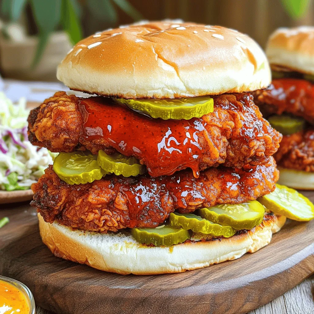 To make Fiery Nashville Hot Chicken, you need a few key items. Here’s what you will use: - 4 chicken thighs (boneless and skinless) - 1 cup buttermilk - 1 tablespoon hot sauce (like Tabasco) - 1 cup all-purpose flour - Vegetable oil for frying - Soft sandwich buns, for serving - Pickles, for serving - Honey, for drizzling (optional) Spices give Nashville hot chicken its famous kick. Here are the must-have spices: - 1 teaspoon garlic powder - 1 teaspoon onion powder - 1 teaspoon smoked paprika - 1 teaspoon cayenne pepper - 1 teaspoon salt - 1 teaspoon black pepper - 2 tablespoons additional cayenne pepper for hot sauce mix These spices add depth and heat to your chicken. Adjust the cayenne pepper to fit your taste. To make your meal even better, serve your hot chicken with these sides: - Pickles add crunch and coolness. - Soft sandwich buns hold everything together. - Drizzle honey for a sweet touch, if you like. These accompaniments balance the heat and enhance the dish. For the full recipe, check out the ingredients above. To start, you need to make the marinade. In a bowl, mix together buttermilk, hot sauce, garlic powder, onion powder, smoked paprika, and 1 teaspoon cayenne pepper. This mix gives the chicken its delicious flavor. Add the chicken thighs to the bowl. Make sure they are fully coated. Cover the bowl and place it in the fridge. Let the chicken marinate for at least 4 hours or overnight if you can. The longer, the better! Next, it’s time to prepare for frying. In a separate bowl, combine the flour, salt, black pepper, and the remaining cayenne pepper. This will be your dredging mix. Heat vegetable oil in a deep skillet or frying pan. You need enough oil to cover the bottom of the pan at least 1 inch deep. Remove the chicken from the fridge. Let the excess buttermilk drip off. Then, dredge the chicken thighs in the flour mixture. Make sure they are evenly coated. Once the oil is hot, carefully place the chicken in the pan. Fry each piece for about 5-7 minutes on each side. You want them to be golden brown and cooked through. After frying, place the chicken on a paper towel-lined plate to drain excess oil. Now, let’s make the spicy butter sauce! In a small bowl, mix the melted butter with 2 tablespoons of cayenne pepper. This will add extra heat to your chicken. Brush the spicy butter sauce generously over each piece of fried chicken while it is still hot. This step is key to achieving that fiery flavor. For the complete recipe, check out the Full Recipe. To get crispy chicken, start with dry chicken thighs. Pat them with paper towels. The drier they are, the better they will fry. Use a heavy pan to heat oil. A cast iron skillet works great. Make sure your oil is hot before frying. Test it by dropping in a small piece of bread. If it sizzles, you are ready. Fry in small batches to keep the oil hot. This helps each piece cook evenly and stay crisp. If you want less spice, reduce the cayenne pepper in the marinade. You can also add more buttermilk to tone it down. Another trick is to serve it with a sweet sauce, like honey. If you love heat, add extra cayenne to the butter sauce. You can even sprinkle more on top after frying. Taste as you go, and adjust to fit your heat level. Marinate the chicken for at least four hours. For the best flavor, leave it overnight. This helps the spices soak in well. Use a sealed bag for easy handling. Remember to keep it in the fridge to stay safe. When ready to cook, let the chicken sit at room temperature for about 30 minutes. This helps it cook evenly. Follow these steps, and you will have the best Nashville hot chicken ever. For the full recipe, check the earlier section! {{image_2}} You can use different chicken cuts for Nashville hot chicken. Chicken thighs work great, but you can try chicken legs or wings. Legs give a juicy bite. Wings are fun for parties. They cook faster and are perfect for sharing. Just remember to adjust your cooking time based on the cut you choose. While the classic spicy mix is key, you can play around with spices. For a smokier flavor, add chipotle powder. For a milder kick, use smoked paprika alone. Garlic and onion powders are also great for depth. If you love herbs, mix in dried oregano or thyme. Don’t be afraid to experiment! Nashville hot chicken isn't just for sandwiches. You can serve it with sides like coleslaw or fries. Try it on a bed of rice for a filling meal. Use it as a topping for a salad for some heat. Drizzle some honey over the chicken to balance the spice. The options are endless! For the full recipe, check the link above. To store leftover Nashville hot chicken, let it cool first. Place the chicken in an airtight container. You can keep it in the fridge for up to 3 days. Make sure to separate pieces if you have more than one. This helps them stay crispy and not stick together. Reheating Nashville hot chicken can be tricky. For the best results, use an oven. Preheat your oven to 375°F (190°C). Place the chicken on a baking sheet lined with foil. Heat for about 15-20 minutes. This method keeps the chicken crispy and tasty. Avoid using the microwave, as it can make the chicken soggy. You can freeze Nashville hot chicken too! Let it cool completely first. Wrap each piece tightly in plastic wrap, then place them in a freezer bag. This helps avoid freezer burn. You can freeze the chicken for up to 3 months. When ready to eat, thaw it in the fridge overnight. Then, reheat it in the oven for the best taste. Nashville hot chicken is a crispy fried chicken dish. It comes from Nashville, Tennessee. This dish stands out for its spicy flavor. The chicken is coated in a fiery blend of spices. It is usually served on a soft bun with pickles. Many people enjoy it with a drizzle of honey. To make Nashville hot chicken less spicy, adjust the cayenne pepper. You can use half the amount called for in the recipe. Also, choose a milder hot sauce. Another option is to add more buttermilk in the marinade. This will help cool down the heat. You can also serve it with cooling sides like coleslaw or ranch dressing. Nashville has many great spots for hot chicken. Some famous places include Hattie B’s and Prince’s Hot Chicken. These spots are known for their spicy, crispy chicken. You can also find hidden gems in local diners. Each place has its own twist on the classic recipe. If you visit, be sure to try a few! Nashville hot chicken packs bold flavors and a crunchy crust. We covered its key ingredients and step-by-step cooking methods. You can adjust spice levels and try variations too. Remember, marinating is key to juicy chicken. Also, store leftovers properly for the best taste later. I hope these tips help you create your perfect Nashville hot chicken. Enjoy the spicy joy in every bite!